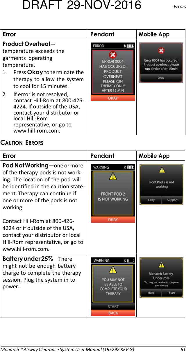 DRAFT 29-NOV-2016  Errors   $ *! $— temperature exceeds the garments  operating temperature. 1. Press 5+to terminate the therapy to  allow  the  system to cool for 15 minutes. 2. If error is not resolved, contact Hill-Rom at 800-426- 4224. If outside of the USA, contact your distributor or local  Hill-Rom representative, or go to www.hill-rom.com.                #  $ *! $&apos;5-—one or more of the therapy pods is not work- ing. The location of the pod will be identified in the caution state- ment. Therapy can continue if one or more of the pods is not working. Contact Hill-Rom at 800-426- 4224 or if outside of the USA, contact your distributor or local Hill-Rom representative, or go to www.hill-rom.com.   +7;&lt;—There might  not be enough battery charge to complete the therapy session. Plug the system in to power.    Monarch™ Airway Clearance System User Manual (195292 REV G)  61 
