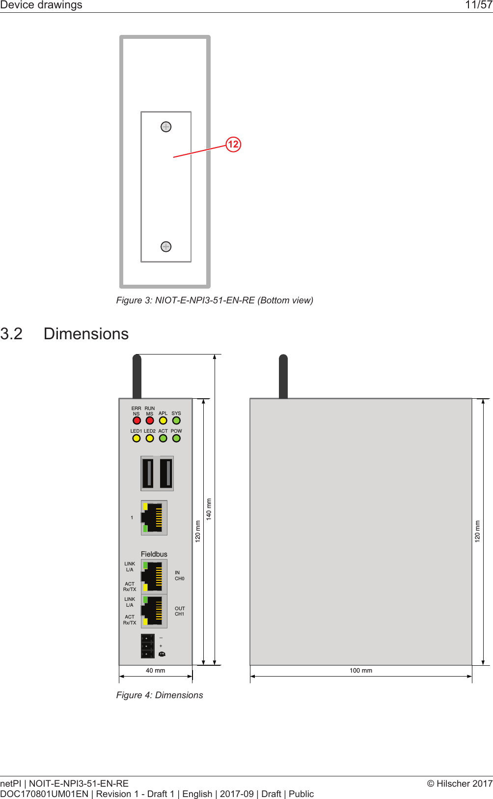 Device drawings 11/5712Figure3: NIOT-E-NPI3-51-EN-RE (Bottom view)3.2 DimensionsFieldbusERRNSRUNMS APL SYSLED1 LED2 ACT POWLINKL/ALINKL/AACTRx/TXACTRx/TXINCH0OUTCH1--+120 mm140 mm40 mm120 mm100 mmFigure4: DimensionsnetPI | NOIT-E-NPI3-51-EN-REDOC170801UM01EN | Revision 1 - Draft 1 | English | 2017-09 | Draft | Public&copy; Hilscher 2017