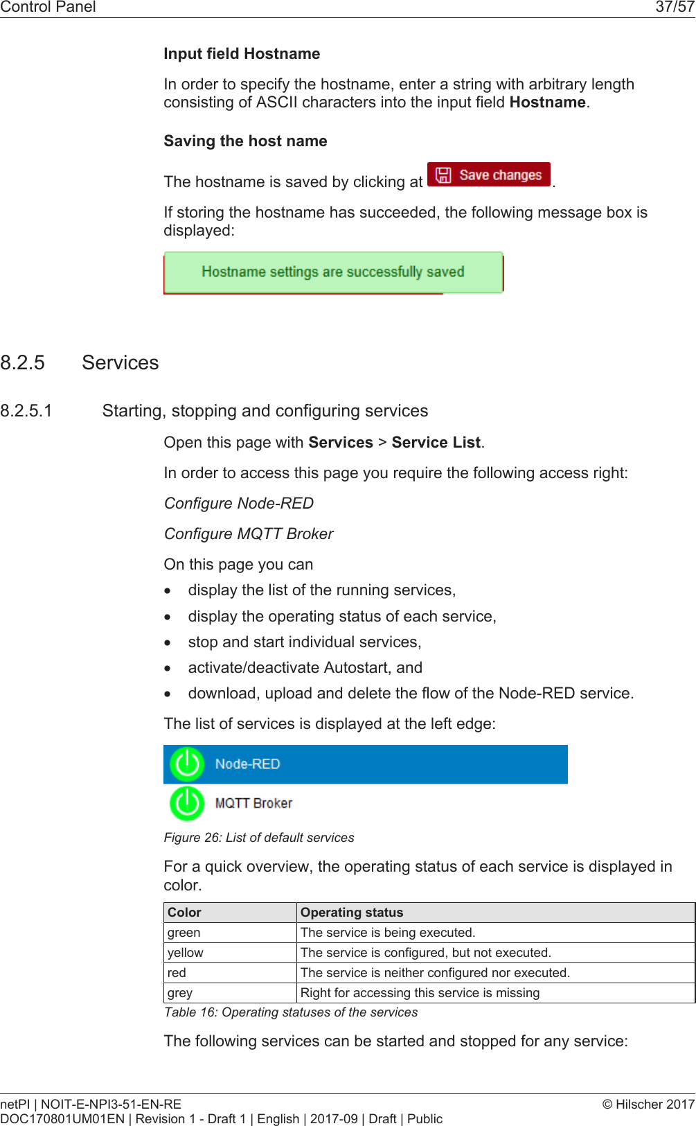 Control Panel 37/57Input field HostnameIn order to specify the hostname, enter a string with arbitrary lengthconsisting of ASCII characters into the input field Hostname.Saving the host nameThe hostname is saved by clicking at  .If storing the hostname has succeeded, the following message box isdisplayed:8.2.5 Services8.2.5.1 Starting, stopping and configuring servicesOpen this page with Services > Service List.In order to access this page you require the following access right:Configure Node-REDConfigure MQTT BrokerOn this page you can&middot;display the list of the running services,&middot;display the operating status of each service,&middot;stop and start individual services,&middot;activate/deactivate Autostart, and&middot;download, upload and delete the flow of the Node-RED service.The list of services is displayed at the left edge:Figure26: List of default servicesFor a quick overview, the operating status of each service is displayed incolor.Color Operating statusgreen The service is being executed.yellow The service is configured, but not executed.red The service is neither configured nor executed.grey Right for accessing this service is missingTable16: Operating statuses of the servicesThe following services can be started and stopped for any service:netPI | NOIT-E-NPI3-51-EN-REDOC170801UM01EN | Revision 1 - Draft 1 | English | 2017-09 | Draft | Public&copy; Hilscher 2017