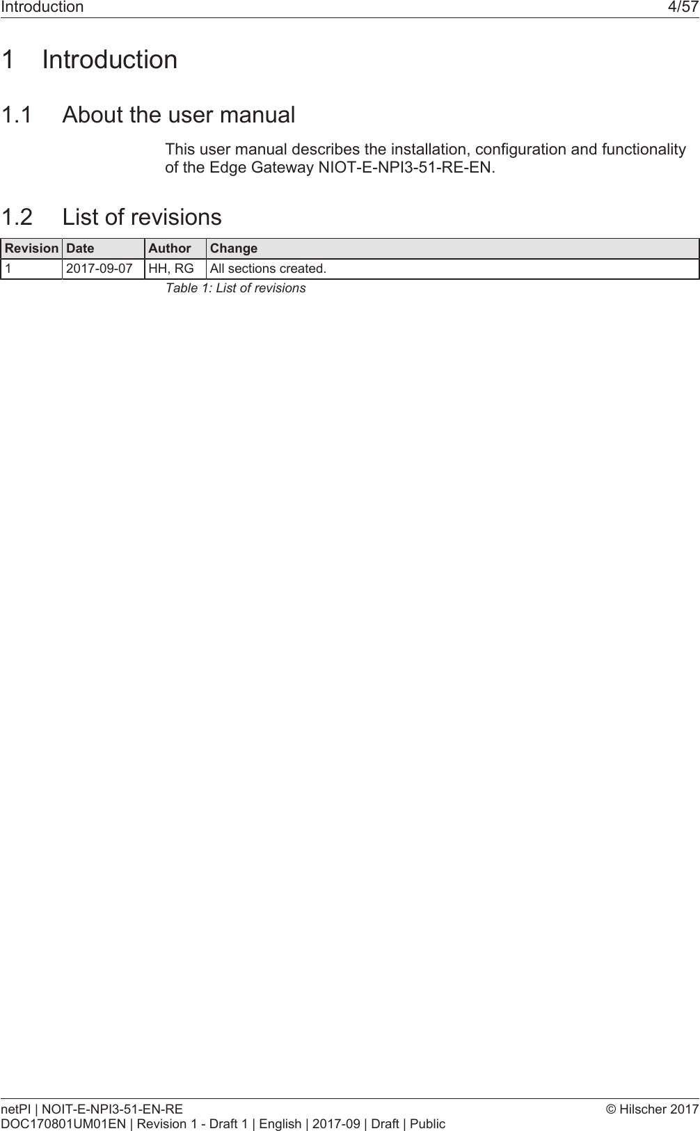 Introduction 4/571 Introduction1.1 About the user manualThis user manual describes the installation, configuration and functionalityof the Edge Gateway NIOT-E-NPI3-51-RE-EN.1.2 List of revisionsRevision Date Author Change1 2017-09-07 HH, RG All sections created.Table1: List of revisionsnetPI | NOIT-E-NPI3-51-EN-REDOC170801UM01EN | Revision 1 - Draft 1 | English | 2017-09 | Draft | Public&copy; Hilscher 2017