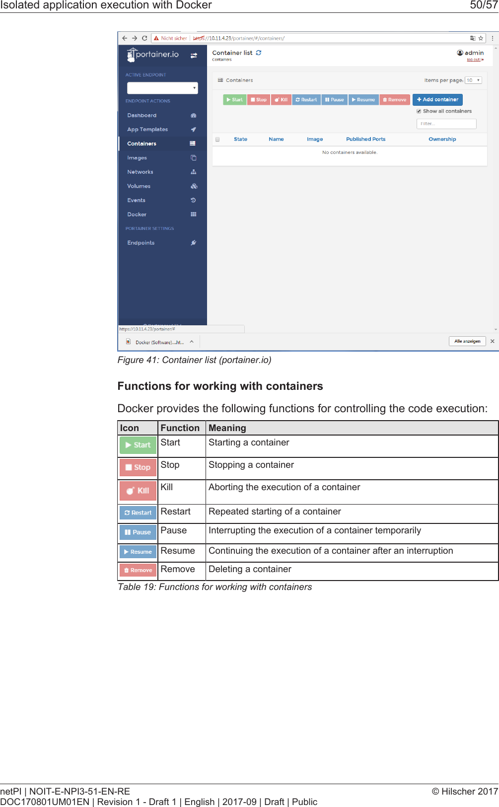 Isolated application execution with Docker 50/57Figure41: Container list (portainer.io)Functions for working with containersDocker provides the following functions for controlling the code execution:Icon Function MeaningStart Starting a containerStop Stopping a containerKill Aborting the execution of a containerRestart Repeated starting of a containerPause Interrupting the execution of a container temporarilyResume Continuing the execution of a container after an interruptionRemove Deleting a containerTable19: Functions for working with containersnetPI | NOIT-E-NPI3-51-EN-REDOC170801UM01EN | Revision 1 - Draft 1 | English | 2017-09 | Draft | Public&copy; Hilscher 2017
