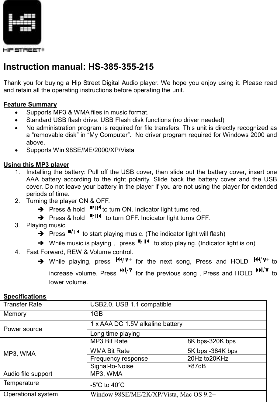 Page 1 of 2 - Hip-Street Hip-Street-Hs-385-355-215-Users-Manual HS-215 Manual - French