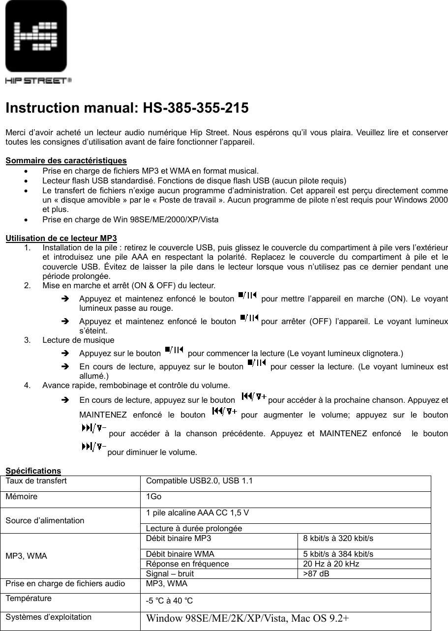 Page 2 of 2 - Hip-Street Hip-Street-Hs-385-355-215-Users-Manual HS-215 Manual - French