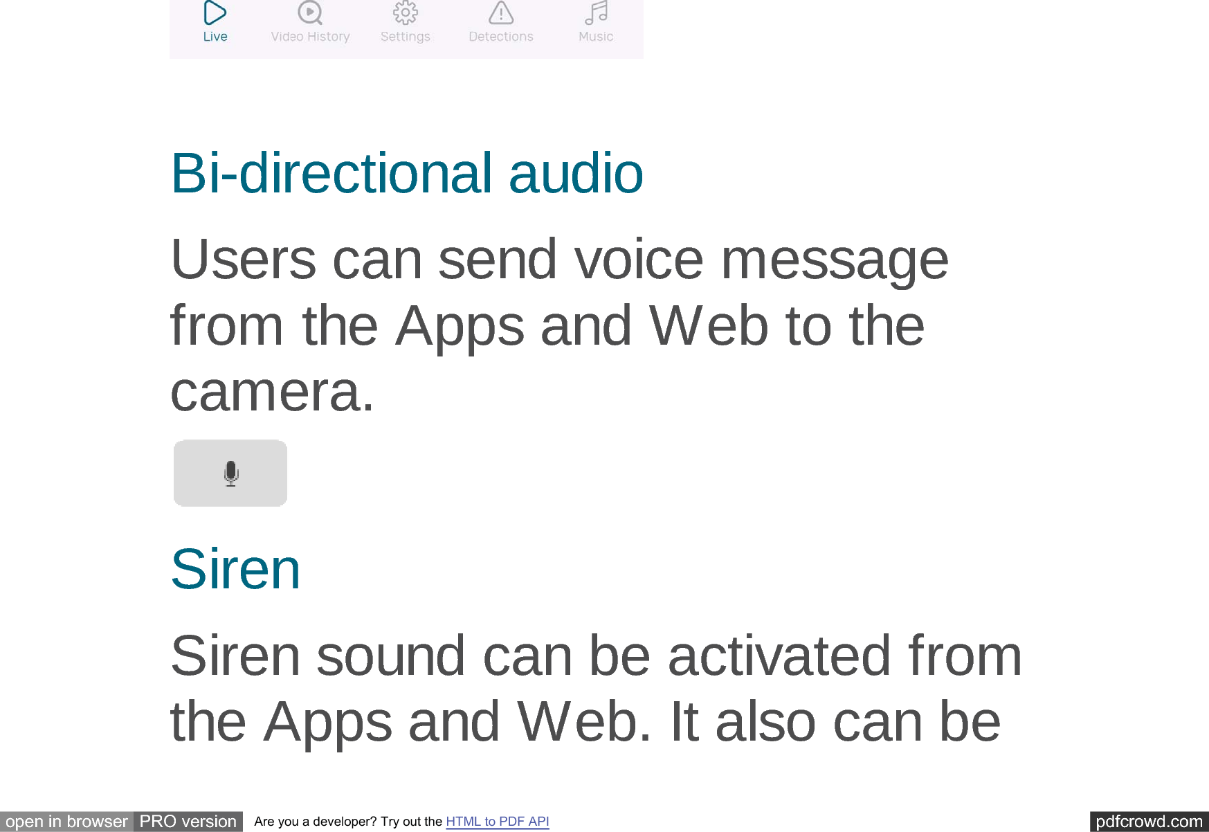 pdfcrowd.comopen in browser PRO version Are you a developer? Try out the HTML to PDF API%LGLUHFWLRQDODXGLR8VHUVFDQVHQGYRLFHPHVVDJHIURPWKH$SSVDQG:HEWRWKHFDPHUD6LUHQ6LUHQVRXQGFDQEHDFWLYDWHGIURPWKH$SSVDQG:HE,WDOVRFDQEH