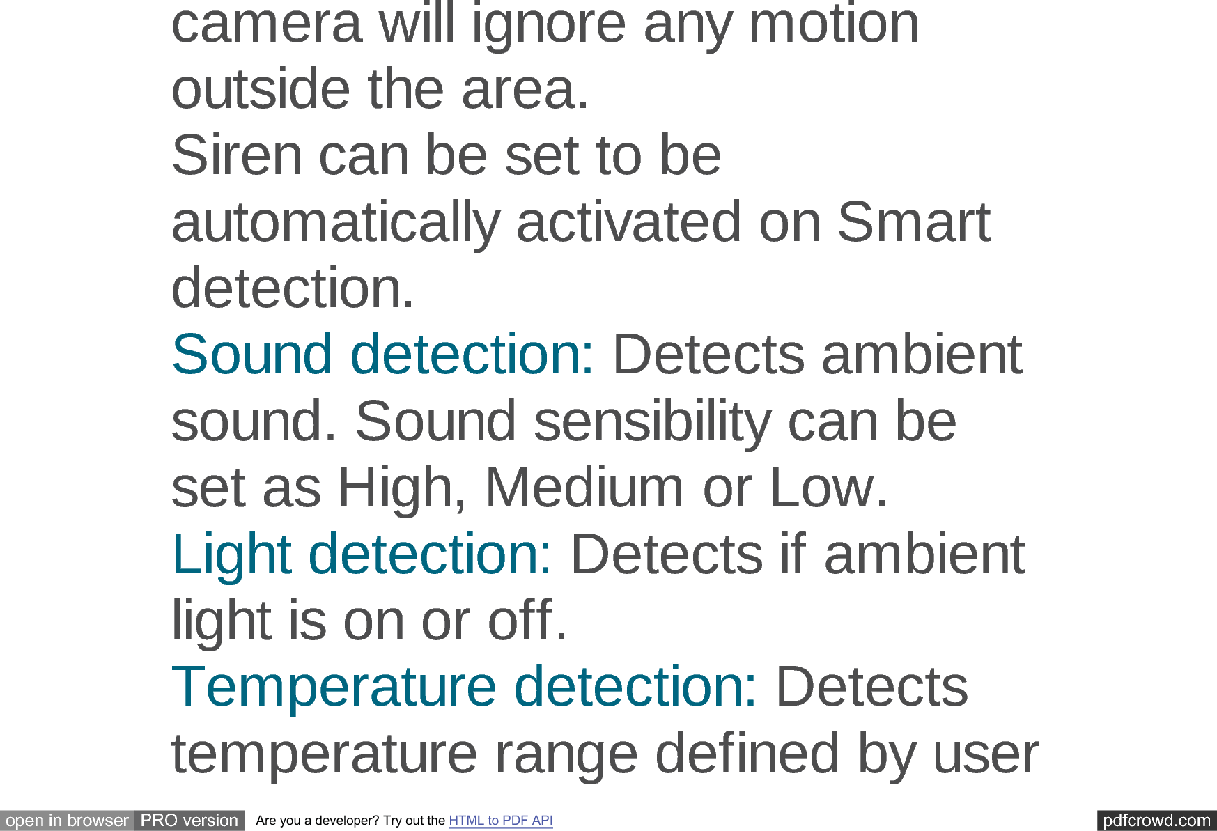 pdfcrowd.comopen in browser PRO version Are you a developer? Try out the HTML to PDF APIFDPHUDZLOOLJQRUHDQ\PRWLRQRXWVLGHWKHDUHD6LUHQFDQEHVHWWREHDXWRPDWLFDOO\DFWLYDWHGRQ6PDUWGHWHFWLRQ6RXQGGHWHFWLRQ'HWHFWVDPELHQWVRXQG6RXQGVHQVLELOLW\FDQEHVHWDV+LJK0HGLXPRU/RZ/LJKWGHWHFWLRQ'HWHFWVLIDPELHQWOLJKWLVRQRURII7HPSHUDWXUHGHWHFWLRQ'HWHFWVWHPSHUDWXUHUDQJHGHILQHGE\XVHU