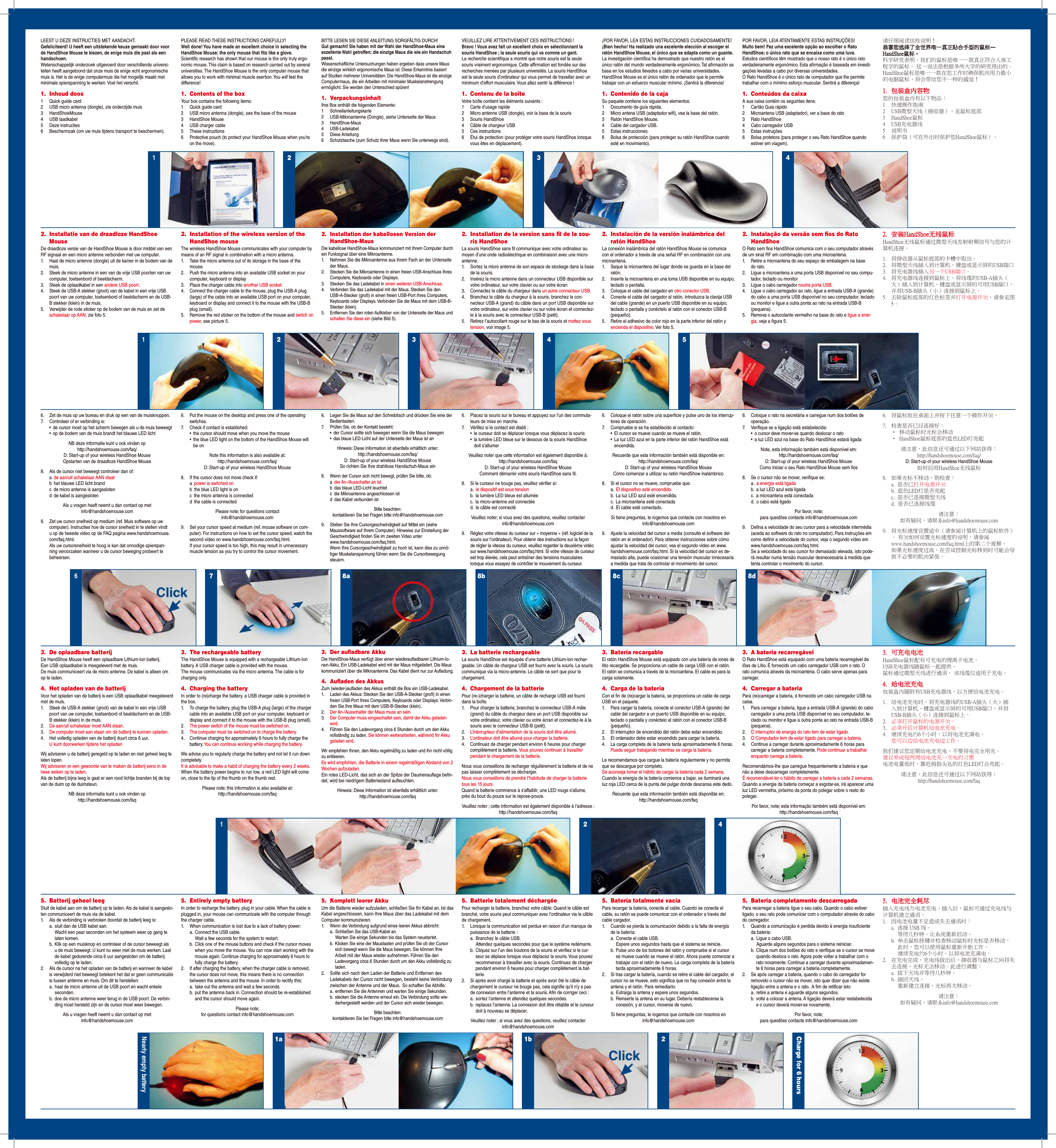 LEEST U DEZE INSTRUCTIES MET AANDACHT.Gefeliciteerd! U heeft een uitstekende keuze gemaakt door voor de HandShoe Mouse te kiezen, de enige muis die past als een handschoen. Wetenschappelijk onderzoek uitgevoerd door verschillende universi-teiten heeft aangetoond dat onze muis de enige echt ergonomische muis is. Het is de enige computermuis die het mogelijk maakt met minimale spierspanning te werken. Voel het verschil.1.  Inhoud doos1  Quick guide card2  USB micro antenna (dongle), zie onderzijde muis3  HandShoeMouse4  USB laadkabel5  Deze instructies6  Beschermzak (om uw muis tijdens transport te beschermen).2.  Installatie van de draadloze HandShoe MouseDe draadloze versie van de HandShoe Mouse is door middel van een RF signaal en een micro antenne verbonden met uw computer. 1.  Haal de micro antenne (dongle) uit de kamer in de bodem van de muis.2.  Steek de micro antenne in een van de vrije USB poorten van uw computer, toetsenbord of beeldscherm.3.  Steek de oplaadkabel in een andere USB poort.4.  Steek de USB-A stekker (groot) van de kabel in een vrije USB poort van uw computer, toetsenbord of beeldscherm en de USB-B stekker (klein) in de muis.5.  Verwijder de rode sticker op de bodem van de muis en zet de schakelaar op AAN, zie foto 5.6.  Zet de muis op uw bureau en druk op een van de muisknoppen.7.  Controleer of er verbinding is: •  de cursor moet op het scherm bewegen als u de muis beweegt •  op de bodem van de muis brandt het blauwe LED licht NB deze informatie kunt u ook vinden op http://handshoemouse.com/faq/ D: Start-up of your wireless HandShoe Mouse Opstarten van de draadloze HandShoe Mouse8.  Als de cursor niet beweegt controleer dan of:  a  de aan/uit schakelaar AAN staat  b  het blauwe LED licht brand  c  de micro antenne is aangesloten  d  de kabel is aangeslotenAls u vragen heeft neemt u dan contact op met info@handshoemouse.com9.  Zet uw cursor snelheid op medium (ref. Muis software op uw computer). Instructies hoe de cursor snelheid in te stellen vindt u op de tweede video op de FAQ pagina www.handshoemouse.com/faq.html. Als uw cursorsnelheid te hoog is kan dat onnodige spierspan-ning veroorzaken wanneer u de cursor beweging probeert te beheersen.3.  De oplaadbare batterijDe HandShoe Mouse heeft een oplaadbare Lithium-Ion batterij. Een USB oplaadkabel is meegeleverd met de muis. De muis communiceert via de micro antenne. De kabel is alleen om op te laden.4.  Het opladen van de batterijVoor het opladen van de batterij is een USB oplaadkabel meegeleverd met de muis.1.  Steek de USB-A stekker (groot) van de kabel in een vrije USB poort van uw computer, toetsenbord of beeldscherm en de USB-B stekker (klein) in de muis.2.  De aan/uit schakelaar moet AAN staan.3.  De computer moet aan staan om de batterij te kunnen opladen.4.  Het volledig opladen van de batterij duurt circa 6 uur. U kunt doorwerken tijdens het opladenWij adviseren u de batterij geregeld op te laden en niet geheel leeg te laten lopen. Wij adviseren er een gewoonte van te maken de batterij eens in de twee weken op te laden. Als de batterij bijna leeg is gaat er een rood lichtje branden bij de top van de duim op de duimsteun.NB deze informatie kunt u ook vinden op http://handshoemouse.com/faq5.  Batterij geheel leegSluit de kabel aan om de batterij op te laden. Als de kabel is aangeslo-ten communiceert de muis via de kabel.1.  Als de verbinding is verbroken doordat de batterij leeg is:  a.  sluit dan de USB kabel aan. Wacht een paar seconden om het systeem weer op gang te laten komen. b.  Klik op een muisknop en controleer of de cursor beweegt als u de muis beweegt. U kunt nu weer met de muis werken. Laat de kabel gedurende circa 6 uur aangesloten om de batterij volledig op te laden.2.  Als de cursor na het opladen van de batterij en wanneer de kabel is verwijderd niet beweegt betekent het dat er geen communicatie is tussen antenne en muis. Om dit te herstellen:  a.  haal de micro antenne uit de USB poort en wacht enkele seconden. b.  doe de micro antenne weer terug in de USB poort. De verbin-ding moet hersteld zijn en de cursor moet weer bewegen.Als u vragen heeft neemt u dan contact op met info@handshoemouse.comPLEASE READ THESE INSTRUCTIONS CAREFULLY!Well done! You have made an excellent choice in selecting the HandShoe Mouse; the only mouse that ts like a glove. Scientic research has shown that our mouse is the only truly ergo-nomic mouse. This claim is based on research carried out by several universities. The HandShoe Mouse is the only computer mouse that allows you to work with minimal muscle exertion. You will feel the difference!1.  Contents of the boxYour box contains the following items: 1  Quick guide card2  USB micro antenna (dongle), see the base of the mouse3  HandShoe Mouse4  USB charger cable5  These instructions6  Protective pouch (to protect your HandShoe Mouse when you’re on the move).2.  Installation of the wireless version of the HandShoe mouseThe wireless HandShoe Mouse communicates with your computer by means of an RF signal in combination with a micro antenna.1.  Take the micro antenna out of its storage in the base of the mouse.2.  Push the micro antenna into an available USB socket on your computer, keyboard or display3.  Place the charger cable into another USB socket. 4.  Connect the charger cable to the mouse, plug the USB-A plug (large) of the cable into an available USB port on your computer, keyboard or display and connect it to the mouse with the USB-B plug (small).5.  Remove the red sticker on the bottom of the mouse and switch on power, see picture 5.6.  Put the mouse on the desktop and press one of the operating switches.7.  Check if contact is established: •  the cursor should move when you move the mouse •  the blue LED light on the bottom of the HandShoe Mouse will be onNote this information is also available at: http://handshoemouse.com/faq/ D: Start-up of your wireless HandShoe Mouse8.  If the cursor does not move check if: a  power is switched on b  the blue LED light is on c  the micro antenna is connected d  the cable is connectedPlease note; for questions contact info@handshoemouse.com9.  Set your cursor speed at medium (ref. mouse software on com-puter). For instructions on how to set the cursor speed, watch the second video on www.handshoemouse.com/faq.html. If your cursor speed is too high, this may result in unnecessary muscle tension as you try to control the cursor movement.3.  The rechargeable batteryThe HandShoe Mouse is equipped with a rechargeable Lithium-Ion battery. A USB charger cable is provided with the mouse. The mouse communicates via the micro antenna. The cable is for charging only.4.  Charging the batteryIn order to (re)charge the battery, a USB charger cable is provided in the box. 1.  To charge the battery, plug the USB-A plug (large) of the charger cable into an available USB port on your computer, keyboard or display and connect it to the mouse with the USB-B plug (small).2.  The power switch of the mouse must be switched on.3.   The computer must be switched on to charge the battery.4.  Continue charging for approximately 6 hours to fully charge the battery. You can continue working while charging the battery.We advise you to regularly charge the battery and not let it run down completely. It is advisable to make a habit of charging the battery every 2 weeks. When the battery power begins to run low, a red LED light will come on, close to the tip of the thumb on the thumb rest. Please note; this information is also available at: http://handshoemouse.com/faq5.  Entirely empty batteryIn order to recharge the battery, plug in your cable. When the cable is plugged in, your mouse can communicate with the computer through the charger cable. 1.  When communication is lost due to a lack of battery power:   a.  Connect the USB cable. Wait a few seconds for the system to restart. b.  Click one of the mouse buttons and check if the cursor moves when you move the mouse. You can now start working with the mouse again. Continue charging for approximately 6 hours to fully charge the battery.2.  If after charging the battery, when the charger cable is removed, the cursor does not move, this means there is no connection between the antenna and the mouse. In order to rectify this: a.  take out the antenna and wait a few seconds. b.  put the antenna back in. Connection should be re-established and the cursor should move again.Please note; for questions contact info@handshoemouse.comBITTE LESEN SIE DIESE ANLEITUNG SORGFÄLTIG DURCH!Gut gemacht! Sie haben mit der Wahl der HandShoe-Maus eine exzellente Wahl getroffen; die einzige Maus die wie ein Handschuh passt. Wissenschaftliche Untersuchungen haben ergeben dass unsere Maus die einzige wirklich ergonomische Maus ist. Diese Erkenntnis basiert auf Studien mehrerer Universitäten. Die HandShoe-Maus ist die einzige Computermaus, die ein Arbeiten mit minimaler Muskelanstrengung ermöglicht. Sie werden den Unterschied spüren!1.  VerpackungsinhaltIhre Box enthält die folgenden Elemente: 1  Schnellanleitungskarte2  USB-Mikroantenne (Dongle), siehe Unterseite der Maus3  HandShoe-Maus4  USB-Ladekabel5  Diese Anleitung6  Schutztasche (zum Schutz Ihrer Maus wenn Sie unterwegs sind).2.  Installation der kabellosen Version der HandShoe-MausDie kabellose HandShoe-Maus kommuniziert mit Ihrem Computer durch ein Funksignal über eine Mikroantenne.1.  Nehmen Sie die Mikroantenne aus ihrem Fach an der Unterseite der Maus.2.  Stecken Sie die Mikroantenne in einen freien USB-Anschluss Ihres Computers, Keyboards oder Displays.3.  Stecken Sie das Ladekabel in einen weiteren USB-Anschluss. 4.  Verbinden Sie das Ladekabel mit der Maus. Stecken Sie den USB-A-Stecker (groß) in einen freien USB-Port Ihres Computers, Keyboards oder Displays. Verbinden Sie die Maus mit dem USB-B-Stecker (klein).5.  Entfernen Sie den roten Aufkleber von der Unterseite der Maus und schalten Sie diese ein (siehe Bild 5).6.  Legen Sie die Maus auf den Schreibtisch und drücken Sie eine der Bedientasten.7.  Prüfen Sie, ob der Kontakt besteht: •  der Cursor sollte sich bewegen wenn Sie die Maus bewegen •  das blaue LED-Licht auf der Unterseite der Maus ist anHinweis: Diese Information ist ebenfalls erhältlich unter: http://handshoemouse.com/faq/ D: Start-up of your wireless HandShoe Mouse So richten Sie Ihre drahtlose Handschuh-Maus ein8.  Wenn der Cursor sich nicht bewegt, prüfen Sie bitte, ob: a  der An-/Ausschalter an ist b  das blaue LED-Licht leuchtet c  die Mikroantenne angeschlossen ist d  das Kabel verbunden istBitte beachten: kontaktieren Sie bei Fragen bitte info@handshoemouse.com9.  Stellen Sie Ihre Cursorgeschwindigkeit auf Mittel ein (siehe Maussoftware auf Ihrem Computer). Hinweise zur Einstellung der Geschwindigkeit nden Sie im zweiten Video unter www.handshoemouse.com/faq.html. Wenn Ihre Cursorgeschwindigkeit zu hoch ist, kann dies zu unnö-tiger Muskelanspannung führen wenn Sie die Cursorbewegung steuern.3.  Der auﬂadbare AkkuDie HandShoe-Maus verfügt über einen wiederauadbaren Lithium-Io-nen-Akku. Ein USB-Ladekabel wird mit der Maus mitgeliefert. Die Maus kommuniziert über die Mikroantenne. Das Kabel dient nur zur Auadung.4.  Auﬂaden des AkkusZum (wieder-)auaden des Akkus enthält die Box ein USB-Ladekabel. 1.  Laden des Akkus: Stecken Sie den USB-A-Stecker (groß) in einen freien USB-Port Ihres Computers, Keyboards oder Displays. Verbin-den Sie Ihre Maus mit dem USB-B-Stecker (klein).2.  Der An-/Ausschalter der Maus muss an sein.3.  Der Computer muss eingeschaltet sein, damit der Akku geladen wird.4.  Führen Sie den Ladevorgang circa 6 Stunden durch um den Akku vollständig zu laden. Sie können weiterarbeiten, während Ihr Akku geladen wird.Wir empfehlen Ihnen, den Akku regelmäßig zu laden und ihn nicht völlig zu entleeren. Es wird empfohlen, die Batterie in einem regelmäßigen Abstand von 2 Wochen aufzuladen. Ein rotes LED-Licht, das sich an der Spitze der Daumenauage ben-det, wird bei niedrigem Batteriestand aueuchten.Hinweis: Diese Information ist ebenfalls erhältlich unter: http://handshoemouse.com/faq5.  Komplett leerer AkkuUm die Batterie wieder aufzuladen, schließen Sie Ihr Kabel an. Ist das Kabel angeschlossen, kann Ihre Maus über das Ladekabel mit dem Computer kommunizieren. 1.  Wenn die Verbindung aufgrund eines leeren Akkus abbricht:   a.  Schließen Sie das USB-Kabel an. Warten Sie einige Sekunden bis das System neustartet. b.  Klicken Sie eine der Maustasten und prüfen Sie ob der Cursor sich bewegt wenn Sie die Maus bewegen. Sie können Ihre Arbeit mit der Maus wieder aufnehmen. Führen Sie den Ladevorgang circa 6 Stunden durch um den Akku vollständig zu laden.2.  Sollte sich nach dem Laden der Batterie und Entfernen des Ladekabels der Cursor nicht bewegen, besteht keine Verbindung zwischen der Antenne und der Maus.  So schaffen Sie Abhilfe: a.  entfernen Sie die Antennen und warten Sie einige Sekunden. b.  stecken Sie die Antenne erneut ein. Die Verbindung sollte wie-derhergestellt werden und der Cursor sich wieder bewegen.Bitte beachten: kontaktieren Sie bei Fragen bitte info@handshoemouse.comVEUILLEZ LIRE ATTENTIVEMENT CES INSTRUCTIONS !Bravo ! Vous avez fait un excellent choix en sélectionnant la souris HandShoe ; la seule souris qui va comme un gant. La recherche scientique a montré que notre souris est la seule souris vraiment ergonomique. Cette affirmation est fondée sur des recherches menées par plusieurs universités. La souris HandShoe est la seule souris d’ordinateur qui vous permet de travailler avec un minimum d’effort musculaire. Vous allez sentir la différence ! 1.  Contenu de la boîteVotre boîte contient les éléments suivants :  1  Carte d’usage rapide2  Micro antenne USB (dongle), voir la base de la souris3  Souris HandShoe 4  Câble de chargeur USB5  Ces instructions6  Étui de protection (pour protéger votre souris HandShoe lorsque vous êtes en déplacement).2.  Installation de la version sans ﬁl de la sou-ris HandShoeLa souris HandShoe sans l communique avec votre ordinateur au moyen d’une onde radioélectrique en combinaison avec une micro-antenne.1.  Sortez la micro antenne de son espace de stockage dans la base   de la souris.2.  Insérez la micro antenne dans un connecteur USB disponible sur votre ordinateur, sur votre clavier ou sur votre écran3.  Connectez le câble du chargeur dans un autre connecteur USB. 4.  Branchez le câble du chargeur à la souris, branchez le con-necteur USB-A (grand) du câble dans un port USB disponible sur votre ordinateur, sur votre clavier ou sur votre écran et connectez-le à la souris avec le connecteur USB-B (petit).5.  Retirez l’autocollant rouge sur le bas de la souris et mettez sous tension, voir image 5.6.  Placez la souris sur le bureau et appuyez sur l’un des commuta-teurs de mise en marche.7.  Vériez si le contact est établi :  •  le curseur doit se déplacer lorsque vous déplacez la souris  •  la lumière LED bleue sur le dessous de la souris HandShoe doit s’allumer Veuillez noter que cette information est également disponible à: http://handshoemouse.com/faq D: Start-up of your wireless HandShoe Mouse Comment démarrer votre souris HandShoe sans l.8.  Si le curseur ne bouge pas, veuillez vérier si: a.  le dispositif est sous tension  b.  la lumière LED bleue est allumée   c.  la micro-antenne est connectée   d.  le câble est connecté Veuillez noter; si vous avez des questions, veuillez contacter info@handshoemouse.com 9.  Réglez votre vitesse du curseur sur « moyenne » (réf. logiciel de la souris sur l’ordinateur). Pour obtenir des instructions sur la façon de régler la vitesse du curseur, veuillez regarder la deuxième vidéo sur www.handshoemouse.com/faq.html. Si votre vitesse de curseur est trop élevée, cela peut entraîner des tensions musculaires lorsque vous essayez de contrôler le mouvement du curseur.3.  La batterie rechargeableLa souris HandShoe est équipée d’une batterie Lithium-Ion rechar-geable. Un câble de chargeur USB est fourni avec la souris. La souris communique via la micro-antenne. Le câble ne sert que pour le chargement.4.  Chargement de la batteriePour (re-)charger la batterie, un câble de recharge USB est fourni dans la boîte. 1.  Pour charger la batterie, branchez le connecteur USB-A mâle (grand) du câble du chargeur dans un port USB disponible sur votre ordinateur, votre clavier ou votre écran et connectez-le à la souris avec le connecteur USB-B (petit).2.  L’interrupteur d’alimentation de la souris doit être allumé.3.  L’ordinateur doit être allumé pour charger la batterie.4.  Continuez de charger pendant environ 6 heures pour charger complètement la batterie. Vous pouvez continuer à travailler pendant le chargement de la batterie.Nous vous conseillons de recharger régulièrement la batterie et de ne pas laisser complètement se décharger. Nous vous conseillons de prendre l’habitude de charger la batterie tous les 15 jours. Quand la batterie commence à s’affaiblir, une LED rouge s’allume, près du bout du pouce sur le repose-pouce.Veuillez noter ; cette information est également disponible à l’adresse :  http://handshoemouse.com/faq5.  Batterie totalement déchargéePour recharger la batterie, branchez votre câble. Quand le câble est branché, votre souris peut communiquer avec l’ordinateur via le câble de chargement. 1.  Lorsque la communication est perdue en raison d’un manque de puissance de la batterie : a.  Branchez le câble USB.  Attendez quelques secondes pour que le système redémarre. b.  Cliquez sur l’un des boutons de la souris et vériez si le cur-seur se déplace lorsque vous déplacez la souris. Vous pouvez recommencer à travailler avec la souris. Continuez de charger pendant environ 6 heures pour charger complètement la bat-terie.2.  Si après avoir chargé la batterie et après avoir ôté le câble de chargement le curseur ne bouge pas, cela signie qu’il n’y a pas de connexion entre l’antenne et la souris. An de corriger ceci : a.  sortez l’antenne et attendez quelques secondes.  b.  replacez l’antenne. La connexion doit être rétablie et le curseur doit à nouveau se déplacer.Veuillez noter ; si vous avez des questions, veuillez contacter info@handshoemouse.com¡POR FAVOR, LEA ESTAS INSTRUCCIONES CUIDADOSAMENTE!¡Bien hecho! Ha realizado una excelente elección al escoger el ratón HandShoe Mouse, el único que se adapta como un guante. La investigación cientíca ha demostrado que nuestro ratón es el único ratón del mundo verdaderamente ergonómico. Tal armación se basa en los estudios llevados a cabo por varias universidades. HandShoe Mouse es el único ratón de ordenador que le permite trabajar con un esfuerzo muscular mínimo. ¡Sentirá la diferencia!1.  Contenido de la cajaSu paquete contiene los siguientes elementos: 1  Documento de guía rápida.2  Micro antena USB (adaptador wi), vea la base del ratón.3  Ratón HandShoe Mouse.4  Cable del cargador USB.5  Estas instrucciones.6  Bolsa de protección (para proteger su ratón HandShoe cuando esté en movimiento).2.  Instalación de la versión inalámbrica del ratón HandShoeLa conexión inalámbrica del ratón HandShoe Mouse se comunica con el ordenador a través de una señal RF en combinación con una microantena.1.  Saque la microantena del lugar donde se guarda en la base del ratón.2.  Inserte la microantena en una toma USB disponible en su equipo, teclado o pantalla.3.  Coloque el cable del cargador en otro conector USB. 4.  Conecte el cable del cargador al ratón, introduzca la clavija USB del cable (grande) en un puerto USB disponible en su equipo, teclado o pantalla y conéctelo al ratón con el conector USB-B (pequeño).5.  Retire el adhesivo de color rojo en la parte inferior del ratón y encienda el dispositivo. Ver foto 5.6.  Coloque el ratón sobre una supercie y pulse uno de los interrup-tores de operación.7.  Compruebe si se ha establecido el contacto: •  El cursor se mueve cuando se mueve el ratón. •  La luz LED azul en la parte inferior del ratón HandShoe está encendida.Recuerde que esta información también está disponible en: http://handshoemouse.com/faq/ D: Start-up of your wireless HandShoe Mouse Cómo comenzar a utilizar su ratón HandShow inalámbrico8.  Si el cursor no se mueve, compruebe que: a.  El dispositivo esté encendido.  b.  La luz LED azul esté encendida.  c.  La microantena esté conectada d.  El cable esté conectado.Si tiene preguntas, le rogamos que contacte con nosotros en info@handshoemouse.com9.  Ajuste la velocidad del cursor a media (consulte el software del ratón en el ordenador). Para obtener instrucciones sobre cómo ajustar la velocidad del cursor, vea el segundo video en www.handshoemouse.com/faq.html. Si la velocidad del cursor es de-masiado alta, puede ocasionar una tensión muscular innecesaria a medida que trata de controlar el movimiento del cursor.3.  Batería recargableEl ratón HandShoe Mouse está equipado con una batería de iones de litio recargable. Se proporciona un cable de carga USB con el ratón. El ratón se comunica a través de la microantena. El cable es para la carga solamente.4.  Carga de la bateríaCon el n de (re)cargar la batería, se proporciona un cable de carga USB en el paquete. 1.  Para cargar la batería, conecte el conector USB-A (grande) del cable del cargador a un puerto USB disponible en su equipo, teclado o pantalla y conéctelo al ratón con el conector USB-B (pequeño).2.  El interruptor de encendido del ratón debe estar encendido.3.  El ordenador debe estar encendido para cargar la batería.4.  La carga completa de la batería tarda aproximadamente 6 horas. Puede seguir trabajando mientras se carga la batería.Le recomendamos que cargue la batería regularmente y no permita que se descargue por completo. Se aconseja tomar el hábito de cargar la batería cada 2 semana. Cuando la energía de la batería comience a bajar, se iluminará una luz roja LED cerca de la punta del pulgar donde descansa este dedo.Recuerde que esta información también está disponible en: http://handshoemouse.com/faq5.  Batería totalmente vacíaPara recargar la batería, conecte el cable. Cuando se conecte el cable, su ratón se puede comunicar con el ordenador a través del cable cargador. 1.  Cuando se pierda la comunicación debido a la falta de energía de la batería: a.  Conecte el cable USB. Espere unos segundos hasta que el sistema se reinicie. b.  Pulse uno de los botones del ratón y compruebe si el cursor se mueve cuando se mueve el ratón. Ahora puede comenzar a trabajar con el ratón de nuevo. La carga completa de la batería tarda aproximadamente 6 horas.2.  Si tras cargar la batería, cuando se retire el cable del cargador, el cursor no se mueve, esto signica que no hay conexión entre la antena y el ratón. Para remediarlo: a.  Extraiga la antena y espere unos segundos. b.  Reinserte la antena en su lugar. Debería restablecerse la conexión, y el cursor, moverse de nuevo.Si tiene preguntas, le rogamos que contacte con nosotros en info@handshoemouse.comPOR FAVOR, LEIA ATENTAMENTE ESTAS INSTRUÇÕES!Muito bem! Fez uma excelente opção ao escolher o Rato HandShoe; o único rato que se encaixa como uma luva. Estudos cientícos têm mostrado que o nosso rato é o único rato verdadeiramente ergonómico. Esta armação é baseada em investi-gações levadas a cabo por diversas universidades. O Rato HandShoe é o único rato de computador que lhe permite trabalhar com o mínimo esforço muscular. Sentirá a diferença!1.  Conteúdos da caixaA sua caixa contém os seguintes itens: 1  Cartão Guia rápido2  Microantena USB (adaptador), ver a base do rato3  Rato HandShoe4  Cabo carregador USB5  Estas instruções6  Bolsa protetora (para proteger o seu Rato HandShoe quando estiver em viagem).2.  Instalação da versão sem ﬁos do Rato HandShoeO Rato sem os HandShoe comunica com o seu computador através de um sinal RF em combinação com uma microantena.1.  Retire a microantena do seu espaço de embalagem na base   do rato.2.  Ligue a microantena a uma porta USB disponível no seu compu-tador, teclado ou monitor3.  Ligue o cabo carregador noutra porta USB.4.  Ligue o cabo carregador ao rato, ligue a entrada USB-A (grande) do cabo a uma porta USB disponível no seu computador, teclado ou monitor e ligue a outra ponta ao rato na entrada USB-B (pequena). 5.  Remova o autocolante vermelho na base do rato e ligue a ener-gia, veja a gura 5.6.  Coloque o rato na secretária e carregue num dos botões de operação.7.  Verique se a ligação está estabelecida: •  o cursor deve mover-se quando deslocar o rato •  a luz LED azul na base do Rato HandShoe estará ligadaNote, esta informação também está disponível em: http://handshoemouse.com/faq/ D: Start-up of your wireless HandShoe Mouse Como iniciar o seu Rato HandShoe Mouse sem os8.  Se o cursor não se mover, verique se: a.  a energia está ligada b.  a luz LED azul está ligada c.  a microantena está conectada d.  o cabo está ligadoPor favor, note; para questões contacte info@handshoemouse.com9.  Dena a velocidade do seu cursor para a velocidade intermédia (aceda ao software do rato no computador). Para instruções em como denir a velocidade do cursor, veja o segundo vídeo em www.handshoemouse.com/faq.html. Se a velocidade do seu cursor for demasiado elevada, isto pode-rá resultar numa tensão muscular desnecessária à medida que tenta controlar o movimento do cursor.3.  A bateria recarregávelO Rato HandShoe está equipado com uma bateria recarregável de Iões de Lítio. É fornecido um cabo carregador USB com o rato. O rato comunica através da microantena. O cabo serve apenas para carregar.4.  Carregar a bateriaPara (re)carregar a bateria, é fornecido um cabo carregador USB na caixa.1.  Para carregar a bateria, ligue a entrada USB-A (grande) do cabo carregador a uma porta USB disponível no seu computador, te-clado ou monitor e ligue a outra ponta ao rato na entrada USB-B (pequena).2.  O interruptor de energia do rato tem de estar ligado.3.  O Computador tem de estar ligado para carregar a bateria.4.  Continue a carregar durante aproximadamente 6 horas para carregar a bateria completamente. Pode continuar a trabalhar enquanto carrega a bateria.Recomendámos-lhe que carregue frequentemente a bateria e que não a deixe descarregar completamente. É recomendável ter o hábito de carregar a bateria a cada 2 semanas. Quando a energia da bateria começar a esgotar-se, irá aparecer uma luz LED vermelha, próximo da ponta do polegar sobre o resto do polegar.Por favor, note; esta informação também está disponível em: http://handshoemouse.com/faq5.  Bateria completamente descarregadaPara recarregar a bateria ligue o seu cabo. Quando o cabo estiver ligado, o seu rato pode comunicar com o computador através do cabo do carregador. 1.  Quando a comunicação é perdida devido à energia insuciente da bateria: a.  Ligue o cabo USB. Aguarde alguns segundos para o sistema reiniciar. b.  Clique num dos botões do rato e verique se o cursor se move quando desloca o rato. Agora pode voltar a trabalhar com o rato novamente. Continue a carregar durante aproximadamen-te 6 horas para carregar a bateria completamente.2.  Se após carregar a bateria, quando o cabo do carregador for removido o cursor não se mover, isto quer dizer que não existe ligação entre a antena e o rato.  A m de reticar isto: a.  retire a antena e aguarde alguns segundos. b.  volte a colocar a antena. A ligação deverá estar restabelecida e o cursor deverá mover-se novamente.Por favor, note; para questões contacte info@handshoemouse.com実Ṽ乮断宣征ṃ宜㖶炰〕╄ぐ徱㊑Ḯℐᶾ䓴ⓗᶨ䛇㬋峜⎰ㇳ✳䘬滈㞯ȹŉŢůťŔũŰŦ滈㞯ˤ䥹⬎䞼䨞堐㖶炻ㆹẔ䘬滈㞯㗗ⓗᶨᶨ㫦䛇㬋䫎⎰Ṣỻⶍ䦳⬎䘬滈㞯ˤġ征ᶨ宜㱽㗗㟡㌖⣂㇨⣏⬎䘬䞼䨞⼿↢䘬ˤġŉŢůťŔũŰŦ滈㞯㗗ⓗᶨᶨ㫦⛐ぐⶍἄ㖞䠖ᾅ倴倱䓐≃㚨⮷䘬䓝傹滈㞯炻⮮Ểⷎ亁ぐᶵᶨ㟟䘬デ奱炰Ĳįġ ⊭塭䙺ℭ⭡䈑ぐ䘬⊭塭䙺ℭ㚱ẍᶳ䈑⑩烉ġĲġ ⾓忇㑵ἄ㊯⋿ĳġ ŖŔŃ⽖✳⣑乧炷㍍㓞☐炸炻奩滈㞯⸽悐Ĵġ ŉŢůťŔũŰŦ滈㞯ĵġ ŖŔŃ⃭䓝☐乧Ķġ 宜㖶Ḏķġ ᾅ㉌堳炷⎗⛐⢾↢㖞ᾅ㉌ぐŉŢůťŔũŰŦ滈㞯炸ˤĳįġ ⬱塭ŉŢůťŔũŰŦ㖈乧滈㞯ŉŢůťŔũŰŦ㖈乧滈㞯忂彯⽖✳⣑乧⍹⮬⮬根ᾉ⎟ᶶぐ䘬孉䬿㛢徆㍍ˤĲįġġ⮮㍍㓞☐Ṷ滈㞯⸽悐䘬⌉㦥ᷕ⍾↢ˤĳįġġ⮮⽖✳⣑乧㍺ℍ⇘孉䬿㛢ˣ擖䚀ㆾ㗦䣢⯷䘬ŖŔŃ䪗⎋Ĵįġġ⮮⃭䓝☐乧㍺ℍ⎎ᶨ᷒ŖŔŃ䪗⎋ˤĵįġġ⮮⃭䓝☐乧徆㍍⇘滈㞯ᶲ炻⮮乧亮䘬ŖŔŃĮł㍺⣜炷⣏炸㍺ℍ⇘孉䬿㛢ˣ擖䚀ㆾ㗦䣢⯷䘬⎗䓐ŖŔŃ䪗⎋炻⸞⮮ŖŔŃĮŃ㍺⣜炷⮷炸徆㍍⇘滈㞯ᶲˤĶįġġ⍣昌滈㞯⸽悐䘬乊刚㞯䬦⸞ㇻ⺨䓝㸸⺨ℛ炻実⍪奩⚦Ķˤķįġ ⮮滈㞯㓦⛐㟴朊ᶲ⸞㊱ᶳảシᶨ᷒㑵ἄ⺨ℛˤĸįġġ㡨㞍㗗⏎⶚乷徆㍍⤥烉ġɀġ 䦣≐滈㞯㖞⃱㞯Ể䦣≐ġɀġ ŉŢůťŔũŰŦ滈㞯⸽悐䘬咅刚ōņŅ䀗Ṗ崟実㲐シ炻㬌ᾉ〗往⎗忂彯ẍᶳ仹䪁卟⼿烉ġhttp://handshoemouse.com/faq/ġD: Start-up of your wireless HandShoe Mouse ⤪ỽ⏗䓐ŉŢůťŔũŰŦ㖈乧滈㞯Ĺįġġ⤪㝄⃱㞯ᶵ䦣≐炻⇁㡨㞍烉ġŢįġ 㗗⏎⶚ㇻ⺨䓝㸸⺨ℛġţįġ 咅刚ōņŅ䀗㗗⏎Ṗ崟ġŤįġ 㗗⏎⶚徆㍍⽖✳⣑乧ġťįġ 㗗⏎⶚徆㍍乧亮実㲐シ烉ġ⤪㚱䔹斖炻実俼䲣ŪůŧŰŁũŢůťŴũŰŦŮŰŶŴŦįŤŰŮĺįġġ⮮⃱㞯忇⹎学伖循ᷕ炷実⍪断孉䬿㛢ᶲ䘬滈㞯弗ẞ炸ˤġ㚱ℛ⤪ỽ学伖⃱㞯忇⹎䘬宜㖶炻実⍪断ġŸŸŸįũŢůťŴũŰŦŮŰŶŴŦįŤŰŮİŧŢŲįũŵŮŭᶲ䘬䫔Ḵ᷒奮根ˤġ⤪㝄⃱㞯忇⹎彯檀炻⛐⯅孽㍏⇞⃱㞯䦣⇘㖞⎗傥Ể⮤农ᶵ⽭天䘬倴倱䳏⻈ˤĴįġ ⎗⃭䓝䓝㰈ŉŢůťŔũŰŦ滈㞯惵㚱⎗⃭䓝䘬撪䥣⫸䓝㰈ˤġŖŔŃ⃭䓝☐乧昷滈㞯ᶨ崟㍸ὃˤġ滈㞯忂彯⽖✳⣑乧徃埴忂字ˤġ宍乧亮ṭ循䓐Ḷ⃭䓝ˤĵįġ 亁䓝㰈⃭䓝⊭塭䙺ℭ昷旬㚱ŖŔŃ⃭䓝☐乧炻ẍ㕡ὧ亁䓝㰈⃭䓝ˤġĲįġġ亁䓝㰈⃭䓝㖞炻⮮⃭䓝☐乧䘬ŖŔŃĮł㍺⣜炷⣏炸㍺ℍ⇘孉䬿㛢ˣ擖䚀ㆾ㗦䣢⯷䘬⎗䓐ŖŔŃ䪗⎋炻⸞⮮ŖŔŃĮŃ㍺⣜炷⮷炸徆㍍⇘滈㞯ᶲˤĳįġġ⽭栣ㇻ⺨滈㞯䘬䓝㸸⺨ℛˤĴįġ ġ⽭栣⺨⏗孉䬿㛢亁䓝㰈⃭䓝ˤĵįġġ亏井⃭䓝乎ķ᷒⮷㖞炻ẍ⮮䓝㰈⃭㺉䓝ˤġぐ⎗ẍ彡亁䓝㰈⃭䓝彡ⶍἄˤㆹẔ⺢孖ぐ⭂㛇亁䓝㰈⃭䓝炻ᶵ天⮮䓝⬴ℐ䓐⃱ˤġ⺢孖℣ㆸ㭷᷌␐亁䓝㰈⃭ᶨ㫉䓝䘬Ḉ゗ġ䓝㰈䓝慷Ỷ㖞炻月役㉯㊯⮾⢬䘬乊刚ōņŅ䀗ỂṖ崟ˤġ実㲐シ炻㬌ᾉ〗往⎗忂彯ẍᶳ仹䪁卟⼿烉ġhttp://handshoemouse.com/faqĶįġ 䓝㰈⬴ℐ便⯥㍺ℍ⃭䓝乧ᷢ䓝㰈⃭䓝ˤ㍺ℍ⎶炻滈㞯⎗忂彯⃭䓝乧ᶶ孉䬿㛢⺢䩳忂字ˤġĲįġġ⚈䓝㰈䓝慷ᶵ嵛忈ㆸ⣙⍣忂字㖞烉ġŢįġġ徆㍍ġŖŔŃġ乧ˤġ䫱⼭ↈ䥺摇炻孑䲣亇慵㕘⏗≐ˤġ ţįġġ⋽↣滈㞯㊱擖⸞㡨㞍䦣≐滈㞯㖞⃱㞯㗗⏎䦣≐ˤġ㬌㖞炻ぐ⎗ẍἧ䓐滈㞯慵㕘⺨⥳ⶍἄˤġ亏井⃭䓝乎ķ᷒⮷㖞炻ẍ⮮䓝㰈⃭㺉䓝ˤĳįġġ⛐⃭䓝⬴ㆸˣ⃭䓝乧㉼↢⎶炻㍍㓞☐ᶶ滈㞯ᷳ斜⮮⣙⍣徆㍍炻⃱㞯㖈㱽䦣≐ˤ㬌徃埴宫㔜烉ġŢįġġ㉼ᶳ⣑乧⸞䫱⼭ↈ䥺摇ˤġ ţįġġ㍺⚆⣑乧ˤġ慵㕘⺢䩳徆㍍炻⃱㞯ℵ㫉䦣≐ˤ実㲐シ烉ġ⤪㚱䔹斖炻実俼䲣ŪůŧŰŁũŢůťŴũŰŦŮŰŶŴŦįŤŰŮ12 3 412 3 4 567 8a 8b 8c 8d12 4 Nearly empty battery1a 1b 2Charge for 6 hours