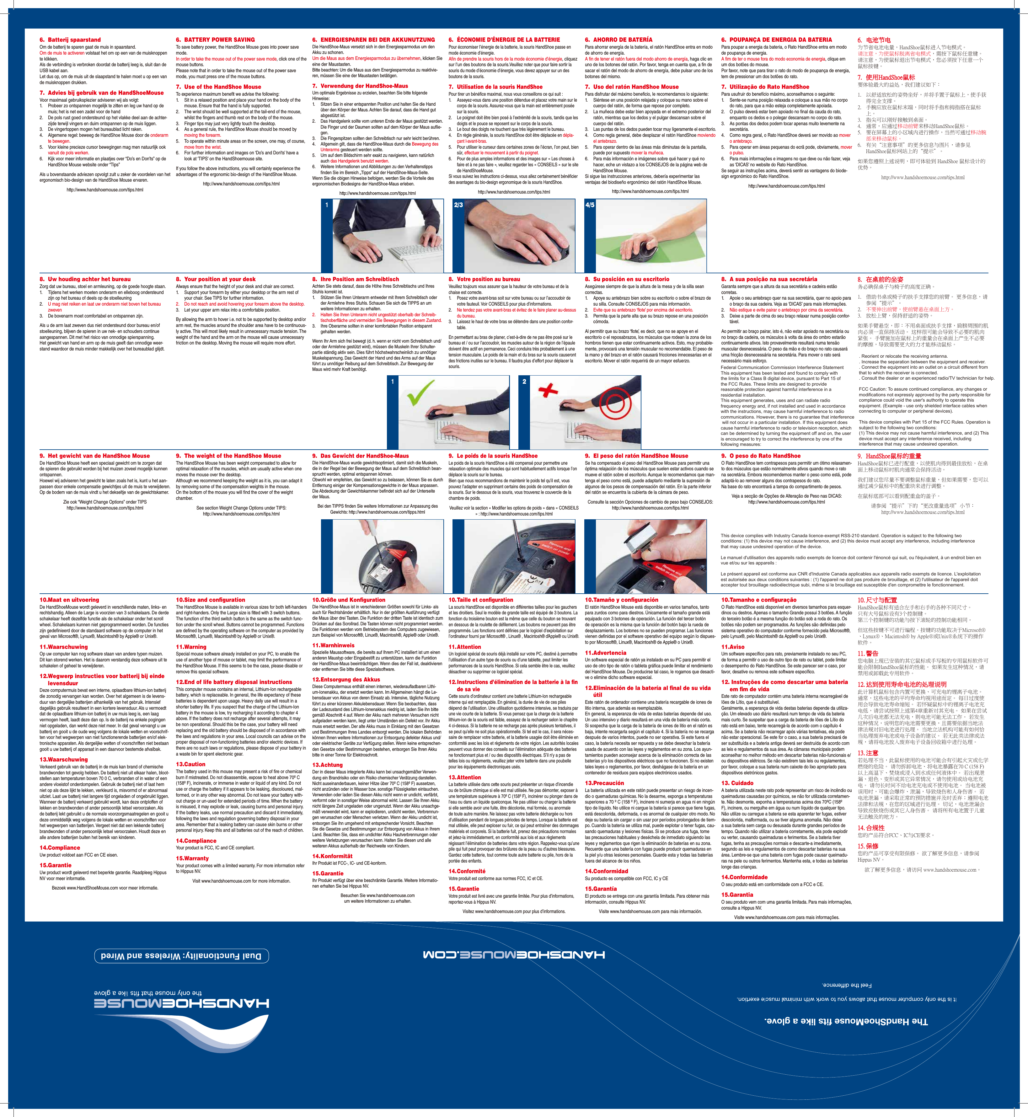 Dual Functionality: Wireless and Wired8.  Uw houding achter het bureauZorg dat uw bureau, stoel en armleuning, op de goede hoogte staan.1.  Tijdens het werken moeten onderarm en elleboog ondersteund zijn op het bureau of deels op de stoelleuning2.  U mag niet reiken en laat uw onderarm niet boven het bureau zweven3.  De bovenarm moet comfortabel en ontspannen zijn. Als u de arm laat zweven dus niet ondersteund door bureau en/of stoelleuning, blijven de spieren in uw nek- en schouders continue aangespannen. Dit met het risico van onnodige spierspanning.  Het gewicht van hand en arm op de muis geeft dan onnodige weer-stand waardoor de muis minder makkelijk over het bureaublad glijdt.9.  Het gewicht van de HandShoe MouseDe HandShoe Mouse heeft een speciaal gewicht om te zorgen dat de spieren die gebruikt worden bij het muizen zoveel mogelijk kunnen ontspannen. Hoewel wij adviseren het gewicht te laten zoals het is, kunt u het aan-passen door enkele compensatie gewichtjes uit de muis te verwijderen. Op de bodem van de muis vindt u het dekseltje van de gewichtskamer.Zie ook “Weight Change Options” onder TIPS http://www.handshoemouse.com/tips.html10.  Maat en uitvoeringDe HandShoeMouse wordt geleverd in verschillende maten, links- en rechtshandig. Alleen de Large is voorzien van 3 schakelaars. De derde schakelaar heeft dezelfde functie als de schakelaar onder het scroll wheel. Schakelaars kunnen niet geprogrammeerd worden. De functies zijn gedenieerd door de standaard software op de computer in het geval van Microsoft®, Lynux®, Macintosh® by Apple® or Unix®.11.  WaarschuwingOp uw computer kan nog software staan van andere typen muizen. Dit kan storend werken. Het is daarom verstandig deze software uit te schakelen of geheel te verwijderen.12.  Wegwerp instructies voor batterij bij einde levensduurDeze computermuis bevat een interne, oplaadbare lithium-ion batterij die zonodig vervangen kan worden. Over het algemeen is de levens-duur van dergelijke batterijen afhankelijk van het gebruik. Intensief dagelijks gebruik resulteert in een kortere levensduur. Als u vermoedt dat de oplaadbare lithium-ion batterij in uw muis leeg is, een laag vermogen heeft, laadt deze dan op. Is de batterij na enkele pogingen niet opgeladen, dan werkt deze niet meer. In dat geval vervangt u uw batterij en gooit u de oude weg volgens de lokale wetten en voorschrif-ten voor het wegwerpen van niet functionerende batterijen en/of elek-tronische apparaten. Als dergelijke wetten of voorschriften niet bestaan gooit u uw batterij of apparaat in een daarvoor bestemde afvalbak.13.  WaarschuwingVerkeerd gebruik van de batterij in de muis kan brand of chemische brandwonden tot gevolg hebben. De batterij niet uit elkaar halen, bloot-stellen aan temperaturen boven 70 0 C, verbranden of in water of een andere vloeistof onderdompelen. Gebruik de batterij niet of laat hem niet op als deze lijkt te lekken, verkleurd is, misvormd of er abnormaal uitziet. Laat uw batterij niet langere tijd ongeladen of ongebruikt liggen. Wanneer de batterij verkeerd gebruikt wordt, kan deze ontploffen of lekken en brandwonden of ander persoonlijk letsel veroorzaken. Als de batterij lekt gebruikt u de normale voorzorgsmaatregelen en gooit u deze onmiddellijk weg volgens de lokale wetten en voorschriften voor het wegwerpen van batterijen. Vergeet niet dat een lekkende batterij brandwonden of ander persoonlijk letsel veroorzaken. Houdt deze en alle andere batterijen buiten het bereik van kinderen. 14.  ComplianceUw product voldoet aan FCC en CE eisen.15.  GarantieUw product wordt geleverd met beperkte garantie. Raadpleeg Hippus NV voor meer informatie.Bezoek www.HandShoeMouse.com voor meer informatie.6.  Batterij spaarstandOm de batterij te sparen gaat de muis in spaarstand. Om de muis te activeren volstaat het om op een van de muisknoppen te klikken. Als de verbinding is verbroken doordat de batterij leeg is, sluit dan de USB kabel aan. Let dus op, om de muis uit de slaapstand te halen moet u op een van de muisknoppen drukken.7.  Advies bij gebruik van de HandShoeMouseVoor maximaal gebruiksplezier adviseren wij als volgt:1.  Probeer zo ontspannen mogelijk te zitten en leg uw hand op de muis; het is net een zadel voor de hand2.  De pols rust goed ondersteund op het vlakke deel aan de achter-zijde terwijl vingers en duim ontspannen op de muis liggen. 3.  De vingertoppen mogen het bureaublad licht raken.4.  Algemene regel: beweeg de HandShoe Mouse door de onderarm te bewegen.5.  Voor kleine precieze cursor bewegingen mag men natuurlijk ook vanuit de pols werken.6.  Kijk voor meer informatie en plaatjes over “Do’s en Don’ts” op de HandShoe Mouse website onder “Tips”Als u bovenstaande adviezen opvolgt zult u zeker de voordelen van het ergonomisch bio-design van de HandShoe Mouse ervaren.http://www.handshoemouse.com/tips.html8.  Your position at your deskAlways ensure that the height of your desk and chair are correct.1.  Support your forearm by either your desktop or the arm rest of your chair. See TIPS for further information.2.  Do not reach and avoid hovering your forearm above the desktop.3.  Let your upper arm relax into a comfortable position.By allowing the arm to hover i.e. not to be supported by desktop and/or arm rest, the muscles around the shoulder area have to be continuous-ly active. This will most likely result in unnecessary muscle tension. The weight of the hand and the arm on the mouse will cause unnecessary friction on the desktop. Moving the mouse will require more effort.9.  The weight of the HandShoe MouseThe HandShoe Mouse has been weight compensated to allow for optimal relaxation of the muscles, which are usually active when one moves the mouse over the desktop. Although we recommend keeping the weight as it is, you can adapt it by removing some of the compensation weights in the mouse.  On the bottom of the mouse you will nd the cover of the weight chamber.See section Weight Change Options under TIPS: http://www.handshoemouse.com/tips.html10.  Size and conﬁgurationThe HandShoe Mouse is available in various sizes for both left-handers and right-handers. Only the Large size is tted with 3 switch buttons. The function of the third switch button is the same as the switch func-tion under the scroll wheel. Buttons cannot be programmed. Functions are dened by the operating software on the computer as provided by Microsoft®, Lynux®, Macintosh® by Apple® or Unix®.11.  WarningSpecial mouse software already installed on your PC, to enable the use of another type of mouse or tablet, may limit the performance of the HandShoe Mouse. If this seems to be the case, please disable or remove this special software.12.  End of life battery disposal instructionsThis computer mouse contains an internal, Lithium-Ion rechargeable battery, which is replaceable. In general, the life expectancy of these batteries is dependent upon usage. Heavy daily use will result in a shorter battery life. If you suspect that the charge of the Lithium-Ion battery in the mouse is low, try recharging it according to chapter 4 above. If the battery does not recharge after several attempts, it may be non operational. Should this be the case, your battery will need replacing and the old battery should be disposed of in accordance with the laws and regulations in your area. Local councils can advise on the proper disposal of non-functioning batteries and/or electric devices. If there are no such laws or regulations, please dispose of your battery in a waste bin for spent electronic gear.13.  CautionThe battery used in this mouse may present a risk of re or chemical burn if mistreated. Do not disassemble, expose to heat above 70º C (158º F), incinerate, or immerse in water or liquid of any kind. Do not use or charge the battery if it appears to be leaking, discoloured, mal-formed, or in any other way abnormal. Do not leave your battery with-out charge or un-used for extended periods of time. When the battery is misused, it may explode or leak, causing burns and personal injury. If the battery leaks, use normal precaution and discard it immediately, following the laws and regulation governing battery disposal in your area. Remember that a leaking battery can cause skin burns or other personal injury. Keep this and all batteries out of the reach of children.14.  ComplianceYour product is FCC, IC and CE compliant.15.  WarrantyYour product comes with a limited warranty. For more information refer to Hippus NV.Visit www.handshoemouse.com for more information.6.  BATTERY POWER SAVINGTo save battery power, the HandShoe Mouse goes into power save mode. In order to take the mouse out of the power save mode, click one of the mouse buttons. Please note that in order to take the mouse out of the power save mode, you must press one of the mouse buttons.7.  Use of the HandShoe MouseTo experience maximum benet we advise the following:1.  Sit in a relaxed position and place your hand on the body of the mouse. Ensure that the hand is fully supported.2.  The wrist should be well supported at the tail-end of the mouse, whilst the ngers and thumb rest on the body of the mouse.3.  Finger tips may just very lightly touch the desktop.4.  As a general rule, the HandShoe Mouse should be moved by moving the forearm.5.  To operate within minute areas on the screen, one may, of course, move from the wrist.6.  For further information and images on ‘Do’s and Don’ts’ have a look at ‘TIPS’ on the HandShoemouse site.If you follow the above instructions, you will certainly experience the advantages of the ergonomic bio-design of the HandShoe Mouse.http://www.handshoemouse.com/tips.html8.  Ihre Position am SchreibtischAchten Sie stets darauf, dass die Höhe Ihres Schreibtischs und Ihres Stuhls korrekt ist.1.  Stützen Sie Ihren Unterarm entweder mit Ihrem Schreibtisch oder der Armlehne Ihres Stuhls. Schauen Sie sich die TIPPS an um weitere Informationen zu erhalten.2.  Halten Sie Ihren Unterarm nicht ungestützt oberhalb der Schreib-tischoberäche und vermeiden Sie Bewegungen in diesem Zustand.3.  Ihre Oberarme sollten in einer komfortablen Position entspannt gehalten werden.Wenn Ihr Arm sich frei bewegt (d. h. wenn er nicht vom Schreibtisch und/oder der Armlehne gestützt wird), müssen die Muskeln Ihrer Schulter-partie ständig aktiv sein. Dies führt höchstwahrscheinlich zu unnötiger Muskelspannung. Das Gewicht der Hand und des Arms auf der Maus führt zu unnötiger Reibung auf dem Schreibtisch. Zur Bewegung der Maus wird mehr Kraft benötigt.9.  Das Gewicht der HandShoe-MausDie HandShoe-Maus wurde gewichtsoptimiert, damit sich die Muskeln, die in der Regel bei der Bewegung der Maus auf dem Schreibtisch bean-sprucht werden, optimal entspannen können. Obwohl wir empfehlen, das Gewicht so zu belassen, können Sie es durch Entfernung einiger der Kompensationsgewichte in der Maus anpassen. Die Abdeckung der Gewichtskammer bendet sich auf der Unterseite der Maus.Bei den TIPPS nden Sie weitere Informationen zur Anpassung des Gewichts: http://www.handshoemouse.com/tipps.html10. Größe und KonﬁgurationDie HandShoe-Maus ist in verschiedenen Größen sowohl für Links- als auch für Rechtshänder erhältlich. Nur in der größten Ausführung verfügt die Maus über drei Tasten. Die Funktion der dritten Taste ist identisch zum Drücken auf das Scrollrad. Die Tasten können nicht programmiert werden. Die Funktionen werden vom Betriebsystem des Computers zugewiesen, zum Beispiel von Microsoft®, Linux®, Macintosh®, Apple® oder Unix®.11. WarnhinweisSpezielle Maussoftware, die bereits auf Ihrem PC installiert ist um einen anderen Maustyp oder Eingabestift zu unterstützen, kann die Funktion der HandShoe-Maus beeinträchtigen. Wenn dies der Fall ist, deaktivieren oder entfernen Sie bitte diese Spezialsoftware.12. Entsorgung des AkkusDiese Computermaus enthält einen internen, wiederauadbaren Lithi-um-Ionenakku, der ersetzt werden kann. Im Allgemeinen hängt die Le-bensdauer von Akkus von deren Einsatz ab. Intensive, tägliche Nutzung führt zu einer kürzeren Akkulebensdauer. Wenn Sie beobachten, dass der Ladezustand des Lithium-Ionenakkus niedrig ist, laden Sie ihn bitte gemäß Abschnitt 4 auf. Wenn der Akku nach mehreren Versuchen nicht aufgeladen werden kann, liegt unter Umständen ein Defekt vor. Ihr Akku muss ersetzt werden. Der alte Akku muss in Einklang mit den Gesetzen und Bestimmungen Ihres Landes entsorgt werden. Die lokalen Behörden können Ihnen weitere Informationen zur Entsorgung defekter Akkus und/oder elektrischer Geräte zur Verfügung stellen. Wenn keine entsprechen-den Gesetze oder Bestimmungen bestehen, entsorgen Sie Ihren Akku bitte in einer Tonne für Elektroschrott.13. AchtungDer in dieser Maus integrierte Akku kann bei unsachgemäßer Verwen-dung ein Brandrisiko oder ein Risiko chemischer Verätzung darstellen. Nicht auseinanderbauen, keiner Hitze über 70º C (158º F) aussetzen, nicht anzünden oder in Wasser bzw. sonstige Flüssigkeiten eintauchen. Verwenden oder laden Sie diesen Akku nicht wenn er undicht, verfärbt, verformt oder in sonstiger Weise abnormal wirkt. Lassen Sie Ihren Akku nicht längere Zeit ungeladen oder ungenutzt. Wenn der Akku unsachge-mäß verwendet wird, kann er explodieren, undicht werden, Verbrennun-gen verursachen oder Menschen verletzen. Wenn der Akku undicht ist, entsorgen Sie ihn umgehend mit entsprechender Vorsicht. Beachten Sie die Gesetze und Bestimmungen zur Entsorgung von Akkus in Ihrem Land. Beachten Sie, dass ein undichter Akku Hautverbrennungen oder weitere Verletzungen verursachen kann. Halten Sie diesen und alle weiteren Akkus außerhalb der Reichweite von Kindern.14. KonformitätIhr Produkt ist FCC-, IC- und CE-konform.15. GarantieIhr Produkt verfügt über eine beschränkte Garantie. Weitere Informatio-nen erhalten Sie bei Hippus NV.Besuchen Sie www.handshoemouse.com um weitere Informationen zu erhalten.6.  ENERGIESPAREN BEI DER AKKUNUTZUNGDie HandShoe-Maus versetzt sich in den Energiesparmodus um den Akku zu schonen. Um die Maus aus dem Energiesparmodus zu übernehmen, klicken Sie eine der Maustasten. Bitte beachten: Um die Maus aus dem Energiesparmodus zu reaktivie-ren, müssen Sie eine der Maustasten betätigen.7.  Verwendung der HandShoe-MausUm optimale Ergebnisse zu erzielen, beachten Sie bitte folgende Hinweise:1.  Sitzen Sie in einer entspannten Position und halten Sie die Hand über den Körper der Maus. Achten Sie darauf, dass die Hand gut abgestützt ist.2.  Das Handgelenk sollte vom unteren Ende der Maus gestützt werden. Die Finger und der Daumen sollten auf dem Körper der Maus auie-gen.3.  Die Fingerspitzen sollten den Schreibtisch nur sehr leicht berühren.4.  Allgemein gilt, dass die HandShoe-Maus durch die Bewegung des Unterarms gesteuert werden sollte.5.  Um auf dem Bildschirm sehr exakt zu navigieren, kann natürlich auch das Handgelenk benutzt werden.6.  Weitere Informationen und Abbildungen zu den Verhaltenstipps nden Sie im Bereich „Tipps“ auf der HandShoe-Maus-Seite.Wenn Sie die obigen Hinweise befolgen, werden Sie die Vorteile des ergonomischen Biodesigns der HandShoe-Maus erleben.http://www.handshoemouse.com/tipps.html8.  Votre position au bureauVeuillez toujours vous assurer que la hauteur de votre bureau et de la chaise est correcte.1.  Posez votre avant-bras soit sur votre bureau ou sur l’accoudoir de votre fauteuil. Voir CONSEILS pour plus d’informations.2.  Ne tendez pas votre avant-bras et évitez de le faire planer au-dessus du bureau.3.  Laissez le haut de votre bras se détendre dans une position confor-table.En permettant au bras de planer, c’est-à-dire de ne pas être posé sur le bureau et / ou sur l’accoudoir, les muscles autour de la région de l’épaule doivent être actif en permanence. Ceci conduira très probablement à une tension musculaire. Le poids de la main et du bras sur la souris causeront des frictions inutiles sur le bureau. Il faudra plus d’effort pour déplacer la souris.9.  Le poids de la souris HandShoeLe poids de la souris HandShoe a été compensé pour permettre une relaxation optimale des muscles qui sont habituellement actifs lorsque l’on déplace la souris sur le bureau. Bien que nous recommandions de maintenir le poids tel qu’il est, vous pouvez l’adapter en supprimant certains des poids de compensation de la souris. Sur le dessous de la souris, vous trouverez le couvercle de la chambre de poids.Veuillez voir la section « Modier les options de poids » dans « CONSEILS » : http://www.handshoemouse.com/tips.html10. Taille et conﬁgurationLa souris HandShoe est disponible en différentes tailles pour les gauchers et les droitiers. Seul le modèle de grande taille est équipé de 3 boutons. La fonction du troisième bouton est la même que celle du bouton se trouvant en dessous de la roulette de délement. Les boutons ne peuvent pas être programmés. Les fonctions sont dénies par le logiciel d’exploitation sur l’ordinateur fourni par Microsoft® , Linux® , Macintosh® d’Apple® ou Unix®.11. AttentionUn logiciel spécial de souris déjà installé sur votre PC, destiné à permettre l’utilisation d’un autre type de souris ou d’une tablette, peut limiter les performances de la souris HandShoe. Si cela semble être le cas, veuillez désactiver ou supprimer ce logiciel spécial.12. Instructions d’élimination de la batterie à la ﬁn de sa vieCette souris d’ordinateur contient une batterie Lithium-Ion rechargeable interne qui est remplaçable. En général, la durée de vie de ces piles dépend de l’utilisation. Une utilisation quotidienne intensive, se traduira par une vie courte de la batterie. Si vous pensez que la charge de la batterie lithium-ion de la souris est faible, essayez de la recharger selon le chapitre 4 ci-dessus. Si la batterie ne se recharge pas après plusieurs tentatives, il se peut qu’elle ne soit plus opérationnelle. Si tel est le cas, il sera néces-saire de remplacer votre batterie, et la batterie usagée doit être éliminée en conformité avec les lois et règlements de votre région. Les autorités locales peuvent vous donner des conseils sur l’élimination adéquate des batteries ne fonctionnant plus et / ou des dispositifs électriques. S’il n’y a pas de telles lois ou règlements, veuillez jeter votre batterie dans une poubelle pour les équipements électroniques usés.13. AttentionLa batterie utilisée dans cette souris peut présenter un risque d’incendie ou de brûlure chimique si elle est mal utilisée. Ne pas démonter, exposer à une température supérieure à 70º C (158º F), incinérer ou plonger dans de l’eau ou dans un liquide quelconque. Ne pas utiliser ou charger la batterie si elle semble avoir une fuite, être décolorée, mal formée, ou anormale de toute autre manière. Ne laissez pas votre batterie déchargée ou hors d’utilisation pendant de longues périodes de temps. Lorsque la batterie est mal utilisée, elle peut exploser ou fuir, ce qui peut entraîner des dommages matériels et corporels. Si la batterie fuit, prenez des précautions normales et jetez-la immédiatement, en conformité aux lois et aux règlements régissant l’élimination de batteries dans votre région. Rappelez-vous qu’une pile qui fuit peut provoquer des brûlures de la peau ou d’autres blessures. Gardez cette batterie, tout comme toute autre batterie ou pile, hors de la portée des enfants.14. ConformitéVotre produit est conforme aux normes FCC, IC et CE.15. GarantieVotre produit est livré avec une garantie limitée. Pour plus d’informations, reportez-vous à Hippus NV.Visitez www.handshoemouse.com pour plus d’informations.6.  ÉCONOMIE D’ÉNERGIE DE LA BATTERIE Pour économiser l’énergie de la batterie, la souris HandShoe passe en mode économie d’énergie. An de prendre la souris hors de la mode économie d’énergie, cliquez sur l’un des boutons de la souris.Veuillez noter que pour faire sortir la souris du mode d’économie d’énergie, vous devez appuyer sur un des boutons de la souris.7.  Utilisation de la souris HandShoePour tirer un bénéce maximal, nous vous conseillons ce qui suit :1.  Asseyez-vous dans une position détendue et placez votre main sur le corps de la souris. Assurez-vous que la main est entièrement posée sur la souris.2.  Le poignet doit être bien posé à l’extrémité de la souris, tandis que les doigts et le pouce se reposent sur le corps de la souris.3.  Le bout des doigts ne touchent que très légèrement le bureau.4.  En règle générale, la souris HandShoe doit être déplacée en dépla-çant l›avant-bras. 5.  Pour utiliser le curseur dans certaines zones de l’écran, l’on peut, bien sûr, effectuer le mouvement à partir du poignet. 6.  Pour de plus amples informations et des images sur « Les choses à faire et à ne pas faire », veuillez regarder les « CONSEILS » sur le site de HandShoeMouse.Si vous suivez les instructions ci-dessus, vous allez certainement bénécier des avantages du bio-design ergonomique de la souris HandShoe.http://www.handshoemouse.com/tips.html8.  Su posición en su escritorioAsegúrese siempre de que la altura de la mesa y de la silla sean correctas.1.  Apoye su antebrazo bien sobre su escritorio o sobre el brazo de su silla. Consulte CONSEJOS para más información.2.  Evite que su antebrazo ‘ote’ por encima del escritorio.3.  Permita que la parte alta que su brazo repose en una posición cómoda.Al permitir que su brazo ‘ote’, es decir, que no se apoye en el escritorio o el reposabrazos, los músculos que rodean la zona de los hombros tienen que estar continuamente activos. Esto, muy probable-mente, provocará una tensión muscular no recomendable. El peso de la mano y del brazo en el ratón causará fricciones innecesarias en el escritorio. Mover el ratón requerirá de un mayor esfuerzo.9.  El peso del ratón HandShoe MouseSe ha compensado el peso del HandShoe Mouse para permitir una óptima relajación de los músculos que suelen estar activos cuando se mueve el ratón sobre el escritorio. Aunque le recomendamos que man-tenga el peso como está, puede adaptarlo mediante la supresión de algunos de los pesos de compensación del ratón. En la parte inferior del ratón se encuentra la cubierta de la cámara de peso.Consulte la sección Opciones de cambio de peso bajo CONSEJOS: http://www.handshoemouse.com/tips.html10. Tamaño y conﬁguraciónEl ratón HandShoe Mouse está disponible en varios tamaños, tanto para zurdos como para diestros. Únicamente el tamaño grande está equipado con 3 botones de operación. La función del tercer botón de operación es la misma que la función del botón bajo la rueda de desplazamiento. Los botones no se pueden programar. Las funciones vienen denidas por el software operativo del equipo según lo dispues-to por Microsoft®, Linux®, Macintosh® de Apple® o Unix®.11. AdvertenciaUn software especial de ratón ya instalado en su PC para permitir el uso de otro tipo de ratón o tableta gráca puede limitar el rendimiento del HandShoe Mouse. De producirse tal caso, le rogamos que desacti-ve o elimine dicho software especial.12. Eliminación de la batería al ﬁnal de su vida útilEste ratón de ordenador contiene una batería recargable de iones de litio interna, que además es reemplazable. En general, la esperanza de vida de estas baterías depende del uso. Un uso intensivo y diario resultará en una vida de batería más corta. Si sospecha que la carga de la batería de iones de litio en el ratón es baja, intente recargarla según el capítulo 4. Si la batería no se recarga después de varios intentos, puede no ser operativa. Si este fuera el caso, la batería necesita ser repuesta y se debe desechar la batería usada de acuerdo con las leyes y reglamentos en su zona. Los ayun-tamientos pueden aconsejar acerca de la eliminación correcta de las baterías y/o los dispositivos eléctricos que no funcionen. Si no existen tales leyes o reglamentos, por favor, deshágase de la batería en un contenedor de residuos para equipos electrónicos usados.13. PrecauciónLa batería utilizada en este ratón puede presentar un riesgo de incen-dio o quemaduras químicas. No la desarme, exponga a temperaturas superiores a 70 º C (158 º F), incinere ni sumerja en agua ni en ningún tipo de líquido. No utilice ni cargue la batería si parece que tiene fugas, está descolorida, deformada, o es anormal de cualquier otro modo. No deje su batería sin cargar o sin usar por períodos prolongados de tiem-po. Cuando la batería se utiliza mal, puede explotar o tener fugas, cau-sando quemaduras y lesiones físicas. Si se produce una fuga, tome las precauciones habituales y deséchela de inmediato siguiendo las leyes y reglamentos que rigen la eliminación de baterías en su zona. Recuerde que una batería con fugas puede producir quemaduras en la piel y/u otras lesiones personales. Guarde esta y todas las baterías fuera del alcance de los niños.14. ConformidadSu producto es compatible con FCC, IC y CE15. GarantíaEl producto se entrega con una garantía limitada. Para obtener más información, consulte Hippus NV.Visite www.handshoemouse.com para más información.6.  AHORRO DE BATERÍAPara ahorrar energía de la batería, el ratón HandShoe entra en modo de ahorro de energía. A n de tener el ratón fuera del modo ahorro de energía, haga clic en uno de los botones del ratón. Por favor, tenga en cuenta que, a n de sacar el ratón del modo de ahorro de energía, debe pulsar uno de los botones del mismo.7.  Uso del ratón HandShoe MousePara disfrutar del máximo benecio, le recomendamos lo siguiente:1.  Siéntese en una posición relajada y coloque su mano sobre el cuerpo del ratón, de forma que repose por completo.2.  La muñeca debe estar bien apoyada en el extremo posterior del ratón, mientras que los dedos y el pulgar descansan sobre el cuerpo del ratón.3.  Las puntas de los dedos pueden tocar muy ligeramente el escritorio.4.  Como regla general, debe desplazar el ratón HandShoe moviendo el antebrazo.5.  Para operar dentro de las áreas más diminutas de la pantalla, puede por supuesto mover la muñeca.6.  Para más información e imágenes sobre qué hacer y qué no hacer, eche un vistazo a los CONSEJOS de la página web de HandShoe Mouse.Si sigue las instrucciones anteriores, debería experimentar las ventajas del biodiseño ergonómico del ratón HandShoe Mouse.http://www.handshoemouse.com/tips.html8.  A sua posição na sua secretáriaGaranta sempre que a altura da sua secretária e cadeira estão corretas.1.  Apoie o seu antebraço quer na sua secretária, quer no apoio para o braço da sua cadeira. Veja as ‘DICAS’ para mais informações.2.  Não estique e evite pairar o antebraço por cima da secretária.3.  Deixe a parte de cima do seu braço relaxar numa posição confor-tável.Ao permitir ao braço pairar, isto é, não estar apoiado na secretária ou no braço da cadeira, os músculos à volta da área do ombro estarão continuamente ativos. Isto provavelmente resultará numa tensão muscular desnecessária. O peso da mão e do braço no rato causará uma fricção desnecessária na secretária. Para mover o rato será necessário mais esforço.9.  O peso do Rato HandShoeO Rato HandShoe tem contrapesos para permitir um ótimo relaxamen-to dos músculos que estão normalmente ativos quando move o rato na secretária. Embora recomendemos manter o peso como está, pode adaptá-lo ao remover alguns dos contrapesos do rato.  Na base do rato encontrará a tampa do compartimento de pesos.Veja a secção de Opções de Alteração de Peso nas DICAS:http://www.handshoemouse.com/tips.html10. Tamanho e conﬁguraçãoO Rato HandShoe está disponível em diversos tamanhos para esquer-dinos ou destros. Apenas o tamanho Grande possui 3 botões. A função do terceiro botão é a mesma função do botão sob a roda do rato. Os botões não podem ser programados. As funções são denidas pelo sistema operativo do computador conforme fornecido pela Microsoft®, pelo Lynux®, pelo Macintosh® da Apple® ou pelo Unix®.11. AvisoUm software especíco para rato, previamente instalado no seu PC, de forma a permitir o uso de outro tipo de rato ou tablet, pode limitar o desempenho do Rato HandShoe. Se este parecer ser o caso, por favor, desative ou remova este software especíco.12. Instruções de como descartar uma bateria em ﬁm de vidaEste rato de computador contém uma bateria interna recarregável de Iões de Lítio, que é substituível. Geralmente, a esperança de vida destas baterias depende da utiliza-ção. Um elevado uso diário resultará num tempo de vida da bateria mais curto. Se suspeitar que a carga da bateria de Iões de Lítio do rato está em baixo, tente recarregá-la de acordo com o capítulo 4 acima. Se a bateria não recarregar após várias tentativas, ela pode não estar operacional. Se este for o caso, a sua bateria precisará de ser substituída e a bateria antiga deverá ser destruída de acordo com as leis e regulamentos da sua área. As câmaras municipais podem aconselhar no melhor método em descartar baterias não-funcionais e/ou dispositivos elétricos. Se não existirem tais leis ou regulamentos, por favor, coloque a sua bateria num caixote do lixo apropriado para dispositivos eletrónicos gastos.13. CuidadoA bateria utilizada neste rato pode representar um risco de incêndio ou queimaduras causadas por químicos, se não for utilizada corretamen-te. Não desmonte, exponha a temperaturas acima dos 70ºC (158º F), incinere, ou mergulhe em água ou num líquido de qualquer tipo. Não utilize ou carregue a bateria se esta aparentar ter fugas, estiver descolorida, malformada, ou se tiver alguma anomalia. Não deixe a sua bateria sem carga ou desusada durante grandes períodos de tempo. Quando não utilizar a bateria corretamente, ela pode explodir ou verter, causando queimaduras e ferimentos. Se a bateria tiver fugas, tenha as precauções normais e descarte-a imediatamente, segundo as leis e regulamentos de como descartar baterias na sua área. Lembre-se que uma bateria com fugas pode causar queimadu-ras na pele ou outros ferimentos. Mantenha esta, e todas as baterias longe das crianças.14. ConformidadeO seu produto está em conformidade com a FCC e CE.15. GarantiaO seu produto vem com uma garantia limitada. Para mais informações, consulte a Hippus NV.Visite www.handshoemouse.com para mais informações.6.  POUPANÇA DE ENERGIA DA BATERIAPara poupar a energia da bateria, o Rato HandShoe entra em modo de poupança de energia. A m de ter o mouse fora do modo economia de energia, clique em um dos botões do mouse. Por favor, note que para tirar o rato do modo de poupança de energia, tem de pressionar um dos botões do rato.7.  Utilização do Rato HandShoePara usufruir do benefício máximo, aconselhamos o seguinte:1.  Sente-se numa posição relaxada e coloque a sua mão no corpo do rato, para que a mão esteja completamente apoiada.2.  O pulso deverá estar bem apoiado no nal da cauda do rato, enquanto os dedos e o polegar descansam no corpo do rato.3.  As pontas dos dedos podem tocar apenas muito levemente na secretária.4.  Como regra geral, o Rato HandShoe deverá ser movido ao mover o antebraço.5.  Para operar em áreas pequenas do ecrã pode, obviamente, mover o pulso.6.  Para mais informações e imagens no que deve ou não fazer, veja as ‘DICAS’ no website do Rato HandShoe.Se seguir as instruções acima, deverá sentir as vantagens do biode-sign ergonómico do Rato HandShoe.http://www.handshoemouse.com/tips.htmlĹįġ ⛐㟴⇵䘬⛸⦧≉⽭䠖ᾅ㟴⫸ᶶ㢭⫸䘬檀⹎㬋䠖ˤĲįġġῇ≑Ḏ㟴ㆾ㢭⫸䘬㈞ㇳ㓗㐹ぐ䘬⇵兪ˤġ㚜⣂ᾉ〗炻実⍪断Ⱦ㍸䣢ȿˤĳįġġᶵ天Ỡ↢⇵兪炻ἧ⇵兪ご⛐㟴朊ᶲ㕡ˤĴįġġ㓦㜦ᶲ兪炻ᾅ㊩冺循䘬⦧≧ˤ⤪㝄ㇳ兪ご䨢炻⌛烉ᶵ䓐㟴朊ㆾ㈞ㇳ㓗㐹炻偑儨␐⚜䘬倴倱⽭栣ᶨ䚜ᾅ㊩㳣≐ˤġ征㟟⼰⎗傥Ể⮤农ᶵ⽭天䘬倴倱䳏⻈ˤġㇳ兪㕥≈⛐滈㞯ᶲ䘬慵慷Ể⛐㟴朊ᶲṏ䓇ᶵ⽭天䘬㐑㒎炻⮤农暨天㚜⣏䘬≃ㇵ傥䦣≐滈㞯ˤĺįġ ŉŢůťŔũŰŦ滈㞯䘬慵慷ŉŢůťŔũŰŦ滈㞯⶚徃埴惵慵炻ẍἧ倴倱⼿⇘㚨Ἓ㓦㜦炻⛐㟴朊ᶲ䦣≐滈㞯㖞倴倱忂ⷠỂᾅ㊩㳣≐ˤġㆹẔ⺢孖ぐ⯥慷ᶵ天宫㔜滈㞯慵慷炻Ữ⤪㝄暨天炻ぐ⎗ẍ忂彯ⅷ⮹滈㞯ᷕ䘬惵慵⛿㜍徃埴宫㔜ˤġ⛐滈㞯⸽悐⎗ẍ䚳⇘惵慵䙺䘬䙾⫸ˤ実⍪断Ⱦ㍸䣢ȿᶳ䘬Ⱦ㚜㓡慵慷徱校ȿ⮷刪烉ġũŵŵűĻİİŸŸŸįũŢůťŴũŰŦŮŰŶŴŦįŤŰŮİŵŪűŴįũŵŮŭĲıįġ⯢⮠ᶶ惵伖ŉŢůťŔũŰŦ滈㞯㚱循⎰ⶎㇳ␴⎛ㇳ䘬⎬䥵ᶵ⎴⯢⮠ˤġ⎒㚱⣏⎟滈㞯学㚱Ĵ᷒㍏⇞擖ˤġġ䫔ᶱ᷒㍏⇞擖䘬≇傥ᶶ㊱ᶳ㺂弖䘬㍏⇞≇傥䚠⎴ˤỮ征ṃ㊱擖ᶵ⎗徃埴亾䦳ˤ㊱擖䘬≇傥⍾⅛ḶŎŪŤųŰŴŰŧŵƯˣōźůŶŹƯˣŎŢŤŪůŵŰŴũƯġţźġłűűŭŦƯㆾŖůŪŹƯ䲣亇ᶳ䘬㑵ἄ弗ẞˤĲĲįġ嬎⏲ぐ䓝傹ᶲ䍘⶚⬱塭䘬℞⬫滈㞯ㆾㇳ⅁㜧䘬ᶻ䓐滈㞯弗ẞ⎗傥Ể旸⇞ŉŢůťŔũŰŦ滈㞯䘬⿏傥ˤġ⤪㝄⍹䓇征䥵ね⅝炻実䤩䓐ㆾ⌠弥㬌ᶻ䓐弗ẞˤĲĳįġ彦⇘ἧ䓐⮧␥䓝㰈䘬⢬䎮宜㖶㬌孉䬿㛢滈㞯⊭⏓ℭ伖⎗㚜㌊ˣ⎗⃭䓝䘬撪䥣⫸䓝㰈ˤġ忂ⷠ炻征ṃ䓝㰈䘬⸛⛯⮧␥⛯奮䓐徼侴⭂ˤġ㭷㖍彯⹎ἧ䓐Ể⮤农䓝㰈⮧␥仑䞕ˤġ劍⾨䔹滈㞯ᷕ䘬撪䥣⫸䓝㰈⃭䓝Ỷ炻実⯅孽㊱䄏ᶲ徘䫔ĵ䪈慵㕘⮡℞⃭䓝ˤġ⤪㝄⛐⯅孽ↈ㫉⎶䓝㰈悥㖈㱽⃭䓝炻⇁䓝㰈⎗傥㖈㱽ⶍἄˤġ劍⍹䓇征䥵ね⅝炻宜㖶ぐ䘬䓝㰈暨天㚜㌊炻ᶼ暨天ὅ㌖⻻⛘㱽⼳㱽奬⮡㖏䓝㰈徃埴⢬䎮ˤġ⻻⛘䩳㱽㛢㜬⎗傥㚱⤪ỽ〘⻻⢬䎮⹇⺫䓝㰈ㆾ䓝⫸学⢯䘬⺢孖ˤġ劍㖈㬌䰣㱽⼳ㆾ㱽奬炻実⮮䓝㰈㓦ℍ⹇⺫䓝⫸学⢯⚆㓞䭙ᷕ徃埴⢬䎮ˤĲĴįġ㲐シ劍⢬䎮ᶵ⻻炻㬌滈㞯ἧ䓐䘬䓝㰈⎗傥Ể㚱⺽崟䀓䀦ㆾ⊾⬎䅫䂏䘬⌙昑ˤġ実⊧㉮⌠䓝㰈ˣ⮮䓝㰈㙜曚⛐ĸıġńġĩĲĶĹġŇĪẍᶲ檀㷑ᶳˣ䃂䂏ㆾ㴠ℍ⇘㯜ㆾảỽ㵚ỻᷕˤġ劍↢䍘㱬㺷ˣ徨刚ˣ⎀⼊ㆾ℞⬫⺪ⷠね⅝炻実⊧ἧ䓐ㆾ亁䓝㰈⃭䓝ˤġ実⊧攧㖞斜ᶵ亁䓝㰈⃭䓝ㆾᶵἧ䓐䓝㰈ˤġ⻻䓝㰈塓宗䓐㖞炻⎗傥Ể䆮䁠ˣ㱬㺷炻⮤农䂏Ọ␴Ṣ幓Ọ⭛ˤġ劍䓝㰈㱬㺷炻実慯⍾㬋ⷠ䘬栬旚㍒㕥⸞⍲㖞᷊⺫烊思䄏䓝㰈㱽⼳␴㱽奬炻⛐ぐ䘬⋢➇徃埴⢬䎮ˤġ↯存炻䓝㰈㱬㺷Ể⮤农䙖偌䂏Ọㆾ℞⬫Ṣ幓Ọ⭛ˤġ実⮮㇨㚱䓝㰈伖Ḷ⃧䪍㖈㱽妎⍲䘬⛘㕡ˤĲĵįġ⎰奬⿏ぐ䘬ṏ⑩䫎⎰ŇńńˣŊńᶶńņ天㯪ˤĲĶįġᾅᾖぐ䘬ṏ⑩⎗ṓ⍿㚱旸ᾅᾖˤġ㫚Ḯ妋㚜⣂ᾉ〗炻実⍪断ŉŪűűŶŴġŏŗˤ㫚Ḯ妋㚜⣂ᾉ〗炻実孧斖ġŸŸŸįũŢůťŴũŰŦŮŰŶŴŦįŤŰŮˤķįġ 䓝㰈刪䓝ᷢ刪䚩䓝㰈䓝慷炻ŉŢůťŔũŰŦ滈㞯徃ℍ刪䓝㧉⺷ˤġ実㲐シ炻ᷢἧ滈㞯僙䥣䚩䓝㧉⺷炻暨㊱ᶳ滈㞯ảシ擖ˤġ実㲐シ炻ᷢἧ滈㞯徨↢刪䓝㧉⺷炻ぐ⽭栣㊱ᶳảシᶨ᷒滈㞯㊱擖ˤĸįġ ἧ䓐ŉŢůťŔũŰŦ滈㞯天ỻ樴㚨⣏䘬䙲⢬炻ㆹẔ⺢孖⤪ᶳ烉Ĳįġġẍ冺循㓦㜦䘬⦧≧⛸⤥炻⸞⮮ㇳ伖Ḷ滈㞯ᶲ炻ἧㇳ卟⼿⬴ℐ㓗㐹ˤĳįġġㇳ僽⸼㓦⛐滈㞯㛓䪗炻⎴㖞⮮ㇳ㊯␴㉯㊯㏕⛐滈㞯ᶲˤĴįġġ㊯⮾⎗ẍ⇂⤥㍍妎⇘㟴朊ˤĵįġġ忂ⷠ炻⸼忂彯䦣≐⇵兪㜍䦣≐ŉŢůťŔũŰŦ滈㞯ˤĶįġġ天⛐⯷ⷽᶲ䘬⮷⋢➇ℭ徃埴㑵ἄ炻⻻䃞⎗忂彯䦣≐僽悐㜍䦣≐滈㞯ˤķįġġ㚱ℛȾ㲐シḳ校ȿ䘬㚜⣂ᾉ〗ᶶ⚦䇯炻実⍪奩ŉŢůťŔũŰŦ滈㞯仹䪁ᶲ䘬Ⱦ㍸䣢ȿˤ⤪㝄ぐ思䄏ᶲ徘宜㖶炻⌛⎗ỻ樴⇘ġŉŢůťŔũŰŦġ滈㞯学孉䘬Ề≧ˤũŵŵűĻİİŸŸŸįũŢůťŴũŰŦŮŰŶŴŦįŤŰŮİŵŪűŴįũŵŮŭ12/3 4/512Federal Communication Commission Interference StatementThis equipment has been tested and found to comply with  the limits for a Class B digital device, pursuant to Part 15 of the FCC Rules. These limits are designed to provide reasonable protection against harmful interference in a residential installation.This equipment generates, uses and can radiate radio frequency energy and, if not installed and used in accordance with the instructions, may cause harmful interference to radio communications. However, there is no guarantee that interference will not occur in a particular installation. If this equipment does cause harmful interference to radio or television reception, which can be determined by turning the equipment off and on, the user is encouraged to try to correct the interference by one of the following measures:. Reorient or relocate the receiving antenna.. Increase the separation between the equipment and receiver.. Connect the equipment into an outlet on a circuit different from that to which the receiver is connected.. Consult the dealer or an experienced radio/TV technician for help.FCC Caution: To assure continued compliance, any changes or modifications not expressly approved by the party responsible for compliance could void the user&apos;s authority to operate this equipment. (Example - use only shielded interface cables when connecting to computer or peripheral devices).This device complies with Part 15 of the FCC Rules. Operation is subject to the following two conditions:(1) This device may not cause harmful interference, and (2) This device must accept any interference received, including interference that may cause undesired operation.This device complies with Industry Canada licence-exempt RSS-210 standard. Operation is subject to the following two conditions: (1) this device may not cause interference, and (2) this device must accept any interference, including interference that may cause undesired operation of the device.Le manuel d&apos;utilisation des appareils radio exempts de licence doit contenir l&apos;énoncé qui suit, ou l&apos;équivalent, à un endroit bien en vue et/ou sur les appareils :  Le présent appareil est conforme aux CNR d&apos;Industrie Canada applicables aux appareils radio exempts de licence. L&apos;exploitation est autorisée aux deux conditions suivantes : (1) l&apos;appareil ne doit pas produire de brouillage, et (2) l&apos;utilisateur de l&apos;appareil doit accepter tout brouillage radioélectrique subi, même si le brouillage est susceptible d&apos;en compromettre le fonctionnement.
