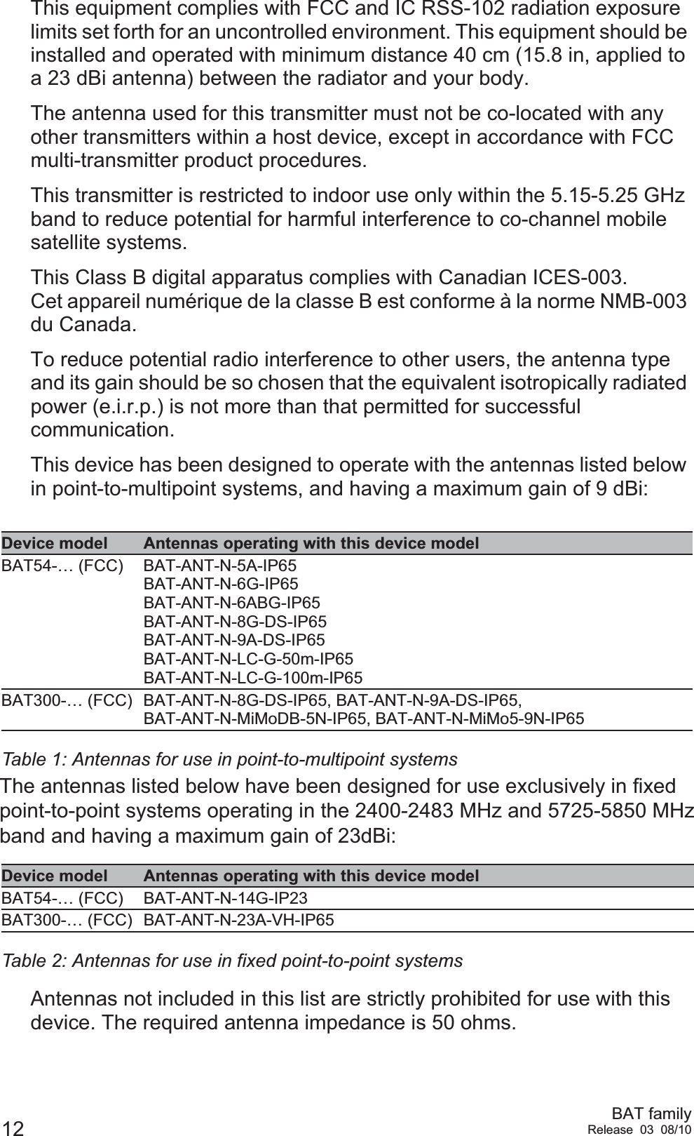 12 BAT familyRelease 03 08/10This equipment complies with FCC and IC RSS-102 radiation exposure limits set forth for an uncontrolled environment. This equipment should be installed and operated with minimum distance 40 cm (15.8 in, applied to a 23 dBi antenna) between the radiator and your body.The antenna used for this transmitter must not be co-located with any other transmitters within a host device, except in accordance with FCC multi-transmitter product procedures.This transmitter is restricted to indoor use only within the 5.15-5.25 GHz band to reduce potential for harmful interference to co-channel mobile satellite systems.This Class B digital apparatus complies with Canadian ICES-003.Cet appareil numérique de la classe B est conforme à la norme NMB-003 du Canada.To reduce potential radio interference to other users, the antenna type and its gain should be so chosen that the equivalent isotropically radiated power (e.i.r.p.) is not more than that permitted for successful communication.This device has been designed to operate with the antennas listed below in point-to-multipoint systems, and having a maximum gain of 9 dBi:The antennas listed below have been designed for use exclusively in fixed point-to-point systems operating in the 2400-2483 MHz band:Antennas not included in this list are strictly prohibited for use with this device. The required antenna impedance is 50 ohms.Device model Antennas operating with this device modelBAT54-… (FCC) BAT-ANT-N-5A-IP65BAT-ANT-N-6G-IP65BAT-ANT-N-6ABG-IP65BAT-ANT-N-8G-DS-IP65BAT-ANT-N-9A-DS-IP65BAT-ANT-N-LC-G-50m-IP65BAT-ANT-N-LC-G-100m-IP65BAT300-… (FCC) BAT-ANT-N-8G-DS-IP65, BAT-ANT-N-9A-DS-IP65, BAT-ANT-N-MiMoDB-5N-IP65, BAT-ANT-N-MiMo5-9N-IP65Table 1: Antennas for use in point-to-multipoint systemsDevice model Antennas operating with this device modelBAT54-… (FCC) BAT-ANT-N-14G-IP23BAT300-… (FCC) BAT-ANT-N-23A-VH-IP65Table 2: Antennas for use in fixed point-to-point systemsThe antennas listed below have been designed for use exclusively in fixed point-to-point systems operating in the 2400-2483 MHz and 5725-5850 MHz band and having a maximum gain of 23dBi: