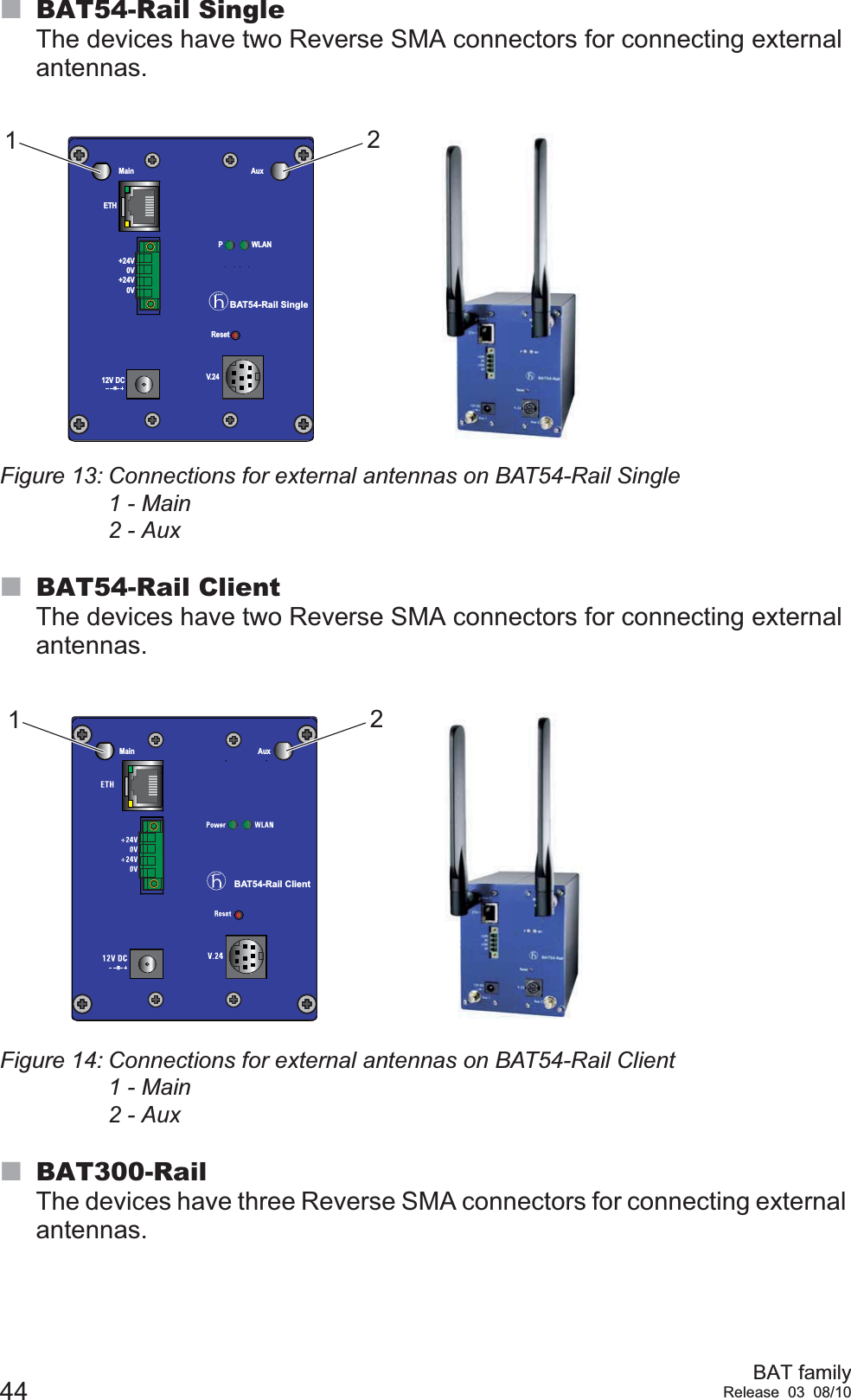 44 BAT familyRelease 03 08/10BAT54-Rail SingleThe devices have two Reverse SMA connectors for connecting external antennas.Figure 13: Connections for external antennas on BAT54-Rail Single1 - Main2 - AuxBAT54-Rail ClientThe devices have two Reverse SMA connectors for connecting external antennas.Figure 14: Connections for external antennas on BAT54-Rail Client1 - Main 2 - AuxBAT300-RailThe devices have three Reverse SMA connectors for connecting external antennas. xBAT54-Rail SingleMain AuxResetV.2412V DC+24V0V+24V0VETHWLANP12BAT54-Rail ClientAuxMain12