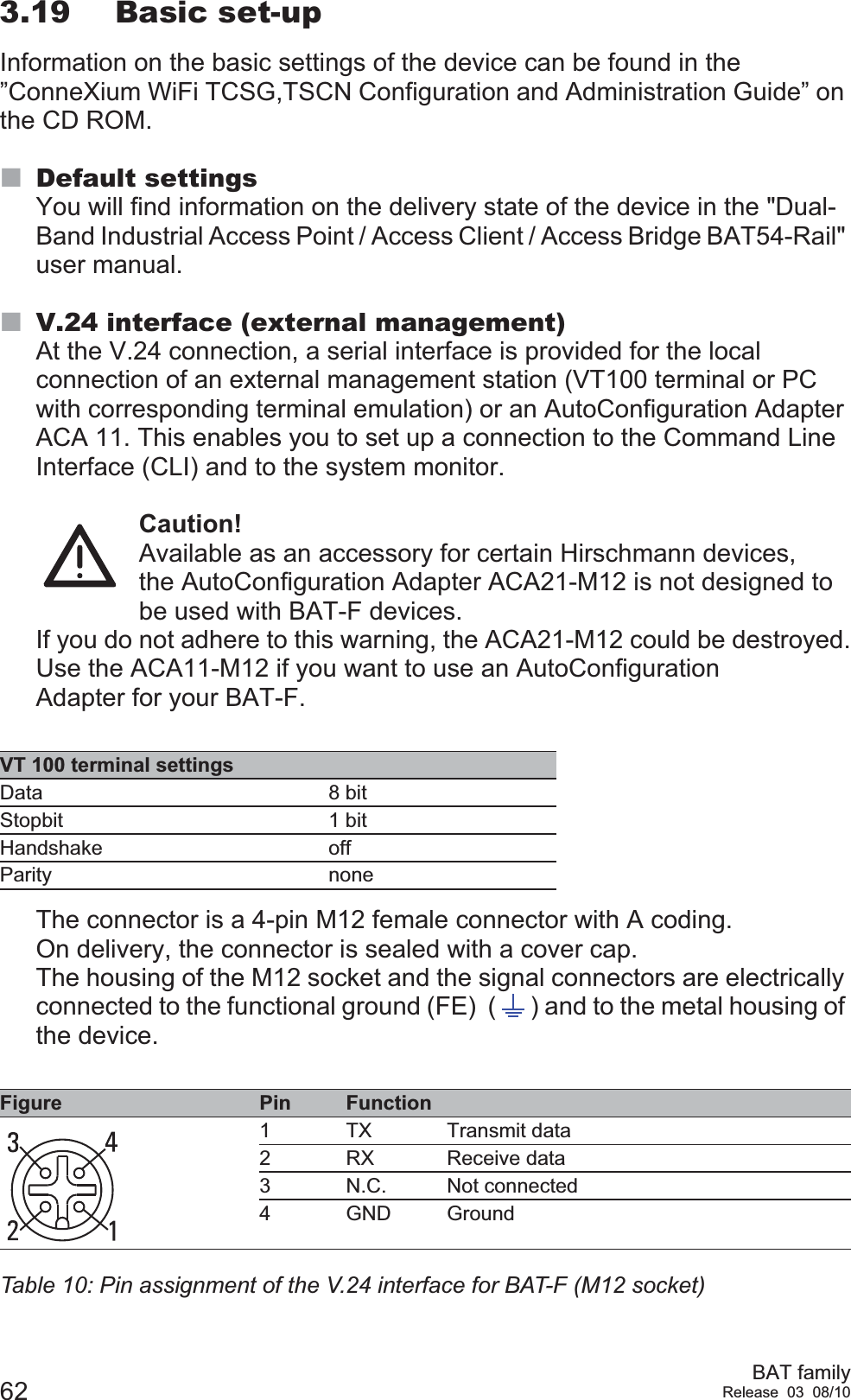 62 BAT familyRelease 03 08/103.19 Basic set-upInformation on the basic settings of the device can be found in the ”ConneXium WiFi TCSG,TSCN Configuration and Administration Guide” on the CD ROM.Default settingsYou will find information on the delivery state of the device in the &quot;Dual-Band Industrial Access Point / Access Client / Access Bridge BAT54-Rail&quot; user manual.V.24 interface (external management)At the V.24 connection, a serial interface is provided for the local connection of an external management station (VT100 terminal or PC with corresponding terminal emulation) or an AutoConfiguration Adapter ACA 11. This enables you to set up a connection to the Command Line Interface (CLI) and to the system monitor.Caution!  Available as an accessory for certain Hirschmann devices, the AutoConfiguration Adapter ACA21-M12 is not designed to be used with BAT-F devices. If you do not adhere to this warning, the ACA21-M12 could be destroyed.Use the ACA11-M12 if you want to use an AutoConfiguration Adapter for your BAT-F.The connector is a 4-pin M12 female connector with A coding. On delivery, the connector is sealed with a cover cap.The housing of the M12 socket and the signal connectors are electrically connected to the functional ground (FE)  ( ) and to the metal housing of the device.VT 100 terminal settingsData 8 bitStopbit 1 bitHandshake offParity noneFigure  Pin Function1 TX Transmit data2 RX Receive data3 N.C. Not connected4 GND GroundTable 10: Pin assignment of the V.24 interface for BAT-F (M12 socket)