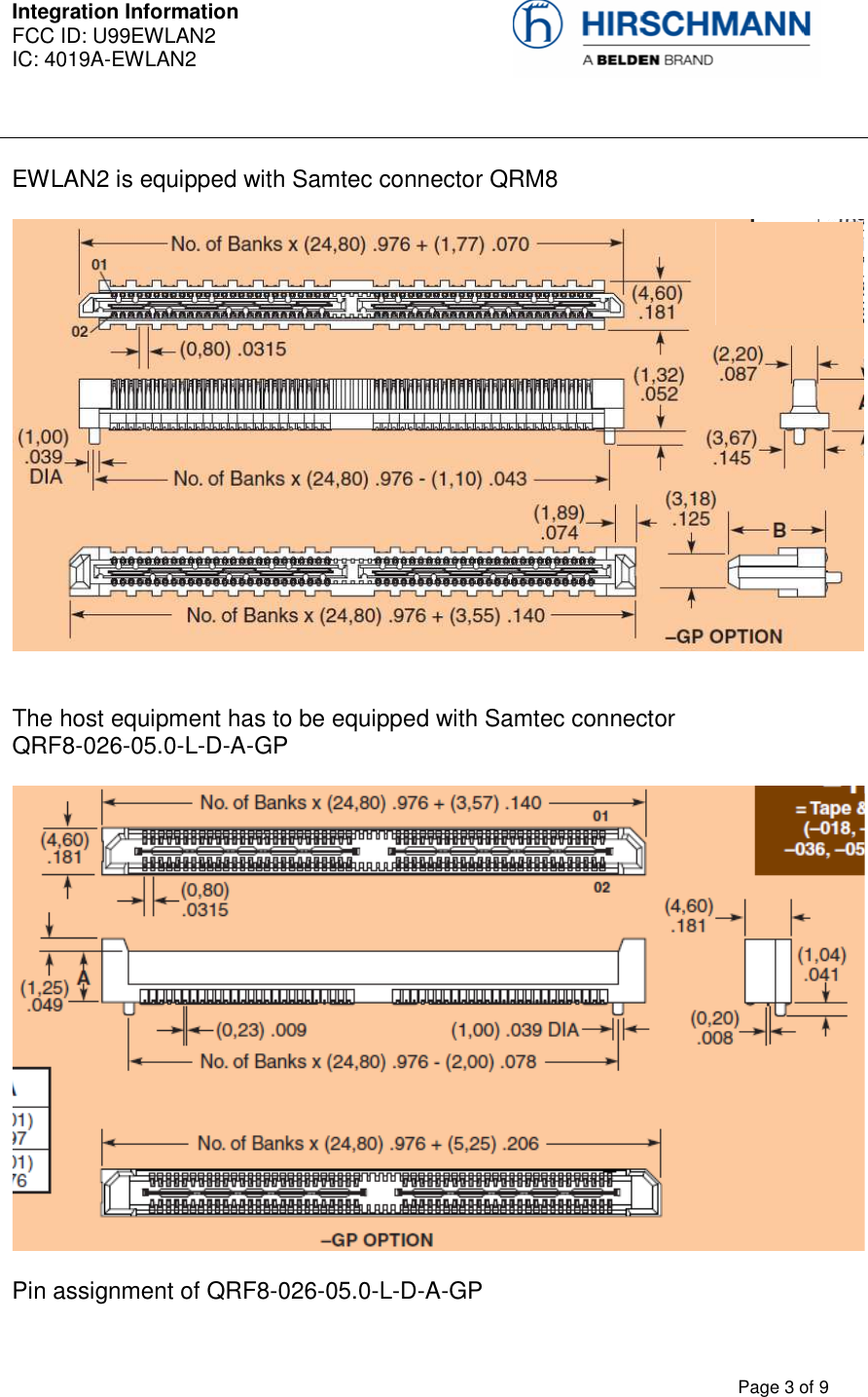 Integration Information  FCC ID: U99EWLAN2 IC: 4019A-EWLAN2     Page 3 of 9  EWLAN2 is equipped with Samtec connector QRM8     The host equipment has to be equipped with Samtec connector  QRF8-026-05.0-L-D-A-GP    Pin assignment of QRF8-026-05.0-L-D-A-GP  