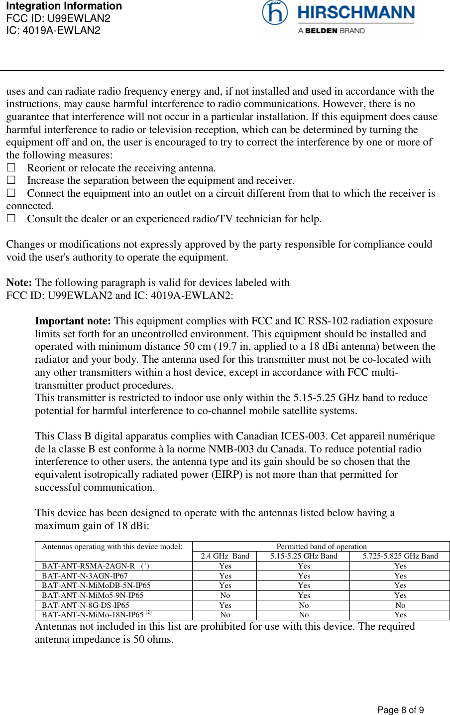 Integration Information  FCC ID: U99EWLAN2 IC: 4019A-EWLAN2     Page 8 of 9  uses and can radiate radio frequency energy and, if not installed and used in accordance with the instructions, may cause harmful interference to radio communications. However, there is no guarantee that interference will not occur in a particular installation. If this equipment does cause harmful interference to radio or television reception, which can be determined by turning the equipment off and on, the user is encouraged to try to correct the interference by one or more of the following measures:   Reorient or relocate the receiving antenna.   Increase the separation between the equipment and receiver.   Connect the equipment into an outlet on a circuit different from that to which the receiver is connected.   Consult the dealer or an experienced radio/TV technician for help.   Changes or modifications not expressly approved by the party responsible for compliance could void the user&apos;s authority to operate the equipment.  Note: The following paragraph is valid for devices labeled with  FCC ID: U99EWLAN2 and IC: 4019A-EWLAN2:   Important note: This equipment complies with FCC and IC RSS-102 radiation exposure limits set forth for an uncontrolled environment. This equipment should be installed and operated with minimum distance 50 cm (19.7 in, applied to a 18 dBi antenna) between the radiator and your body. The antenna used for this transmitter must not be co-located with any other transmitters within a host device, except in accordance with FCC multi-transmitter product procedures.  This transmitter is restricted to indoor use only within the 5.15-5.25 GHz band to reduce potential for harmful interference to co-channel mobile satellite systems.   This Class B digital apparatus complies with Canadian ICES-003. Cet appareil numérique de la classe B est conforme à la norme NMB-003 du Canada. To reduce potential radio interference to other users, the antenna type and its gain should be so chosen that the equivalent isotropically radiated power (EIRP) is not more than that permitted for successful communication.   This device has been designed to operate with the antennas listed below having a maximum gain of 18 dBi:  Antennas operating with this device model:  Permitted band of operation 2.4 GHz  Band  5.15-5.25 GHz Band  5.725-5.825 GHz Band BAT-ANT-RSMA-2AGN-R   (1)  Yes  Yes  Yes BAT-ANT-N-3AGN-IP67   Yes  Yes  Yes BAT-ANT-N-MiMoDB-5N-IP65  Yes  Yes  Yes BAT-ANT-N-MiMo5-9N-IP65 No Yes Yes BAT-ANT-N-8G-DS-IP65  Yes  No  No BAT-ANT-N-MiMo-18N-IP65 (2)  No  No  Yes Antennas not included in this list are prohibited for use with this device. The required antenna impedance is 50 ohms.   