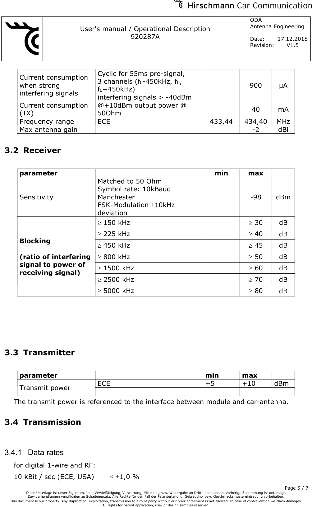     User&apos;s manual / Operational Description 920287A ODA  Antenna Engineering  Date:  17.12.2018 Revision: V1.5         Page 5 / 7 Diese Unterlage ist unser Eigentum. Jede Vervielfältigung, Verwertung, Mitteilung bzw. Weitergabe an Dritte ohne unsere vorherige Zustimmung ist untersagt. Zuwiderhandlungen verpflichten zu Schadenersatz. Alle Rechte für den Fall der Patenterteilung, Gebrauchs- bzw. Geschmacksmustereintragung vorbehalten.  This document is our property. Any duplication, exploitation, transmission to a third party without our prior agreement is not allowed. In case of contravention we claim damages.  All rights for patent application, use- or design samples reserved.  Current consumption when strong interfering signals Cyclic for 55ms pre-signal, 3 channels (f0-450kHz, f0, f0+450kHz) interfering signals &gt; -40dBm   900  µA Current consumption (TX) @+10dBm output power @ 50Ohm    40  mA Frequency range   ECE  433,44  434,40  MHz Max antenna gain      -2  dBi  3.2 Receiver  parameter    min  max   Sensitivity Matched to 50 Ohm Symbol rate: 10kBaud Manchester FSK-Modulation 10kHz deviation   -98  dBm Blocking  (ratio of interfering signal to power of receiving signal)   150 kHz     30  dB  225 kHz    40  dB  450 kHz    45  dB  800 kHz     50  dB  1500 kHz     60  dB  2500 kHz    70  dB  5000 kHz    80  dB       3.3 Transmitter  parameter    min  max   Transmit power  ECE  +5  +10  dBm            The transmit power is referenced to the interface between module and car-antenna. 3.4 Transmission  3.4.1  Data rates for digital 1-wire and RF: 10 kBit / sec (ECE, USA)   1,0 % 