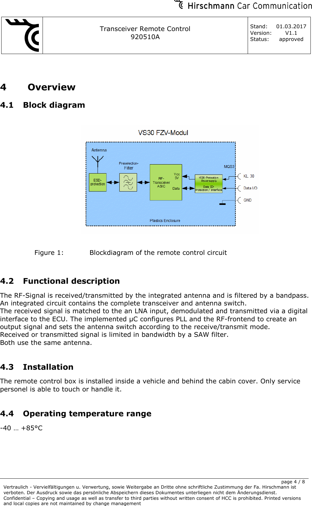     Transceiver Remote Control   920510A  Stand: 01.03.2017 Version: V1.1 Status: approved     page 4 / 8 Vertraulich - Vervielfältigungen u. Verwertung, sowie Weitergabe an Dritte ohne schriftliche Zustimmung der Fa. Hirschmann ist verboten. Der Ausdruck sowie das persönliche Abspeichern dieses Dokumentes unterliegen nicht dem Änderungsdienst. Confidential – Copying and usage as well as transfer to third parties without written consent of HCC is prohibited. Printed versions and local copies are not maintained by change management   4 Overview 4.1 Block diagram    Figure 1:  Blockdiagram of the remote control circuit  4.2 Functional description The RF-Signal is received/transmitted by the integrated antenna and is filtered by a bandpass. An integrated circuit contains the complete transceiver and antenna switch.  The received signal is matched to the an LNA input, demodulated and transmitted via a digital interface to the ECU. The implemented µC configures PLL and the RF-frontend to create an output signal and sets the antenna switch according to the receive/transmit mode.  Received or transmitted signal is limited in bandwidth by a SAW filter.  Both use the same antenna.  4.3 Installation The remote control box is installed inside a vehicle and behind the cabin cover. Only service personel is able to touch or handle it.   4.4 Operating temperature range -40 … +85°C     