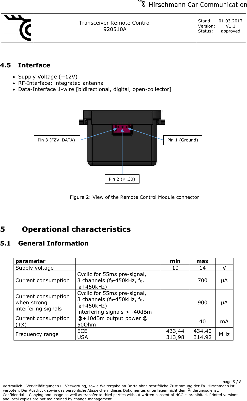     Transceiver Remote Control   920510A  Stand: 01.03.2017 Version: V1.1 Status: approved     page 5 / 8 Vertraulich - Vervielfältigungen u. Verwertung, sowie Weitergabe an Dritte ohne schriftliche Zustimmung der Fa. Hirschmann ist verboten. Der Ausdruck sowie das persönliche Abspeichern dieses Dokumentes unterliegen nicht dem Änderungsdienst. Confidential – Copying and usage as well as transfer to third parties without written consent of HCC is prohibited. Printed versions and local copies are not maintained by change management   4.5 Interface • Supply Voltage (+12V) • RF-Interface: integrated antenna • Data-Interface 1-wire [bidirectional, digital, open-collector]    Figure 2: View of the Remote Control Module connector   5 Operational characteristics 5.1 General Information  parameter  min max  Supply voltage   10 14 V Current consumption Cyclic for 55ms pre-signal, 3 channels (f0-450kHz, f0, f0+450kHz)  700 µA Current consumption when strong interfering signals Cyclic for 55ms pre-signal, 3 channels (f0-450kHz, f0, f0+450kHz) interfering signals &gt; -40dBm  900 µA Current consumption (TX) @+10dBm output power @ 50Ohm  40 mA Frequency range  ECE USA 433,44 313,98 434,40 314,92 MHz   Pin 1 (Ground) Pin 2 (Kl.30) Pin 3 (FZV_DATA) 