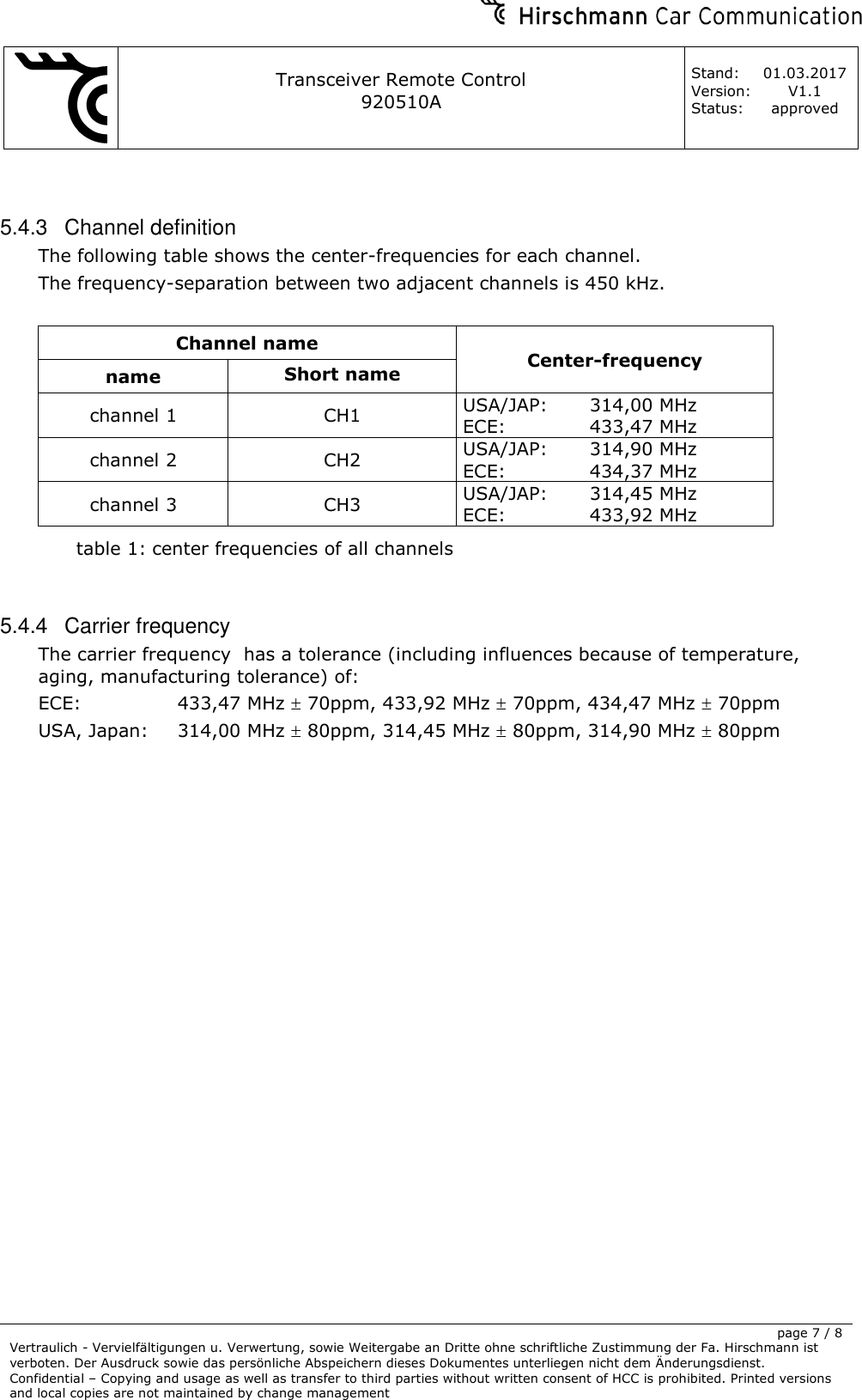     Transceiver Remote Control   920510A  Stand: 01.03.2017 Version: V1.1 Status: approved     page 7 / 8 Vertraulich - Vervielfältigungen u. Verwertung, sowie Weitergabe an Dritte ohne schriftliche Zustimmung der Fa. Hirschmann ist verboten. Der Ausdruck sowie das persönliche Abspeichern dieses Dokumentes unterliegen nicht dem Änderungsdienst. Confidential – Copying and usage as well as transfer to third parties without written consent of HCC is prohibited. Printed versions and local copies are not maintained by change management   5.4.3  Channel definition The following table shows the center-frequencies for each channel. The frequency-separation between two adjacent channels is 450 kHz.  Channel name Center-frequency name Short name channel 1 CH1 USA/JAP:   314,00 MHz ECE:     433,47 MHz channel 2 CH2 USA/JAP:  314,90 MHz ECE:     434,37 MHz channel 3 CH3 USA/JAP:   314,45 MHz ECE:     433,92 MHz table 1: center frequencies of all channels  5.4.4  Carrier frequency The carrier frequency  has a tolerance (including influences because of temperature, aging, manufacturing tolerance) of: ECE:  433,47 MHz  70ppm, 433,92 MHz  70ppm, 434,47 MHz  70ppm USA, Japan:  314,00 MHz  80ppm, 314,45 MHz  80ppm, 314,90 MHz  80ppm               