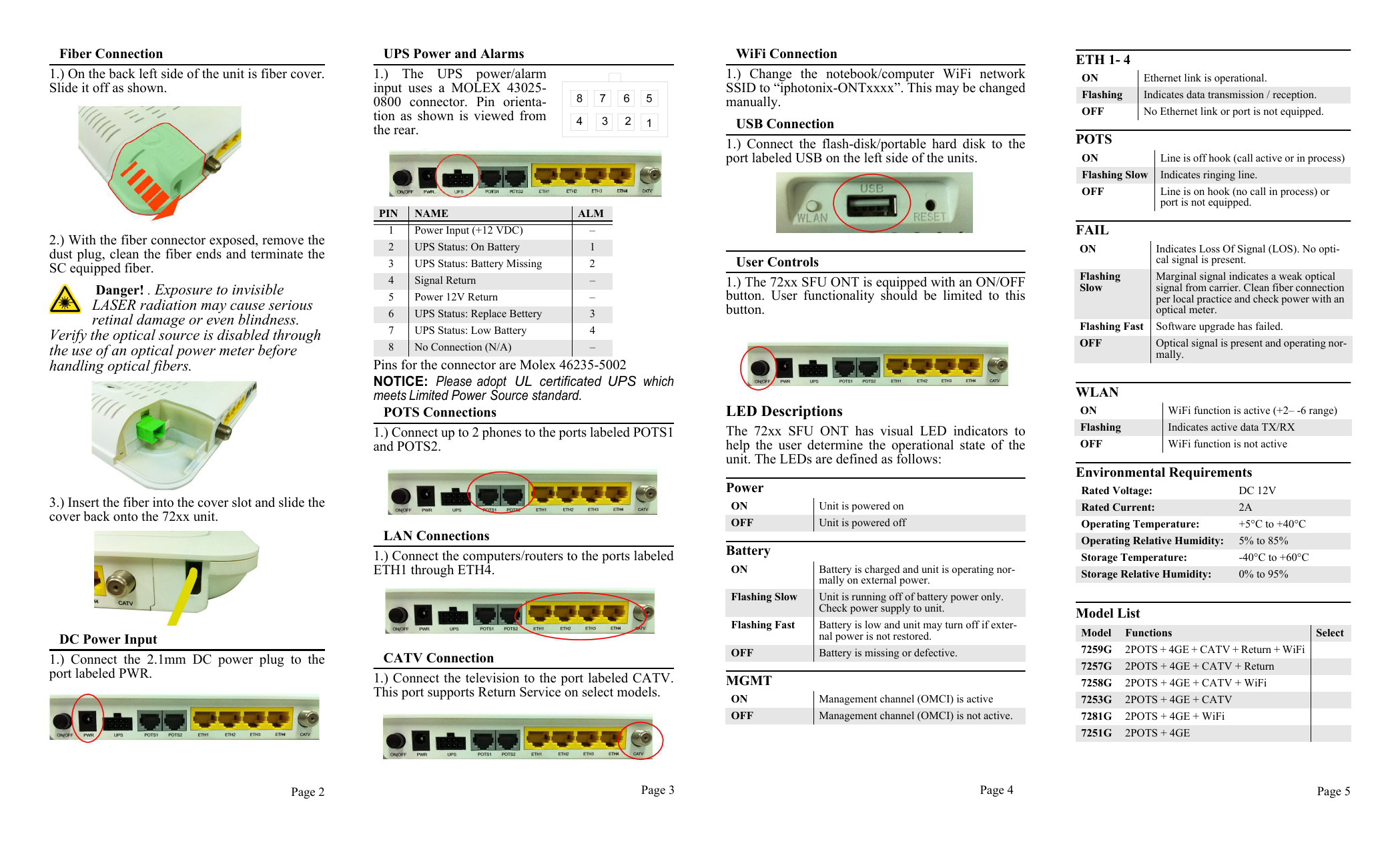 Page 2 4 egaP3 egaP Page 5Fiber Connection1.) On the back left side of the unit is fiber cover.Slide it off as shown. 2.) With the fiber connector exposed, remove thedust plug, clean the fiber ends and terminate theSC equipped fiber. Danger! . Exposure to invisible LASER radiation may cause serious retinal damage or even blindness. Verify the optical source is disabled through the use of an optical power meter before handling optical fibers.3.) Insert the fiber into the cover slot and slide thecover back onto the 72xx unit.DC Power Input1.)  Connect  the  2.1mm  DC  power  plug  to  theport labeled PWR.UPS Power and Alarms1.)  The  UPS  power/alarminput  uses  a  MOLEX  43025-0800  connector.  Pin  orienta-tion  as  shown  is  viewed  fromthe rear.Pins for the connector are Molex 46235-5002NOTICE: Please  adopt UL certificated UPS whichmeets Limited Power Source standard.POTS Connections1.) Connect up to 2 phones to the ports labeled POTS1and POTS2.LAN Connections1.) Connect the computers/routers to the ports labeledETH1 through ETH4.CATV Connection1.) Connect the television to the port labeled CATV.This port supports Return Service on select models.PIN NAME ALM1 Power Input (+12 VDC) –2 UPS Status: On Battery 13 UPS Status: Battery Missing 24 Signal Return –5 Power 12V Return –6 UPS Status: Replace Bettery 37 UPS Status: Low Battery 48 No Connection (N/A) –WiFi Connection1.)  Change  the  notebook/computer  WiFi  networkSSID to “iphotonix-ONTxxxx”. This may be changedmanually.USB Connection1.)  Connect  the  flash-disk/portable  hard  disk  to  theport labeled USB on the left side of the units.User Controls1.) The 72xx SFU ONT is equipped with an ON/OFFbutton.  User  functionality  should  be  limited  to  thisbutton.LED DescriptionsThe  72xx  SFU  ONT  has  visual  LED  indicators  tohelp  the  user  determine  the  operational  state  of  theunit. The LEDs are defined as follows:PowerBatteryMGMTON Unit is powered onOFF Unit is powered offON Battery is charged and unit is operating nor-mally on external power.Flashing Slow Unit is running off of battery power only. Check power supply to unit.Flashing Fast Battery is low and unit may turn off if exter-nal power is not restored.OFF Battery is missing or defective.ON Management channel (OMCI) is activeOFF Management channel (OMCI) is not active.ETH 1- 4POTS FAILWLAN  Environmental RequirementsModel ListON Ethernet link is operational.Flashing  Indicates data transmission / reception.OFF No Ethernet link or port is not equipped.ON Line is off hook (call active or in process)Flashing Slow Indicates ringing line.OFF Line is on hook (no call in process) or port is not equipped.ON Indicates Loss Of Signal (LOS). No opti-cal signal is present.Flashing SlowMarginal signal indicates a weak optical signal from carrier. Clean fiber connection per local practice and check power with an optical meter.Flashing Fast Software upgrade has failed.OFF Optical signal is present and operating nor-mally.ON WiFi function is active (+2– -6 range)Flashing  Indicates active data TX/RXOFF WiFi function is not activeRated Voltage: DC 12VRated Current: 2AOperating Temperature: +5°C to +40°COperating Relative Humidity: 5% to 85% Storage Temperature: -40°C to +60°CStorage Relative Humidity: 0% to 95%Model Functions Select7259G 2POTS + 4GE + CATV + Return + WiFi7257G 2POTS + 4GE + CATV + Return7258G 2POTS + 4GE + CATV + WiFi7253G 2POTS + 4GE + CATV7281G 2POTS + 4GE + WiFi7251G 2POTS + 4GE