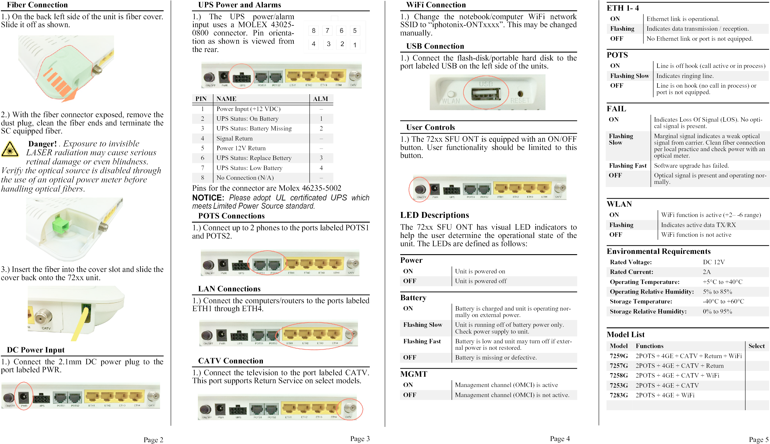 Page 2 Page 3 Page 4 Page 5Fiber Connection1.) On the back left side of the unit is fiber cover.Slide it off as shown. 2.) With the fiber connector exposed, remove thedust plug, clean the fiber ends and terminate theSC equipped fiber. Danger! . Exposure to invisible LASER radiation may cause serious retinal damage or even blindness. Verify the optical source is disabled through the use of an optical power meter before handling optical fibers.3.) Insert the fiber into the cover slot and slide thecover back onto the 72xx unit.DC Power Input1.) Connect the 2.1mm DC power plug to theport labeled PWR.UPS Power and Alarms1.) The UPS power/alarminput uses a MOLEX 43025-0800 connector. Pin orienta-tion as shown is viewed fromthe rear.Pins for the connector are Molex 46235-5002NOTICE: Please adopt UL certificated UPS whichmeets Limited Power  Source standard.POTS Connections1.) Connect up to 2 phones to the ports labeled POTS1and POTS2.LAN Connections1.) Connect the computers/routers to the ports labeledETH1 through ETH4.CATV Connection1.) Connect the television to the port labeled CATV.This port supports Return Service on select models.PIN NAME ALM1 Power Input (+12 VDC) –2 UPS Status: On Battery 13 UPS Status: Battery Missing 24 Signal Return –5 Power 12V Return –6 UPS Status: Replace Bettery 37 UPS Status: Low Battery 48 No Connection (N/A) –WiFi Connection1.) Change the notebook/computer WiFi networkSSID to “iphotonix-ONTxxxx”. This may be changedmanually.USB Connection1.) Connect the flash-disk/portable hard disk to theport labeled USB on the left side of the units.User Controls1.) The 72xx SFU ONT is equipped with an ON/OFFbutton. User functionality should be limited to thisbutton.LED DescriptionsThe 72xx SFU ONT has visual LED indicators tohelp the user determine the operational state of theunit. The LEDs are defined as follows:PowerBatteryMGMTON Unit is powered onOFF Unit is powered offON Battery is charged and unit is operating nor-mally on external power.Flashing Slow Unit is running off of battery power only. Check power supply to unit.Flashing Fast Battery is low and unit may turn off if exter-nal power is not restored.OFF Battery is missing or defective.ON Management channel (OMCI) is activeOFF Management channel (OMCI) is not active.ETH 1- 4POTS FAILWLAN  Environmental RequirementsModel ListON Ethernet link is operational.Flashing  Indicates data transmission / reception.OFF No Ethernet link or port is not equipped.ON Line is off hook (call active or in process)Flashing Slow Indicates ringing line.OFF Line is on hook (no call in process) or port is not equipped.ON Indicates Loss Of Signal (LOS). No opti-cal signal is present.Flashing SlowMarginal signal indicates a weak optical signal from carrier. Clean fiber connection per local practice and check power with an optical meter.Flashing Fast Software upgrade has failed.OFF Optical signal is present and operating nor-mally.ON WiFi function is active (+2– -6 range)Flashing  Indicates active data TX/RXOFF WiFi function is not activeRated Voltage: DC 12VRated Current: 2AOperating Temperature: +5°C to +40°COperating Relative Humidity: 5% to 85% Storage Temperature: -40°C to +60°CStorage Relative Humidity: 0% to 95%Model Functions Select7259G 2POTS + 4GE + CATV + Return + WiFi7257G 2POTS + 4GE + CATV + Return7258G 2POTS + 4GE + CATV + WiFi7253G 2POTS + 4GE + CATV7283G 2POTS + 4GE + WiFi