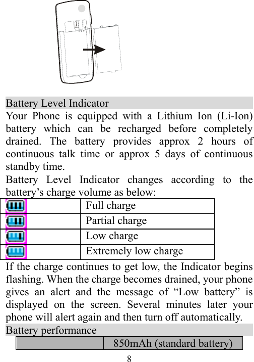  8   Battery Level Indicator                             Your Phone is equipped with a Lithium Ion (Li-Ion) battery which can be recharged before completely drained. The battery provides approx 2 hours of continuous talk time or approx 5 days of continuous standby time. Battery Level Indicator changes according to the battery’s charge volume as below:  Full charge  Partial charge  Low charge  Extremely low charge If the charge continues to get low, the Indicator begins flashing. When the charge becomes drained, your phone gives an alert and the message of “Low battery” is displayed on the screen. Several minutes later your phone will alert again and then turn off automatically. Battery performance                               850mAh (standard battery) 