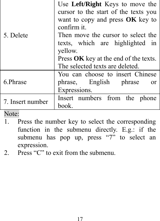  175. Delete Use  Left/Right Keys to move the cursor to the start of the texts you want to copy and press OK key to confirm it. Then move the cursor to select the texts, which are highlighted in yellow. Press OK key at the end of the texts. The selected texts are deleted.   6.Phrase You can choose to insert Chinese phrase, English phrase or Expressions.   7. Insert number  Insert numbers from the phone book. Note: 1. Press the number key to select the corresponding function in the submenu directly. E.g.: if the submenu has pop up, press “7” to select an expression.  2. Press “C” to exit from the submenu. 