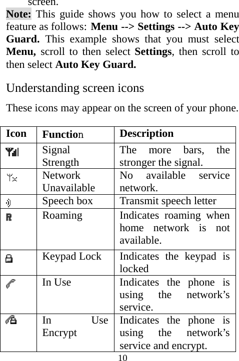  10screen.  Note: This guide shows you how to select a menu feature as follows: Menu --&gt; Settings --&gt; Auto Key Guard.  This example shows that you must select Menu,  scroll to then select Settings, then scroll to then select Auto Key Guard. Understanding screen icons These icons may appear on the screen of your phone.  Icon  Function Description  Signal Strength  The more bars, the stronger the signal.  Network Unavailable  No available service network.  Speech box  Transmit speech letter  Roaming  Indicates roaming when home network is not available.  Keypad Lock  Indicates the keypad is locked  In Use  Indicates the phone is using the network’s service.  In Use Encrypt  Indicates the phone is using the network’s service and encrypt. 