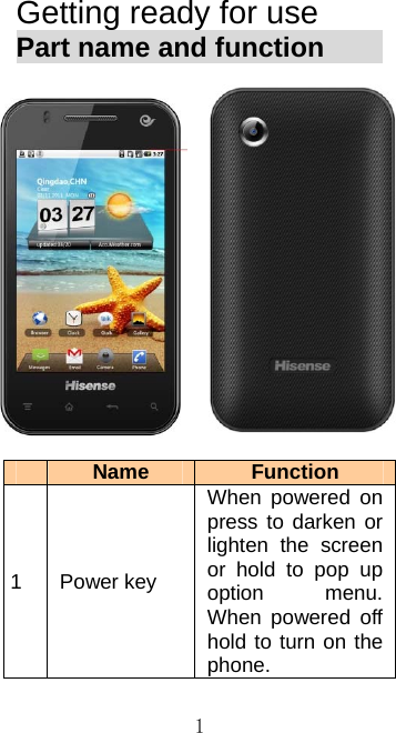  1Getting ready for use   Part name and function               Name  Function1 Power key When powered on press to darken or lighten the screen or hold to pop up option menu. When powered off hold to turn on the phone. 