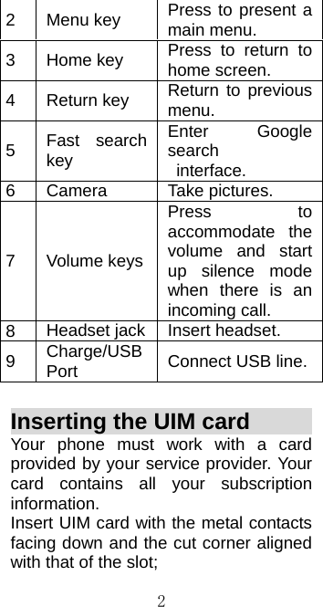  22  Menu key  Press to present a main menu. 3  Home key  Press to return to home screen. 4 Return key  Return to previous menu. 5  Fast search key Enter Google search  interface. 6 Camera   Take pictures.  7  Volume keysPress to accommodate the volume and start up silence mode when there is an incoming call. 8  Headset jack Insert headset. 9  Charge/USB Port   Connect USB line. Inserting the UIM card          Your phone must work with a card provided by your service provider. Your card contains all your subscription information. Insert UIM card with the metal contacts facing down and the cut corner aligned with that of the slot; 