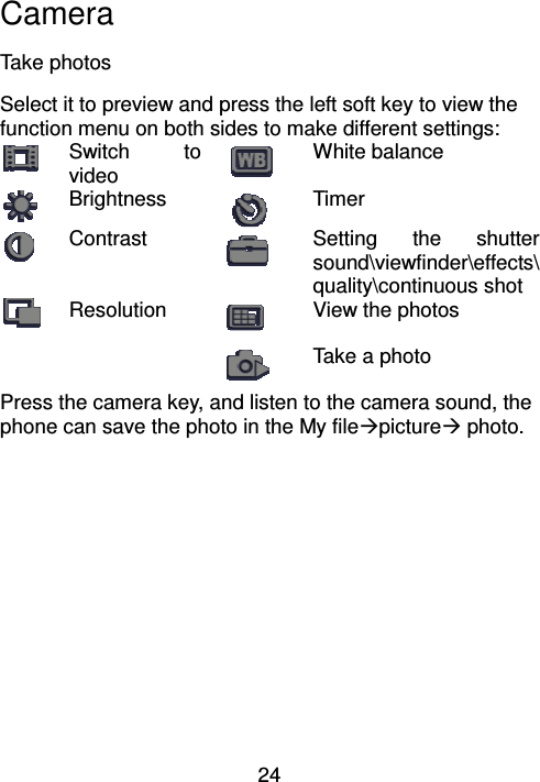24 Camera   Take photos Select it to preview and press the left soft key to view the function menu on both sides to make different settings:  Switch  to video   White balance  Brightness    Timer    Contrast    Setting  the  shutter sound\viewfinder\effects\ quality\continuous shot  Resolution     View the photos       Take a photo Press the camera key, and listen to the camera sound, the phone can save the photo in the My filepicture photo.   