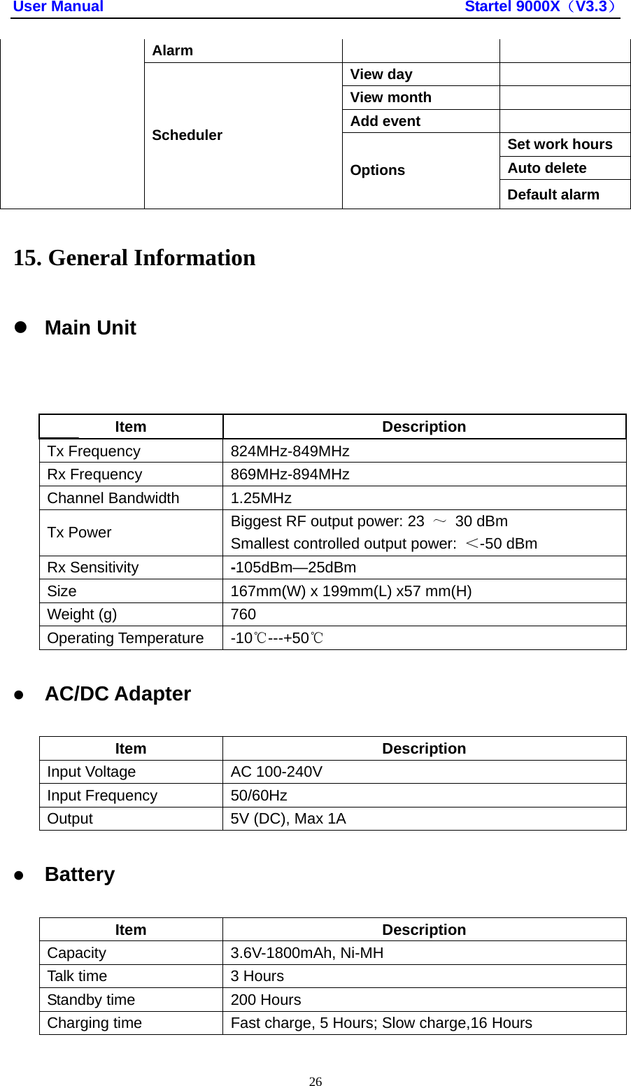 User Manual                                               Startel 9000X（V3.3） 26 Alarm      View day    View month   Add event    Set work hours Auto delete  Scheduler Options Default alarm 15. General Information z Main Unit      Item Description Tx Frequency  824MHz-849MHz Rx Frequency  869MHz-894MHz Channel Bandwidth  1.25MHz Tx Power  Biggest RF output power: 23  ～ 30 dBm Smallest controlled output power:  ＜-50 dBm Rx Sensitivity  -105dBm—25dBm Size  167mm(W) x 199mm(L) x57 mm(H) Weight (g)  760 Operating Temperature  -10℃---+50℃ z AC/DC Adapter Item Description Input Voltage  AC 100-240V Input Frequency  50/60Hz Output    5V (DC), Max 1A z Battery Item Description Capacity 3.6V-1800mAh, Ni-MH  Talk time  3 Hours Standby time  200 Hours Charging time  Fast charge, 5 Hours; Slow charge,16 Hours 