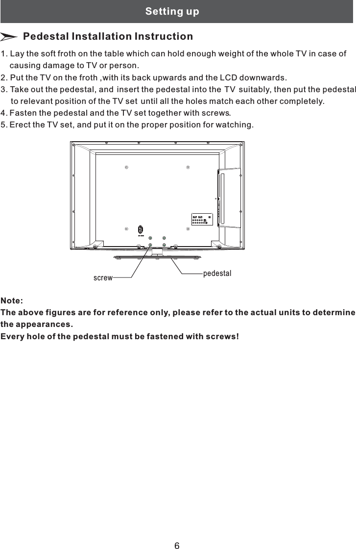 Setting up6Pedestal Installation Instruction1. Lay the soft froth on the table which can hold enough weight of the whole TV in case ofcausing damage to TV or person.2. Put the TV on the froth ,with its back upwards and the LCD downwards.3. Take out the pedestal, and insert the pedestal into the TV suitably, then put the pedestalto relevant position of the TV set until all the holes match each other completely.4. Fasten the pedestal and the TV set together with screws.5. Erect the TV set, and put it on the proper position for watching.Note:The above figures are for reference only, please refer to the actual units to determinethe appearances.Every hole of the pedestal must be fastened with screws!screw pedestal