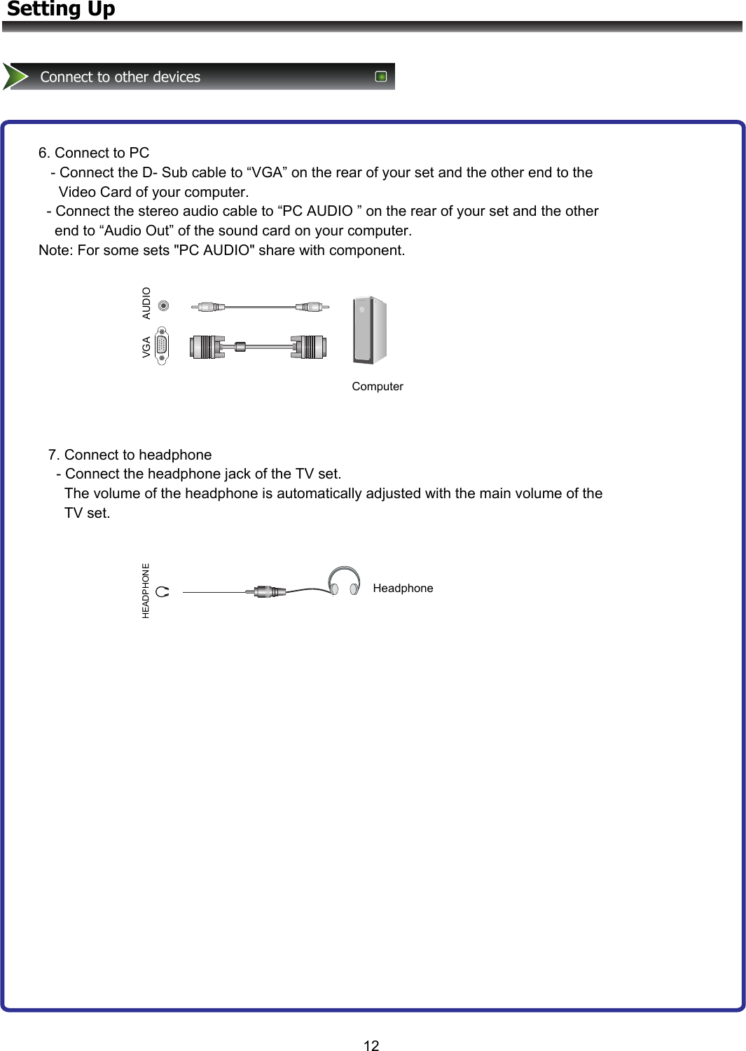 12Setting UpConnect to other devices6. Connect to PC    - Connect the D- Sub cable to “VGA” on the rear of your set and the other end to the      Video Card of your computer.   - Connect the stereo audio cable to “PC AUDIO ” on the rear of your set and the other     end to “Audio Out” of the sound card on your computer. Note: For some sets &quot;PC AUDIO&quot; share with component.7. Connect to headphone   - Connect the headphone jack of the TV set.     The volume of the headphone is automatically adjusted with the main volume of the     TV set.VGA      AUDIO   ComputerHEADPHONEHeadphone