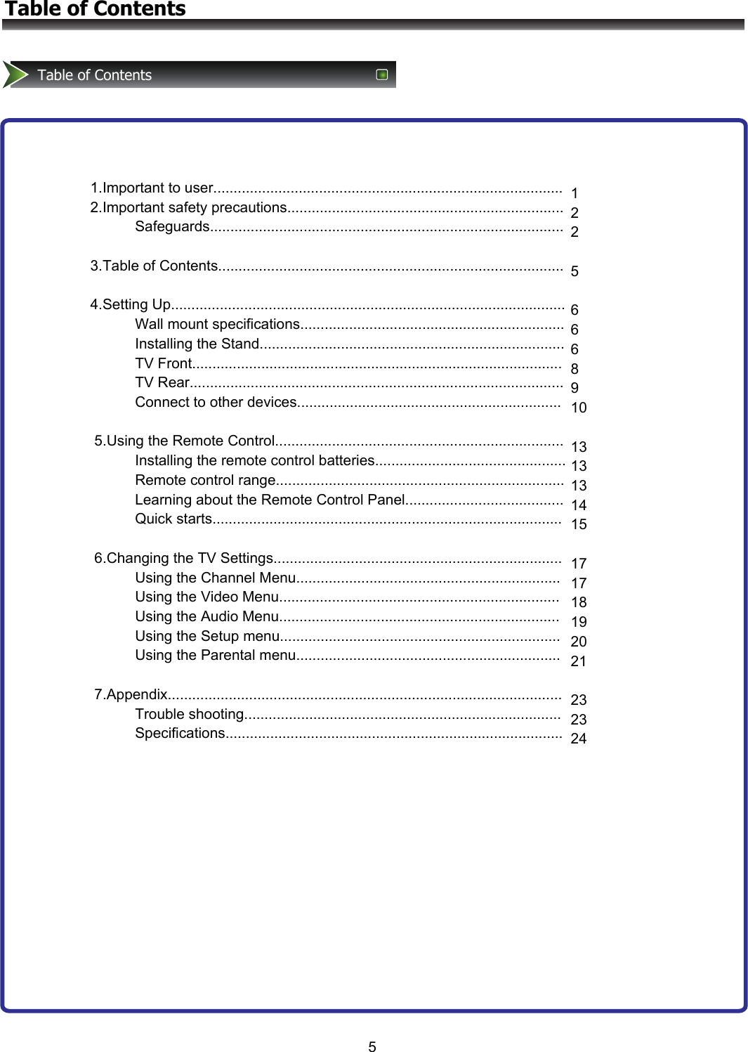 5Table of ContentsTable of Contents         1.Important to user......................................................................................     2.Important safety precautions....................................................................                Safeguards.......................................................................................                     3.Table of Contents.....................................................................................      4.Setting Up.................................................................................................                Wall mount specifications.................................................................                Installing the Stand...........................................................................                TV Front...........................................................................................                TV Rear............................................................................................                Connect to other devices.................................................................       5.Using the Remote Control.......................................................................                Installing the remote control batteries...............................................                Remote control range.......................................................................                Learning about the Remote Control Panel.......................................                Quick starts......................................................................................       6.Changing the TV Settings.......................................................................                Using the Channel Menu.................................................................                Using the Video Menu.....................................................................                Using the Audio Menu.....................................................................                Using the Setup menu.....................................................................                Using the Parental menu.................................................................       7.Appendix.................................................................................................                Trouble shooting..............................................................................                Specifications...................................................................................1 2 2  5  6 6 6 8 9 10  13 13 13 14 15  17 17 18 19 20 21  23 23 24 Table of Contents
