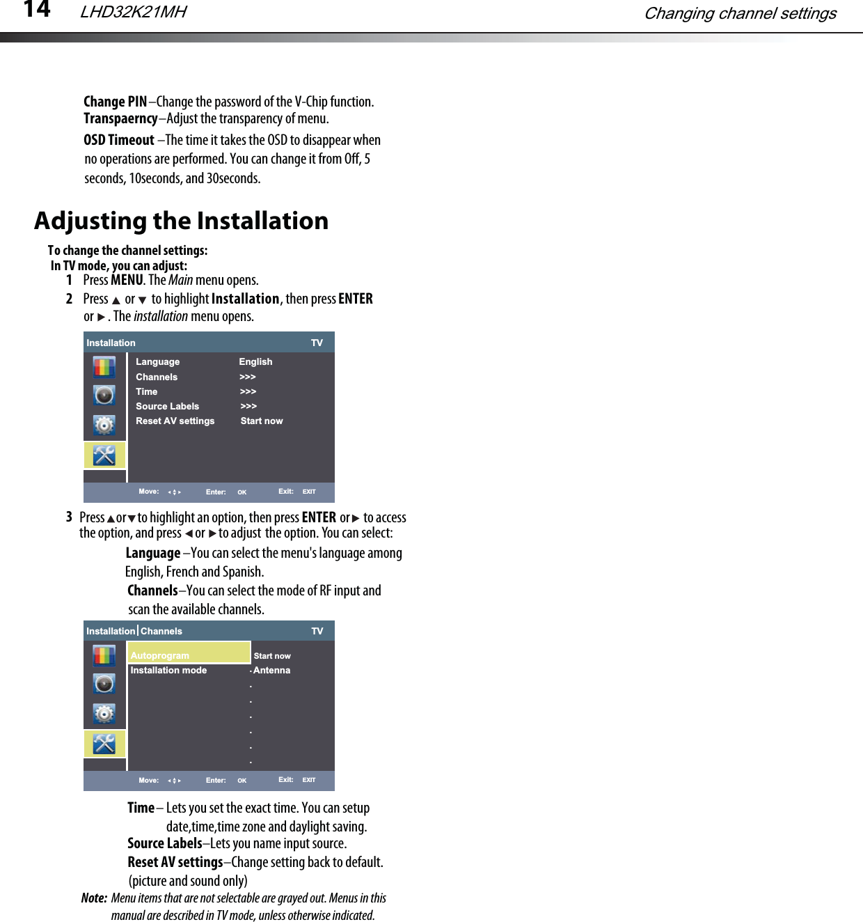 Adjusting the InstallationTo change the channel settings:1Press MENU. The Main menu opens.2Press  or  to highlight Installation, then press ENTERinstallation menu opens.3 or . The Press     or     to highlight an option, then press                  or      to accessthe option, and press      or      to adjust the option. You can select:ENTERLanguage                        –You can select the menu&apos;s language among English, French and Spanish.Installation                                                                    TVLanguage                       EnglishChannels                        &gt;&gt;&gt;Time                                &gt;&gt;&gt;Source Labels                &gt;&gt;&gt;Reset AV settings          Start nowMove: Enter:      OK Exit:     EXITChannels                    –You can select the mode of RF input and scan the available channels.Time– Lets you set the exact time. You can setupdate,time,time zone and daylight saving.Source Labels–Lets you name input source.Reset AV settings                                      –Change setting back to default. (picture and sound only)In TV mode, you can adjust:Installation  Channels                                                  TVMove: Enter:      OK Exit:     EXIT.......Autoprogram                         Start nowInstallation mode                  Antenna14Changing channel settingsLHD32K21MHChange PIN–Change the password of the V-Chip function.Transpaerncy–Adjust the transparency of menu.OSD Timeout                             –The time it takes the OSD to disappear whenno operations are performed. You can change it from O, 5seconds, 10seconds, and 30seconds.Note:  Menu items that are not selectable are grayed out. Menus in this manual are described in TV mode, unless otherwise indicated.