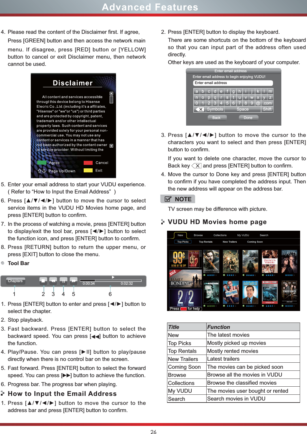 26Advanced Features4. Please read the content of the Disclaimer first. If agree,Press [GREEN] button and then access the network mainmenu. If disagree, press [RED] button or [YELLOW] button to cancel or exit Disclaimer menu, then network cannot be used.5. Enter your email address to start your VUDU experience.  ( Refer to “How to Input the Email Address”  )6. service items in the VUDU HD Movies home page, and press [ENTER] button to confirm.7. In the process of watching a movie, press [ENTER] button the function icon, and press [ENTER] button to confirm. 8. Press [RETURN] button to return the upper menu, or press [EXIT] button to close the menu.Tool Bar1. select the chapter. 2. Stop playback.3. Fast backward. Press [ENTER] button to select the backward speed. You can press [ ] button to achieve the function.4.  directly when there is no control bar on the screen.5. Fast forward. Press [ENTER] button to select the forward speed. You can press [ ] button to achieve the function.6. Progress bar. The progress bar when playing.How to Input the Email Address1. address bar and press [ENTER] button to confirm.2. Press [ENTER] button to display the keyboard.There are some shortcuts on the bottom of the keyboard so that you can input part of the address often used directly.Other keys are used as the keyboard of your computer. 3. characters you want to select and then press [ENTER] button to confirm. If you want to delete one character, move the cursor to Back key   and press [ENTER] button to confirm.4. Move the cursor to Done key and press [ENTER] button to confirm if you have completed the address input. Then the new address will appear on the address bar.VUDU HD Movies home pageabcde f gh i j k lmnopq r s t uvwxyz0123456789@.comSymbols Space ShiftEnter email addressBack DoneEnter email addressEnter email address to begin enjoying VUDU!NOTETV screen may be difference with picture.0:00:34                          0:02:32Chapters23451 6Press   for helpTitle FunctionNew The latest moviesTop Picks Mostly picked up moviesTop Rentals Mostly rented moviesNew Trailers Latest trailersComing Soon The movies can be picked soonBrowse Browse all the movies in VUDUCollections Browse the classified moviesMy VUDU The movies user bought or rentedSearch Search movies in VUDU