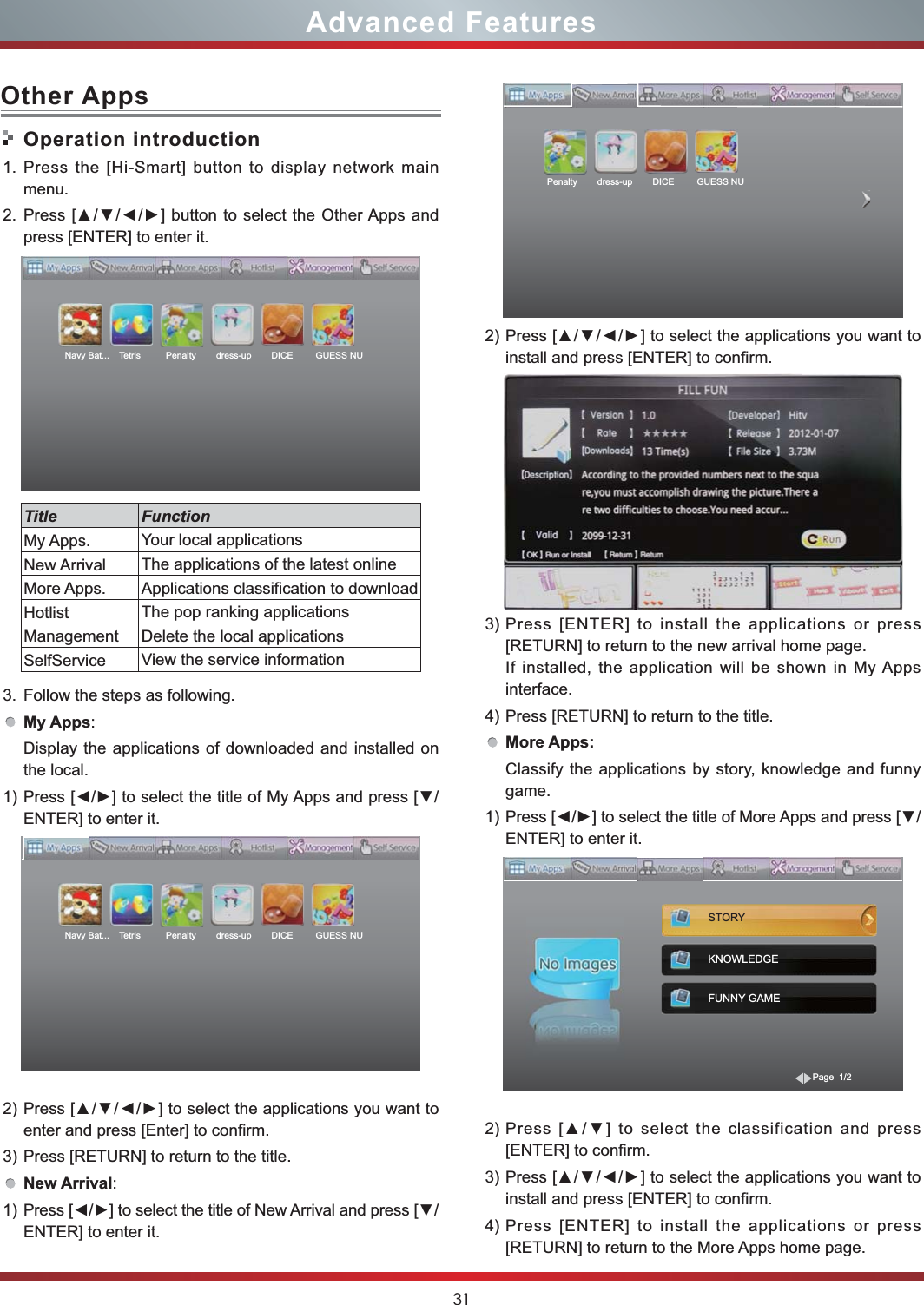 31Operation introduction1. Press the [Hi-Smart] button to display network main menu.2. press [ENTER] to enter it.    3. Follow the steps as following.My Apps: Display the applications of downloaded and installed on the local.1) ENTER] to enter it.2) enter and press [Enter] to confirm.3) Press [RETURN] to return to the title.New Arrival: 1) ENTER] to enter it.Other AppsTitle FunctionMy Apps. Your local applicationsNew Arrival The applications of the latest onlineMore Apps.  Applications classification to downloadHotlist The pop ranking applicationsManagement Delete the local applications SelfService View the service informationAdvanced Features2) install and press [ENTER] to confirm.3) Press [ENTER] to install the applications or press [RETURN] to return to the new arrival home page.If installed, the application will be shown in My Apps interface.4) Press [RETURN] to return to the title.More Apps:Classify the applications by story, knowledge and funny game.1) ENTER] to enter it.2) [ENTER] to confirm.3) install and press [ENTER] to confirm.4) Press [ENTER] to install the applications or press [RETURN] to return to the More Apps home page.STORYKNOWLEDGEFUNNY GAMEPage  1/2Navy Bat...    Tetris          Penalty        dress-up        DICE         GUESS NUNavy Bat...    Tetris          Penalty        dress-up        DICE         GUESS NUPenalty        dress-up        DICE         GUESS NU  