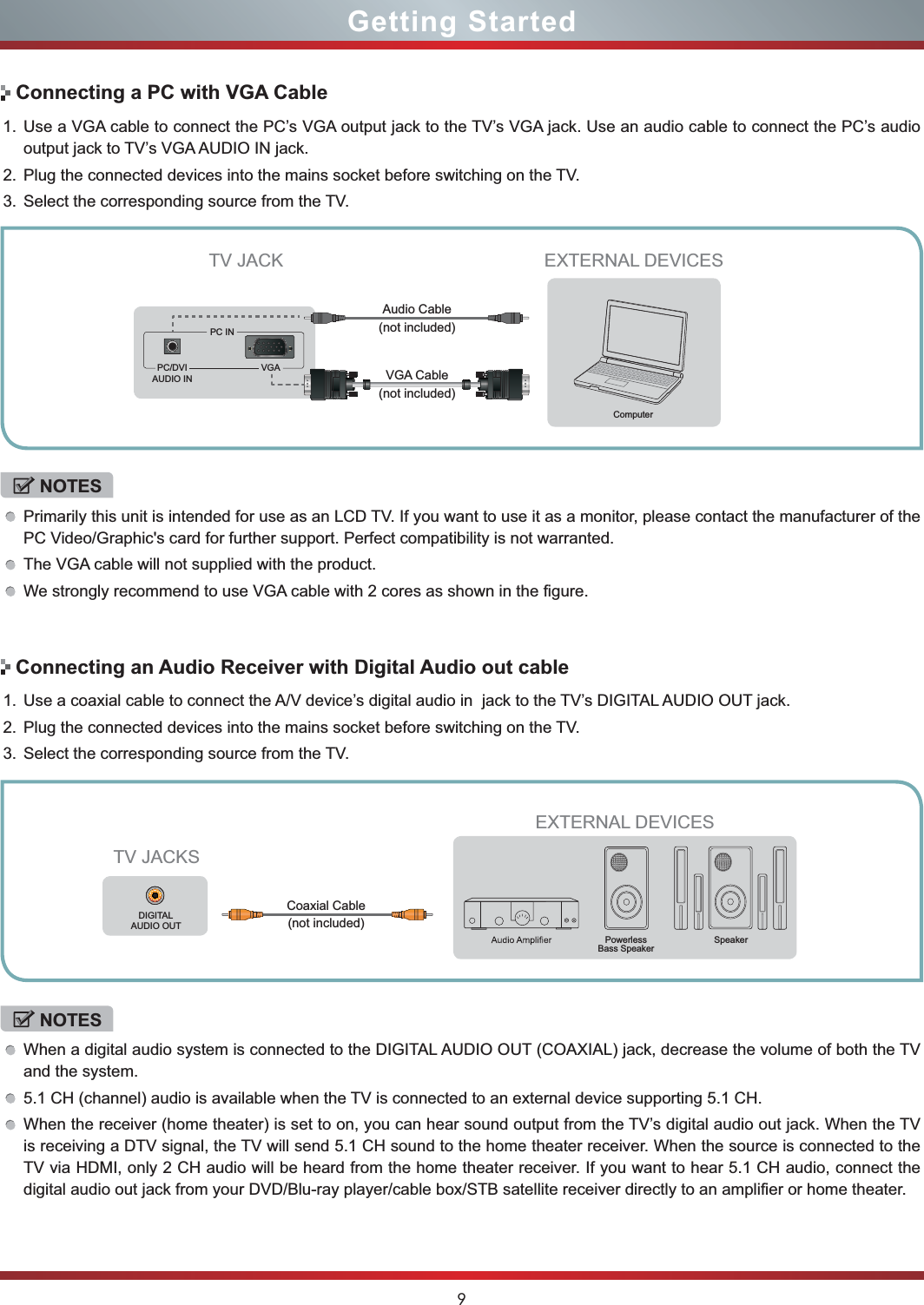 9Getting StartedConnecting a PC with VGA CableConnecting an Audio Receiver with Digital Audio out cable1. Use a VGA cable to connect the PC’s VGA output jack to the TV’s VGA jack. Use an audio cable to connect the PC’s audio output jack to TV’s VGA AUDIO IN jack. 2. Plug the connected devices into the mains socket before switching on the TV. 3. Select the corresponding source from the TV. 1. Use a coaxial cable to connect the A/V device’s digital audio in  jack to the TV’s DIGITAL AUDIO OUT jack.2. Plug the connected devices into the mains socket before switching on the TV.3. Select the corresponding source from the TV. NOTESPrimarily this unit is intended for use as an LCD TV. If you want to use it as a monitor, please contact the manufacturer of the PC Video/Graphic&apos;s card for further support. Perfect compatibility is not warranted.The VGA cable will not supplied with the product. We strongly recommend to use VGA cable with 2 cores as shown in the figure.NOTESWhen a digital audio system is connected to the DIGITAL AUDIO OUT (COAXIAL) jack, decrease the volume of both the TV and the system. 5.1 CH (channel) audio is available when the TV is connected to an external device supporting 5.1 CH.When the receiver (home theater) is set to on, you can hear sound output from the TV’s digital audio out jack. When the TV is receiving a DTV signal, the TV will send 5.1 CH sound to the home theater receiver. When the source is connected to the TV via HDMI, only 2 CH audio will be heard from the home theater receiver. If you want to hear 5.1 CH audio, connect the digital audio out jack from your DVD/Blu-ray player/cable box/STB satellite receiver directly to an amplifier or home theater.TV JACKSEXTERNAL DEVICESPowerless Bass SpeakerSpeaker   DIGITAL AUDIO OUTCoaxial Cable (not included)EXTERNAL DEVICESComputerTV JACKAudio Cable (not included)VGA Cable (not included)VGAPC IN  PC/DVI AUDIO IN