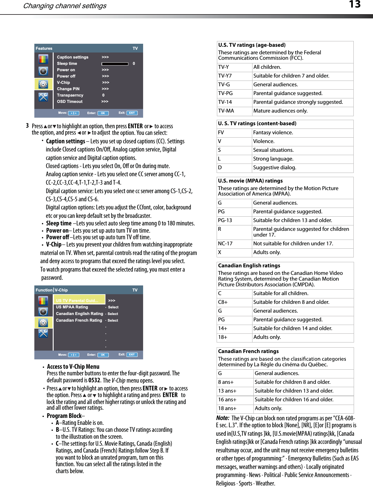 133Press     or     to highlight an option, then press                  or      to accessthe option, and press      or      to adjust the option. You can select:ENTERCaption settings                                     – Lets you set up closed captions (CC). Settings include Closed captions On/O, Analog caption service, Digital caption service and Digital caption options.Closed captions - Lets you select On, O or On during mute. Analog caption service - Lets you select one CC server among CC-1,CC-2,CC-3,CC-4,T-1,T-2,T-3 and T-4.Digital caption service: Lets you select one cc server among CS-1,CS-2,CS-3,CS-4,CS-5 and CS-6.Digital caption options: Lets you adjust the CCfont, color, background etc or you can keep default set by the broadcaster.Changing channel settingsFeatures                                                                        TVCaption settings            &gt;&gt;&gt;Sleep time                                                  0Power on                        &gt;&gt;&gt;Power off                        &gt;&gt;&gt;V-Chip                             &gt;&gt;&gt;Change PIN                    &gt;&gt;&gt;Transpaerncy                 0OSD Timeout                 &gt;&gt;&gt;Move: Enter: OK Exit:   EXITSleep time                         –Lets you select auto sleep time among 0 to 180 minutes.Power on                      – Lets you set up auto turn TV on time.Power o                      –Lets you set up auto turn TV o time.V-Chip                    – Lets you prevent your children from watching inappropriate material on TV. When set, parental controls read the rating of the program and deny access to programs that exceed the ratings level you select. To watch programs that exceed the selected rating, you must enter a password.Hotel    Function Lock                                                  TVMove: Enter: OK Exit:   EXIT         OffSearch Lock   OffUser Save Lock OffPicture Lock   OffAudio Lock    OffFeatures Lock   OffInstallation Lock   OffDMP Lock   Off.......Function  V-Chip                                                          TVMove: Enter: OK Exit:   EXITUS TV Parental Guid...         &gt;&gt;&gt;US MPAA Rating SelectCanadian English Rating SelectCanadian French Rating Select.......Press the number buttons to enter the four-digit password. The default password is 0532.The V-Chip menu opens.Access to V-Chip MenuProgram Block–A–Rating Enable is on.B–U.S. TV Ratings: You can choose TV ratings according to the illustration on the screen.C–The settings for U.S. Movie Ratings, Canada (English) Ratings, and Canada (French) Ratings follow Step B. If you want to block an unrated program, turn on this function. You can select all the ratings listed in the charts below.Press     or     to highlight an option, then press                  or      to accessthe option. Press      or      to highlight a rating and press                     to ENTERENTERlockand all other lower ratings. the rating and all other higher ratings or unlock the rating and U.S. TV ratings (age-based)These ratings are determined by the Federal Communications Commission (FCC).TV-Y All children.TV-Y7 Suitable for children 7 and older.TV-G General audiences.TV-PG Parental guidance suggested.TV-14 Parental guidance strongly suggested.TV-MA Mature audiences only.U. S. TV ratings (content-based)FV Fantasy violence.V Violence.S Sexual situations.L Strong language.D Suggestive dialog.U.S. movie (MPAA) ratingsThese ratings are determined by the Motion Picture Association of America (MPAA).G General audiences.PG Parental guidance suggested.PG-13 Suitable for children 13 and older.R Parental guidance suggested for children under 17.NC-17 Not suitable for children under 17.X Adults only.Canadian French ratingsdetermined by La Régle du cinéma du Québec.G General audiences.8 ans+ Suitable for children 8 and older.13 ans+ Suitable for children 13 and older.16 ans+ Suitable for children 16 and older.18 ans+ Adults only.Canadian English ratingsThese ratings are based on the Canadian Home Video Rating System, determined by the Canadian Motion Picture Distributors Association (CMPDA).C Suitable for all children.C8+ Suitable for children 8 and older.G General audiences.PG Parental guidance suggested.14+ Suitable for children 14 and older.18+ Adults only.The V-Chip can block non rated programs as per &quot;CEA-608-Note:E sec. L.3&quot;. If the option to block [None], [NR], [E]or [E] programs is used in[U.S,TV ratings ]kk, [U.S.movie(MPAA) ratings]kk, [Canada English ratings]kk or [Canada French ratings ]kk accordingly “unusualresultsmay occur, and the unit may not receive emergency bulletins or other types of programming:” · Emergency Bulletins (Such as EAS messages, weather warnings and others) · Locally originated programming · News · Political · Public Service Announcements · Religious · Sports · Weather.