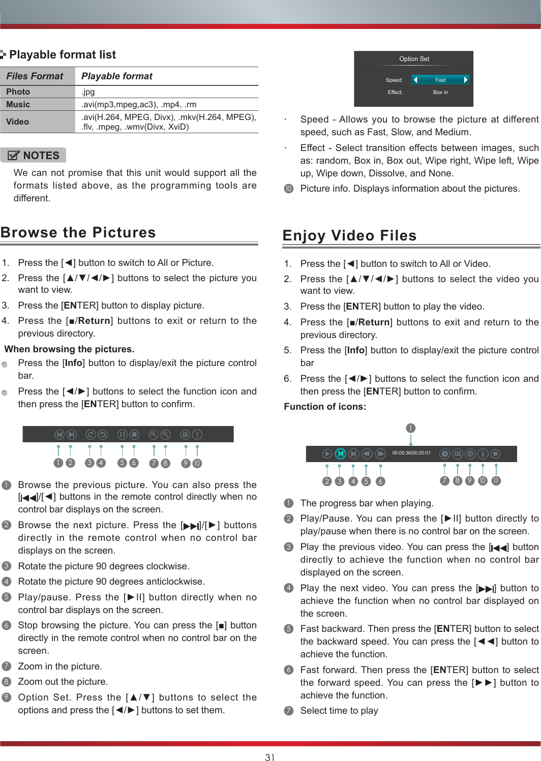 31Browse the Pictures Enjoy Video Files1. Press the [◄] button to switch to All or Picture.2. Press the [▲/▼/◄/►] buttons to select the picture you want to view.3. Press the [ENTER] button to display picture.4. Press  the  [■/Return]  buttons to exit or return to the previous directory. When browsing the pictures.Press the [Info] button to display/exit the picture control bar.Press the [◄/►] buttons to select the function icon and then press the [ENTER] button to confirm.1Browse the previous picture. You can also press the [ ]/[◄] buttons in the remote control directly when no control bar displays on the screen.2Browse the next picture. Press the []/[►] buttons directly in the remote control when no control bar displays on the screen.3Rotate the picture 90 degrees clockwise. 4Rotate the picture 90 degrees anticlockwise. 5Play/pause.  Press  the  [►II]  button  directly  when  no control bar displays on the screen.6Stop browsing the picture. You can press the [■] button directly in the remote control when no control bar on the screen.7Zoom in the picture. 8Zoom out the picture. 9Option  Set.  Press  the  [▲/▼]  buttons  to  select  the options and press the [◄/►] buttons to set them.1 2 3 4 5 6 7 8 9101. Press the [◄] button to switch to All or Video.2. Press the [▲/▼/◄/►] buttons to  select  the  video  you want to view.3. Press the [ENTER] button to play the video.4. Press the [■/Return] buttons to exit and return to the previous directory.5. Press the [Info] button to display/exit the picture control bar6. Press the [◄/►] buttons to select the function icon and then press the [ENTER] button to confirm.Function of icons:2 3 4 5 617 8 910  1100:00:36/00:20:011The progress bar when playing.2Play/Pause. You can press the [►II] button  directly  to play/pause when there is no control bar on the screen.3Play the previous video. You can press the [ ] button directly to achieve the function when no control bar displayed on the screen.4Play the next video. You can press the [ ] button to achieve the function when no control bar displayed on the screen.5Fast backward. Then press the [ENTER] button to select the backward speed. You can press the [◄◄] button to achieve the function.6Fast forward. Then press the [ENTER] button to select the forward speed. You can press the [►►] button to achieve the function.7Select time to playFiles Format Playable formatPhoto .jpgMusic .avi(mp3,mpeg,ac3), .mp4, .rmVideo .avi(H.264,  MPEG,  Divx),  .mkv(H.264,  MPEG),                                                                 .flv, .mpeg, .wmv(Divx, XviD) NOTESWe can not promise that this unit would support all the formats listed above, as the programming tools are different. Playable format list                 Option SetSpeed:Effect:FastBox in・Speed - Allows you to browse the picture at different speed, such as Fast, Slow, and Medium.・Effect - Select transition effects between images, such as: random, Box in, Box out, Wipe right, Wipe left, Wipe up, Wipe down, Dissolve, and None. 10Picture info. Displays information about the pictures.