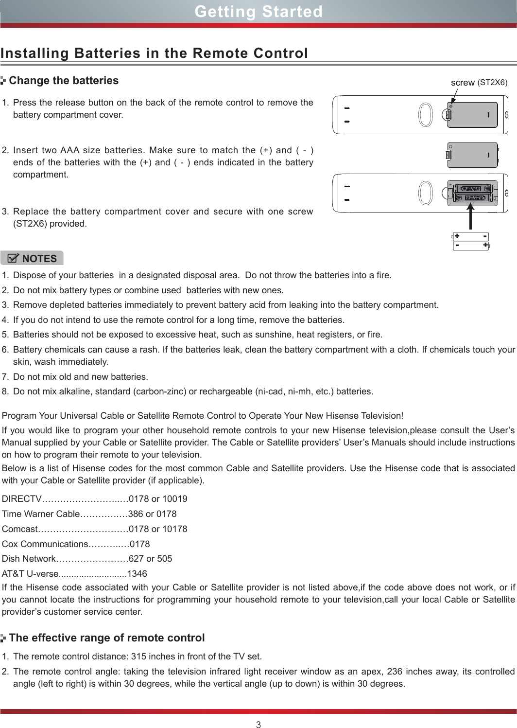 3Installing Batteries in the Remote ControlGetting Started1. Press the release button on the back of the remote control to remove the battery compartment cover. 2. Insert two AAA size batteries. Make sure to match the (+) and ( - ) ends of the batteries with the (+) and ( - ) ends indicated in the battery compartment.3. Replace the battery compartment cover and secure with one screw (ST2X6) provided.1. The remote control distance: 315 inches in front of the TV set.2. The remote control angle: taking the television infrared light receiver window as an apex, 236 inches away, its controlled angle (left to right) is within 30 degrees, while the vertical angle (up to down) is within 30 degrees.NOTES1. Dispose of your batteries  in a designated disposal area.  Do not throw the batteries into a fire.2. Do not mix battery types or combine used  batteries with new ones.3. Remove depleted batteries immediately to prevent battery acid from leaking into the battery compartment.4. If you do not intend to use the remote control for a long time, remove the batteries.5. Batteries should not be exposed to excessive heat, such as sunshine, heat registers, or fire.6. Battery chemicals can cause a rash. If the batteries leak, clean the battery compartment with a cloth. If chemicals touch your skin, wash immediately.7. Do not mix old and new batteries.8. Do not mix alkaline, standard (carbon-zinc) or rechargeable (ni-cad, ni-mh, etc.) batteries.Program Your Universal Cable or Satellite Remote Control to Operate Your New Hisense Television!If you would like to program your other household remote controls to your new Hisense television,please consult the User’s Manual supplied by your Cable or Satellite provider. The Cable or Satellite providers’ User’s Manuals should include instructions on how to program their remote to your television.Below is a list of Hisense codes for the most common Cable and Satellite providers. Use the Hisense code that is associated with your Cable or Satellite provider (if applicable).  DIRECTV……………………..…0178 or 10019Time Warner Cable………….…386 or 0178Comcast…………………………0178 or 10178 Cox Communications………..…0178Dish Network……………………627 or 505AT&amp;T U-verse...........................1346If the Hisense code associated with your Cable or Satellite provider is not listed above,if the code above does not work, or if you cannot locate the instructions for programming your household remote to your television,call your local Cable or Satellite provider’s customer service center.Change the batteriesThe effective range of remote controlscrew (ST2X6)