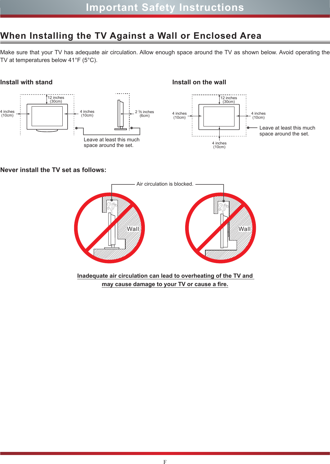 FImportant Safety InstructionsWhen Installing the TV Against a Wall or Enclosed AreaInstall with standNever install the TV set as follows:Install on the wallMake sure that your TV has adequate air circulation. Allow enough space around the TV as shown below. Avoid operating the TV at temperatures below 41°F (5°C).Leave at least this much space around the set.Leave at least this much space around the set.4 inches(10cm)4 inches(10cm) 4 inches(10cm)4 inches(10cm)4 inches(10cm)2 3⁄8 inches(6cm)12 inches(30cm) 12 inches(30cm)Wall WallAir circulation is blocked.Inadequate air circulation can lead to overheating of the TV and  may cause damage to your TV or cause a re.