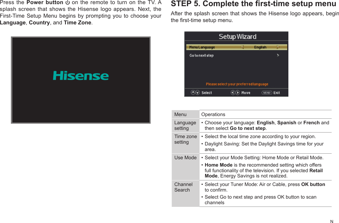 NSTEP 5. Complete the first-time setup menuAfter the splash screen that shows the Hisense logo appears, begin the first-time setup menu.Press the Power button  on the remote to turn on the TV. A splash screen that shows the Hisense logo appears. Next, the First-Time Setup Menu begins by prompting you to choose your Language, Country, and Time Zone.Menu OperationsLanguage setting•Chooseyourlanguage:English, Spanish or French and then select Gotonextstep. Time zone setting•Selectthelocaltimezoneaccordingtoyourregion.•DaylightSaving:SettheDaylightSavingstimeforyourarea.Use Mode •SelectyourModeSetting:HomeModeorRetailMode.•Home Mode is the recommended setting which offers full functionality of the television. If you selected Retail Mode, Energy Savings is not realized.Channel Search•SelectyourTunerMode:AirorCable,pressOK button toconrm.•SelectGotonextstepandpressOKbuttontoscanchannels
