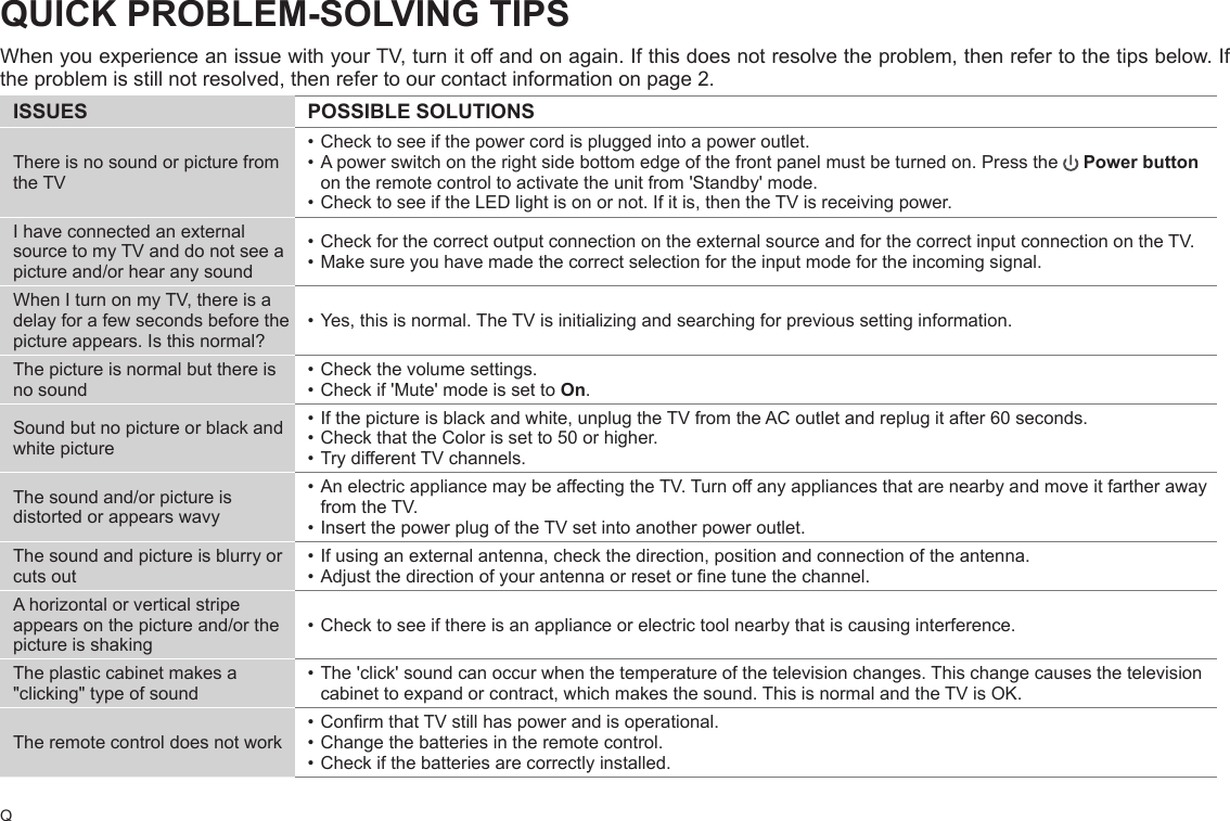 QQUICK PROBLEM-SOLVING TIPSWhen you experience an issue with your TV, turn it off and on again. If this does not resolve the problem, then refer to the tips below. If the problem is still not resolved, then refer to our contact information on page 2.ISSUES POSSIBLE SOLUTIONSThere is no sound or picture from the TV•Checktoseeifthepowercordispluggedintoapoweroutlet.•Apowerswitchontherightsidebottomedgeofthefrontpanelmustbeturnedon.Pressthe  Power button on the remote control to activate the unit from &apos;Standby&apos; mode.•ChecktoseeiftheLEDlightisonornot.Ifitis,thentheTVisreceivingpower.I have connected an external source to my TV and do not see a picture and/or hear any sound•CheckforthecorrectoutputconnectionontheexternalsourceandforthecorrectinputconnectionontheTV.•Makesureyouhavemadethecorrectselectionfortheinputmodefortheincomingsignal.When I turn on my TV, there is a delay for a few seconds before the picture appears. Is this normal?•Yes,thisisnormal.TheTVisinitializingandsearchingforprevioussettinginformation.The picture is normal but there is no sound•Checkthevolumesettings.•Checkif&apos;Mute&apos;modeissettoOn.Sound but no picture or black and white picture•Ifthepictureisblackandwhite,unplugtheTVfromtheACoutletandreplugitafter60seconds.•CheckthattheColorissetto50orhigher.•TrydifferentTVchannels.The sound and/or picture is distorted or appears wavy•AnelectricappliancemaybeaffectingtheTV.Turnoffanyappliancesthatarenearbyandmoveitfartherawayfrom the TV.•InsertthepowerplugoftheTVsetintoanotherpoweroutlet.The sound and picture is blurry or cuts out•Ifusinganexternalantenna,checkthedirection,positionandconnectionoftheantenna.•Adjustthedirectionofyourantennaorresetornetunethechannel.A horizontal or vertical stripe appears on the picture and/or the picture is shaking•Checktoseeifthereisanapplianceorelectrictoolnearbythatiscausinginterference.The plastic cabinet makes a &quot;clicking&quot; type of sound•The&apos;click&apos;soundcanoccurwhenthetemperatureofthetelevisionchanges.Thischangecausesthetelevisioncabinet to expand or contract, which makes the sound. This is normal and the TV is OK.The remote control does not work•ConrmthatTVstillhaspowerandisoperational.•Changethebatteriesintheremotecontrol.•Checkifthebatteriesarecorrectlyinstalled.