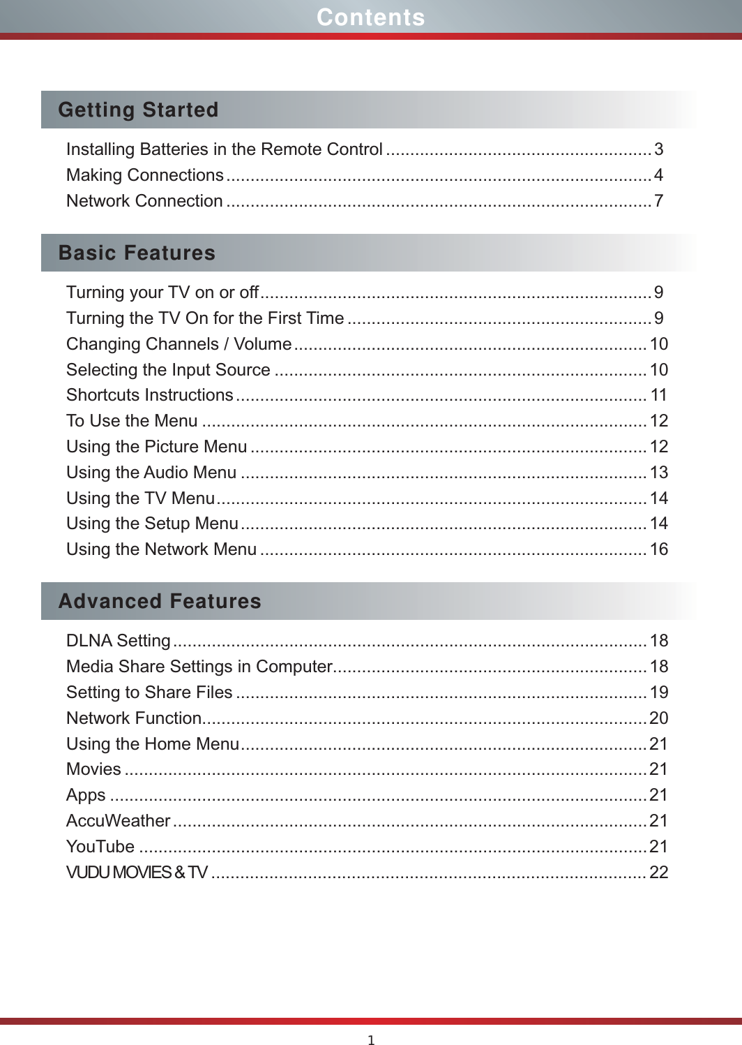 1ContentsGetting StartedInstalling Batteries in the Remote Control .......................................................3Making Connections ........................................................................................4Network Connection ........................................................................................7Basic FeaturesTurning your TV on or off .................................................................................9Turning the TV On for the First Time ............................................................... 9Changing Channels / Volume .........................................................................10Selecting the Input Source .............................................................................10Shortcuts Instructions ..................................................................................... 11To Use the Menu ............................................................................................12Using the Picture Menu ..................................................................................12Using the Audio Menu ....................................................................................13Using the TV Menu .........................................................................................14Using the Setup Menu ....................................................................................14Using the Network Menu ................................................................................16Advanced FeaturesDLNA Setting ..................................................................................................18Media Share Settings in Computer.................................................................18Setting to Share Files .....................................................................................19Network Function............................................................................................20Using the Home Menu ....................................................................................21Movies ............................................................................................................21Apps ...............................................................................................................21AccuWeather ..................................................................................................21YouTube .........................................................................................................2122VUDU MOVIES &amp; TV .......................................................................................... 