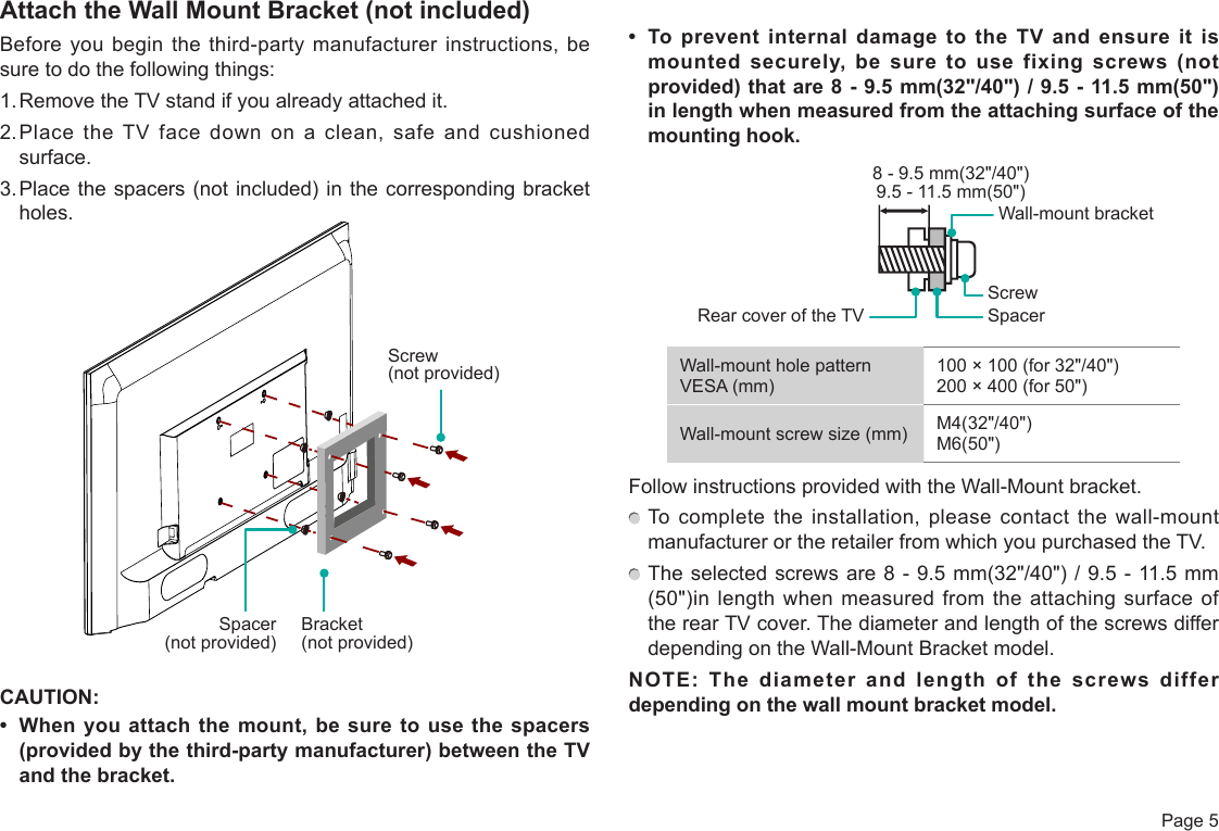  Page 5Attach the Wall Mount Bracket (not included)Before you begin the third-party manufacturer instructions, be sure to do the following things:1. Remove the TV stand if you already attached it. 2. Place the TV face down on a clean, safe and cushioned surface. 3. Place the spacers (not included) in the corresponding bracket holes. CAUTION:• Whenyouattachthe mount,besuretousethespacers(providedbythethird-partymanufacturer)betweentheTVand the bracket.• TopreventinternaldamagetotheTVandensureitismountedsecurely,besuretousefixingscrews(notprovided) that are 8 - 9.5 mm(32&quot;/40&quot;) / 9.5 - 11.5 mm(50&quot;) in length when measured from the attaching surface of the mounting hook.Wall-mount hole pattern VESA (mm)100 × 100 (for 32&quot;/40&quot;)200 × 400 (for 50&quot;)Wall-mount screw size (mm) M4(32&quot;/40&quot;)M6(50&quot;)Follow instructions provided with the Wall-Mount bracket.  To complete the installation, please contact the wall-mount manufacturer or the retailer from which you purchased the TV.  The selected screws are 8 - 9.5 mm(32&quot;/40&quot;) / 9.5 - 11.5 mm (50&quot;)in length when measured from the attaching surface of the rear TV cover. The diameter and length of the screws differ depending on the Wall-Mount Bracket model.NOTE: The diameter and length of the screws differ depending on the wall mount bracket model.Rear cover of the TV SpacerScrewWall-mount bracket8 - 9.5 mm(32&quot;/40&quot;)9.5 - 11.5 mm(50&quot;)Screw (not provided)Bracket (not provided)Spacer (not provided)