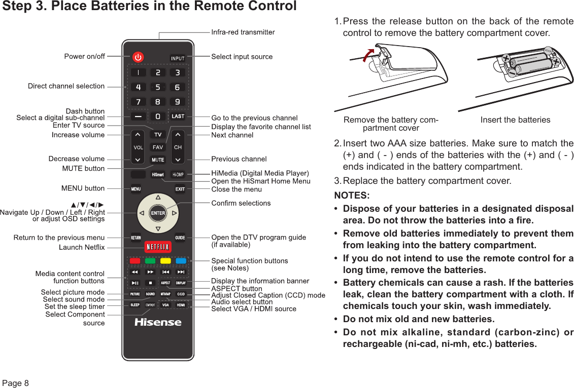 Page 8Step 3. Place Batteries in the Remote Control1. Press the release button on the back of the remote control to remove the battery compartment cover.2. Insert two AAA size batteries. Make sure to match the (+) and ( - ) ends of the batteries with the (+) and ( - ) ends indicated in the battery compartment.3. Replace the battery compartment cover.NOTES:• Disposeofyourbatteriesinadesignateddisposalarea. Do not throw the batteries into a fire.• Removeoldbatteriesimmediatelytopreventthemfromleakingintothebatterycompartment.• Ifyoudonotintendtousetheremotecontrolforalongtime,removethebatteries.• Batterychemicalscancausearash.Ifthebatteriesleak,cleanthebatterycompartmentwithacloth.Ifchemicalstouchyourskin,washimmediately.• Donotmixoldandnewbatteries.• Donotmixalkaline,standard(carbon-zinc)orrechargeable(ni-cad,ni-mh,etc.)batteries.Insert the batteriesRemove the battery com-partment cover