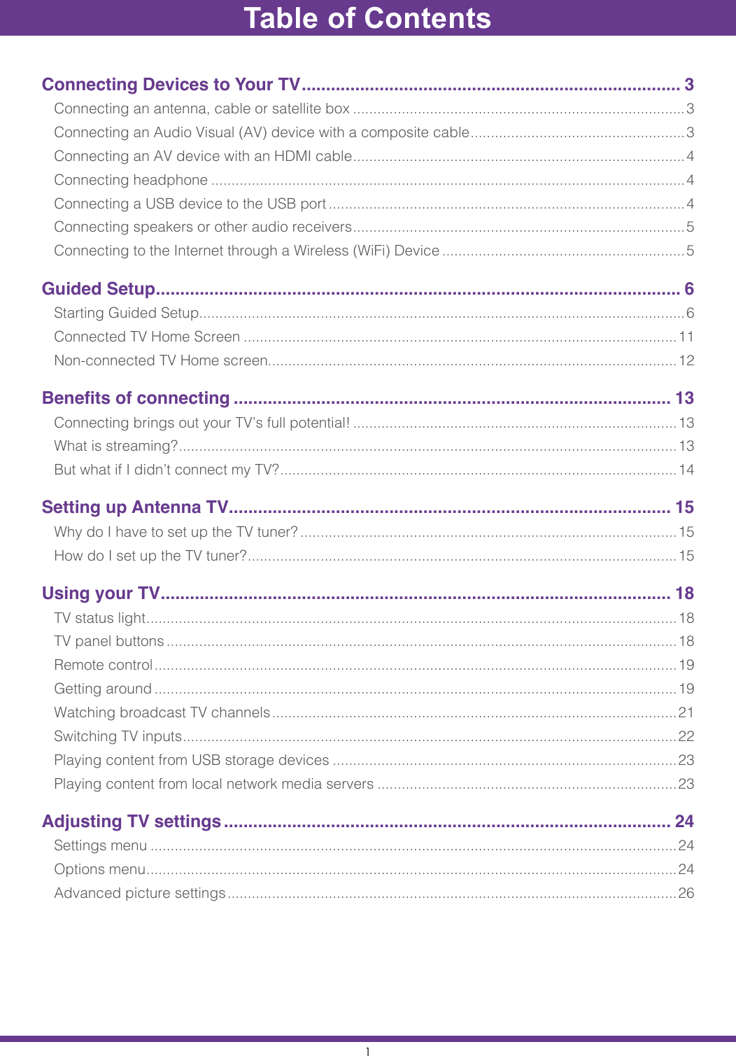 1Table of ContentsConnecting Devices to Your TV .............................................................................. 3Connecting an antenna, cable or satellite box ..................................................................................3Connecting an Audio Visual (AV) device with a composite cable .....................................................3Connecting an AV device with an HDMI cable ..................................................................................4Connecting headphone .....................................................................................................................4Connecting a USB device to the USB port ........................................................................................4Connecting speakers or other audio receivers ..................................................................................5Connecting to the Internet through a Wireless (WiFi) Device ............................................................5Guided Setup ............................................................................................................ 6Starting Guided Setup........................................................................................................................6Connected TV Home Screen ...........................................................................................................11Non-connected TV Home screen.....................................................................................................12Benefits of connecting .......................................................................................... 13Connecting brings out your TV’s full potential! ................................................................................13What is streaming? ...........................................................................................................................13But what if I didn’t connect my TV? ..................................................................................................14Setting up Antenna TV ........................................................................................... 15Why do I have to set up the TV tuner? .............................................................................................15How do I set up the TV tuner? ..........................................................................................................15Using your TV ......................................................................................................... 18TV status light ...................................................................................................................................18TV panel buttons ..............................................................................................................................18Remote control ................................................................................................................................. 19Getting around .................................................................................................................................19Watching broadcast TV channels .................................................................................................... 21Switching TV inputs ..........................................................................................................................22Playing content from USB storage devices .....................................................................................23Playing content from local network media servers ..........................................................................23Adjusting TV settings ............................................................................................ 24Settings menu ..................................................................................................................................24Options menu ...................................................................................................................................24Advanced picture settings ............................................................................................................... 26