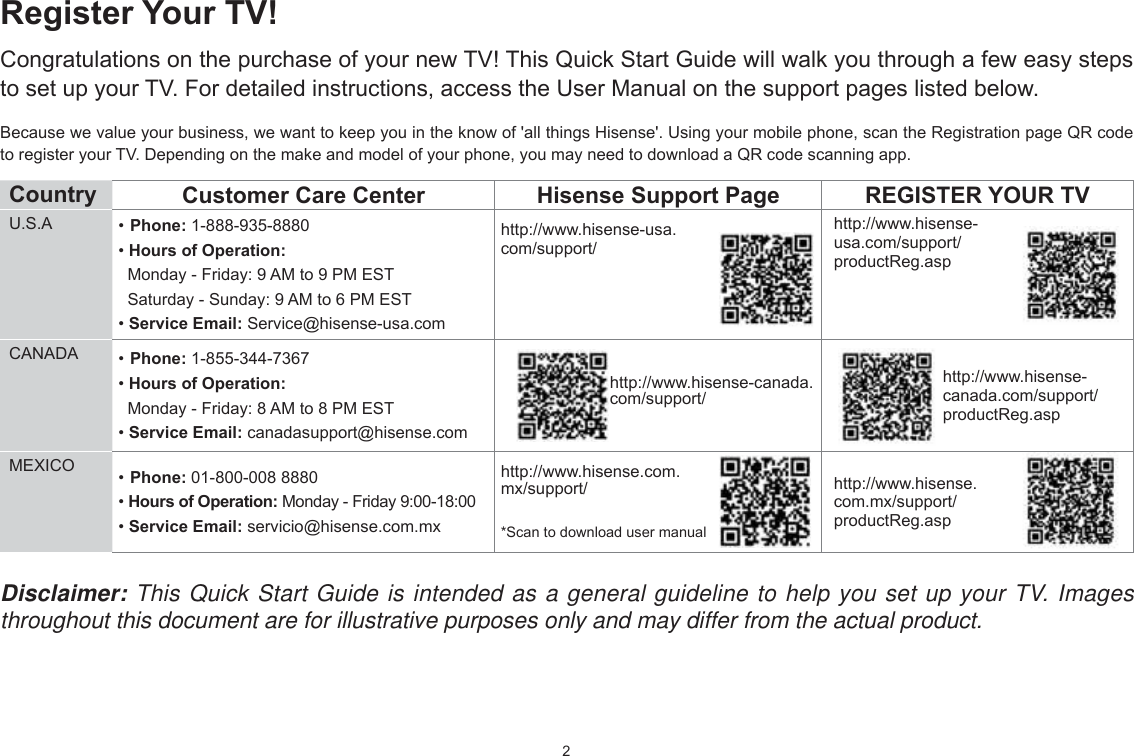 2Register Your TV!Congratulations on the purchase of your new TV! This Quick Start Guide will walk you through a few easy steps to set up your TV. For detailed instructions, access the User Manual on the support pages listed below.Because we value your business, we want to keep you in the know of &apos;all things Hisense&apos;. Using your mobile phone, scan the Registration page QR code to register your TV. Depending on the make and model of your phone, you may need to download a QR code scanning app.Country  Customer Care Center Hisense Support Page REGISTER YOUR TVU.S.A  Phone: 1-888-935-8880 Hours of Operation:  Monday - Friday: 9 AM to 9 PM EST  Saturday - Sunday: 9 AM to 6 PM EST Service Email: Service@hisense-usa.comhttp://www.hisense-usa.com/support/http://www.hisense-usa.com/support/productReg.aspCANADA  Phone: 1-855-344-7367 Hours of Operation:  Monday - Friday: 8 AM to 8 PM EST Service Email: canadasupport@hisense.comhttp://www.hisense-canada.com/support/http://www.hisense-canada.com/support/productReg.aspMEXICO  Phone: 01-800-008 8880 Hours of Operation: Monday - Friday 9:00-18:00 Service Email: servicio@hisense.com.mxhttp://www.hisense.com.mx/support/*Scan to download user manualhttp://www.hisense.com.mx/support/productReg.aspDisclaimer: This Quick Start Guide is intended as a general guideline to help you set up your TV. Images throughout this document are for illustrative purposes only and may differ from the actual product.