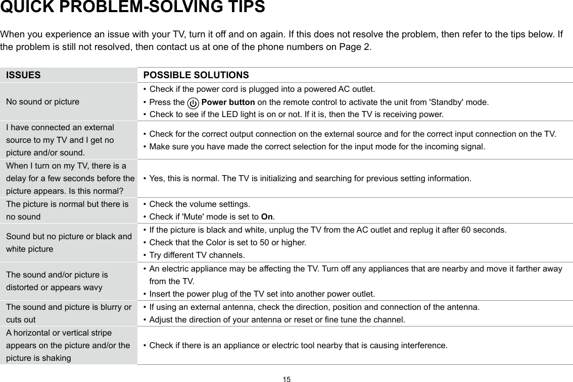 15QUICK PROBLEM-SOLVING TIPSWhen you experience an issue with your TV, turn it off and on again. If this does not resolve the problem, then refer to the tips below. Ifthe problem is still not resolved, then contact us at one of the phone numbers on Page 2.ISSUES POSSIBLE SOLUTIONSNo sound or picture•  Check if the power cord is plugged into a powered AC outlet.• Press the  Powerbutton on the remote control to activate the unit from &apos;Standby&apos; mode.•  Check to see if the LED light is on or not. If it is, then the TV is receiving power.I have connected an external source to my TV and I get no picture and/or sound.• Check for the correct output connection on the external source and for the correct input connection on the TV.• Make sure you have made the correct selection for the input mode for the incoming signal.When I turn on my TV, there is a delay for a few seconds before the picture appears. Is this normal?• Yes, this is normal. The TV is initializing and searching for previous setting information.The picture is normal but there is no sound• Check the volume settings.• Check if &apos;Mute&apos; mode is set to On.Sound but no picture or black and white picture• If the picture is black and white, unplug the TV from the AC outlet and replug it after 60 seconds.• Check that the Color is set to 50 or higher. • Try different TV channels.The sound and/or picture is distorted or appears wavy• An electric appliance may be affecting the TV. Turn off any appliances that are nearby and move it farther away from the TV.• Insert the power plug of the TV set into another power outlet.The sound and picture is blurry or cuts out• If using an external antenna, check the direction, position and connection of the antenna.• Adjust the direction of your antenna or reset or ne tune the channel.A horizontal or vertical stripe appears on the picture and/or the picture is shaking• Check if there is an appliance or electric tool nearby that is causing interference.