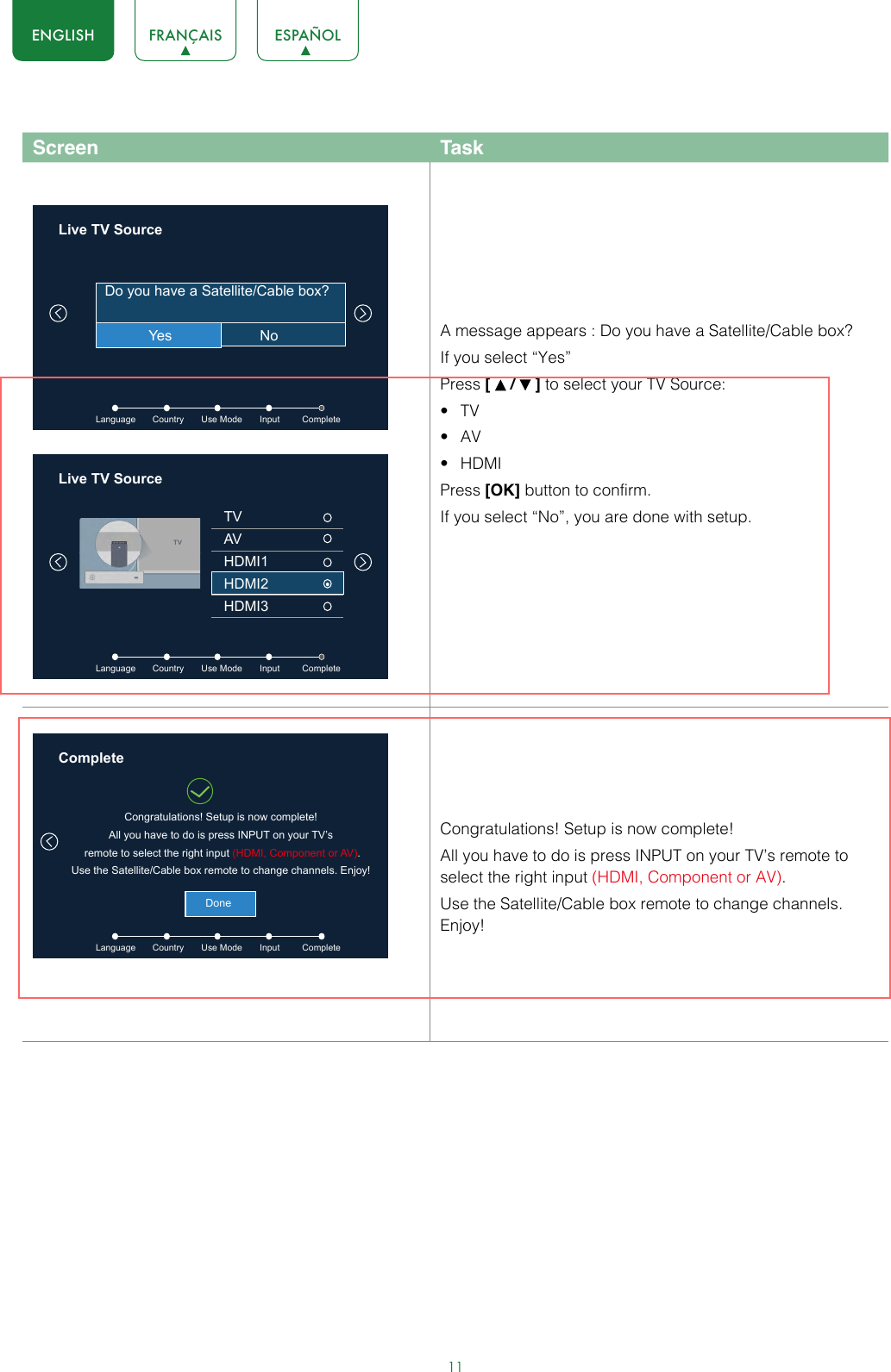 11ENGLISH FRANÇAIS ESPAÑOLScreen TaskLive TV SourceLanguage         Country       Use Mode       Input         Complete Do you have a Satellite/Cable box?            Yes                      NoLive TV SourceLanguage         Country       Use Mode       Input         CompleteTVAVHDMI1HDMI2HDMI3A message appears : Do you have a Satellite/Cable box?If you select “Yes” Press [   /   ] to select your TV Source: • TV• AV• HDMIPress [OK] button to confirm.If you select “No”, you are done with setup.CompleteLanguage         Country       Use Mode       Input         CompleteCongratulations! Setup is now complete!All you have to do is press INPUT on your TV’s remote to select the right input (HDMI, Component or AV).Use the Satellite/Cable box remote to change channels. Enjoy!DoneCongratulations! Setup is now complete!All you have to do is press INPUT on your TV’s remote to select the right input (HDMI, Component or AV).Use the Satellite/Cable box remote to change channels. Enjoy!