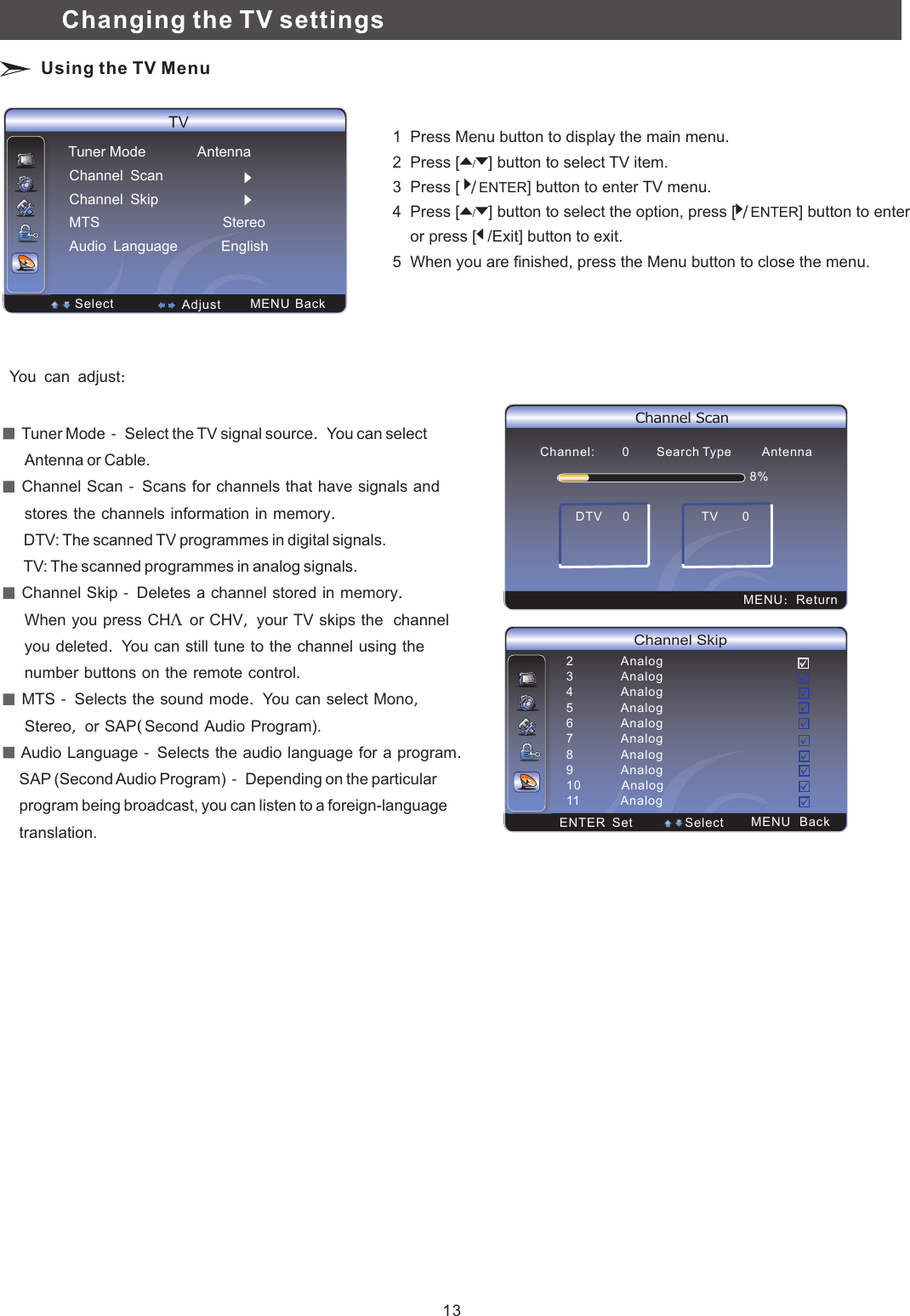 　You　can　adjust：　　　　　　　  Tuner Mode　－　Select the TV signal source．　You can select　　　　Antenna or Cable.  Channel　Scan　－　Scans　for　channels　that　have　signals　and　　　　stores　the　channels　information　in　memory．     DTV: The scanned TV programmes in digital signals.     TV: The scanned programmes in analog signals.   Channel　Skip　－　Deletes　a　channel　stored　in　memory．　　　　　　When　you　press　CHΛ　or　CHV，　your　TV　skips　the 　channel　　　　you　deleted．　You　can　still　tune　to　the　channel　using　the　　　　number　buttons　on　the　remote　control.   MTS　－　Selects　the　sound　mode．　You　can　select　Mono，　　　　Stereo，　or　SAP（Second　Audio　Program).   Audio　Language　－　Selects　the　audio　language　for　a　program．    SAP (Second Audio Program)　－　Depending on the particular     program being broadcast, you can listen to a foreign-language     translation.：Adjust：Adjust　Channel SkipENTER  Set  Select MENU 　Back2              Analog3              Analog4              Analog5              Analog6              Analog7              Analog8              Analog9              Analog10            Analog11            Analog　Channel ScanChannel:        0        Search Type         Antenna8%DTV      0                     TV       050MENU：　ReturnChannel　Scan　　　　　　　　　　　　　Channel　Skip　　　　　　　　　　　　　　MTS　　　　　　　　　　　　　　　　　Stereo　Audio　Language　　　　　　English　　　　　　　　　　　　　　　　　　　　　　　　　　　　　　　　　　　　TVTuner Mode             Antenna  Select Adjust MENU　Back1  Press Menu button to display the main menu.2  Press   button to select TV item. 3  Press [  ] button to enter TV menu.4  Press [ button to select the option, press [ /] button to enter     or press [    button to exit. 5  When you are finished, press the Menu button to close the menu.[/]ENTER/]  ENTER/Exit]/Changing the TV settings Using the TV Menu13